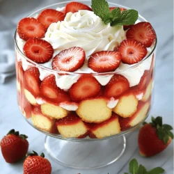 Creating a Strawberry Shortcake Trifle is fun and simple. Here’s what you need: - 2 cups fresh strawberries, hulled and sliced - 1/4 cup granulated sugar - 1 lemon, zested and juiced - 1 cup heavy whipping cream - 1/3 cup powdered sugar - 1 teaspoon pure vanilla extract - 1 pound sponge cake or angel food cake, cut into 1-inch cubes - 1 cup vanilla pudding (store-bought or homemade) - Fresh mint leaves, for garnish These ingredients work together to create layers of flavor and texture. The fresh strawberries bring brightness, while the cream adds richness. You can choose between sponge cake and angel food cake, depending on your preference. Both options are light and airy, making them perfect for layering. The combination of lemon zest and juice adds a refreshing twist. It balances the sweetness of the strawberries and cream. For an extra special touch, garnish your trifle with fresh mint leaves. They add a pop of color and a hint of herbal freshness. This recipe is perfect for gatherings or a special treat at home. Start with these ingredients, and you're on your way to a delightful dessert! For the complete recipe, check out the full recipe section. To start, you need to macerate the strawberries. Take two cups of fresh strawberries, hull them, and slice them. In a medium bowl, mix the strawberries with 1/4 cup of granulated sugar, the zest and juice of one lemon. Stir gently to coat the strawberries. This step is crucial. Allow them to sit for 15-20 minutes at room temperature. They will release their juices and create a sweet syrup. This syrup adds flavor and moisture to your trifle. Next, you will whip the cream. Pour 1 cup of heavy whipping cream into a bowl. Use an electric mixer or a whisk to whip the cream until soft peaks form. This means the cream should hold a shape but still be soft. Then, slowly add in 1/3 cup of powdered sugar and 1 teaspoon of pure vanilla extract. Keep whipping until you reach stiff peaks. This means the cream will hold its shape well and not fall flat. Now, it’s time to assemble your trifle. Choose a large glass trifle dish or individual serving glasses. Start by placing half of the sponge cake or angel food cake cubes at the bottom. Next, spoon half of the vanilla pudding over the cake layer. Follow this with half of the macerated strawberries and their syrup. Then, add half of the whipped cream on top. Repeat this layering with the remaining ingredients. Finish with a layer of whipped cream and garnish with fresh strawberries and mint leaves. Cover the trifle and chill it in the refrigerator for at least 2 hours. This helps all the flavors meld together. You’ll love the sweet layers! For the full recipe, check out the instructions above. Using clear glass for your trifle is key. It lets you show off the beautiful layers. Each layer tells a story of flavor and texture. You can also use individual glasses. This makes serving easy and fun. Garnish with mint leaves for a pop of color. A few fresh strawberries on top adds charm. This small touch makes a big difference. Chilling time is very important. It allows the flavors to blend and develop fully. Aim for at least two hours in the fridge. This rest time helps everything come together. For the cream, whip it until you see stiff peaks. This means it holds its shape well. If it’s too soft, it won’t layer nicely. Using cold bowls and utensils helps the cream whip better. Keep it simple; the goal is a light, airy texture. {{image_4}} You can switch things up for a lighter version of the strawberry shortcake trifle. Here are two easy swaps: - Using Greek yogurt instead of whipped cream: Greek yogurt adds creaminess and tang. It cuts fat and boosts protein. Use plain yogurt for a subtle taste. You can sweeten it with honey or maple syrup if you like. - Sugar substitutes for strawberries: If you want less sugar, use a sugar substitute. Options like stevia or agave syrup work well. They sweeten the berries without adding too many calories. Adjust to taste, as some substitutes may be sweeter than sugar. Get creative with flavors to make your trifle unique. Here are two fun ideas: - Adding other fruits like blueberries or raspberries: Mix in fresh blueberries or raspberries with the strawberries. They add vibrant color and a tangy twist. Layer different fruits for a burst of flavor in every bite. - Infusing flavors with mint or citrus: Add fresh mint leaves for a refreshing touch. You can also zest some lime or orange into the whipped cream. This will brighten the trifle and give it a zesty kick. Feel free to explore these variations to suit your taste. You can find the full recipe [here]. To keep your strawberry shortcake trifle fresh, store it in the fridge. Use an airtight container or cover it tightly with plastic wrap. This helps prevent the trifle from drying out. You can keep it in the fridge for about 2 to 3 days. After that, the layers may start to blend together, losing their distinct look. Can you freeze trifle? It's best not to freeze it. The cream and fresh fruit may change texture when thawed. If you freeze it, the whipped cream might become watery, and the strawberries could turn mushy. That said, you can freeze the sponge cake separately. Just let it cool completely, wrap it well, and it will last for up to 3 months. When you are ready, thaw it and assemble your trifle using the [Full Recipe]. Yes, you can make the trifle a day ahead. In fact, making it early helps the flavors blend well. Just assemble the trifle and cover it tightly. Store it in the fridge until you are ready to serve. This way, you save time and impress your guests. You can use frozen strawberries. Thaw them in the fridge overnight for the best flavor. Drain excess liquid before adding them to the trifle. This keeps the dessert from getting too soggy. You can also add a little sugar to enhance their sweetness after thawing. Both sponge cake and angel food cake work well. Sponge cake is richer and denser. It absorbs the juices well, making it soft and flavorful. Angel food cake is lighter and fluffier. It is great for a less heavy dessert. Choose based on your taste. You can add unique flavors to your trifle. Try mixing in different fruits like blueberries or raspberries. You can also add a splash of citrus juice for brightness. Experiment with flavored pudding or whipped cream. Each twist makes your trifle special and fun to enjoy. For the full recipe, check out Strawberry Shortcake Trifle Delight. This blog post covered making a delicious fruit trifle. We explored key ingredients like strawberries and whipped cream, step-by-step instructions, and helpful tips for presentation. You learned how to create layers that look great and taste amazing. Remember, you can customize the trifle with various fruits and healthier options. Enjoy experimenting with flavors and techniques! Your trifle will impress everyone and be a real treat. Keep these ideas in mind, and enjoy your tasty creation!