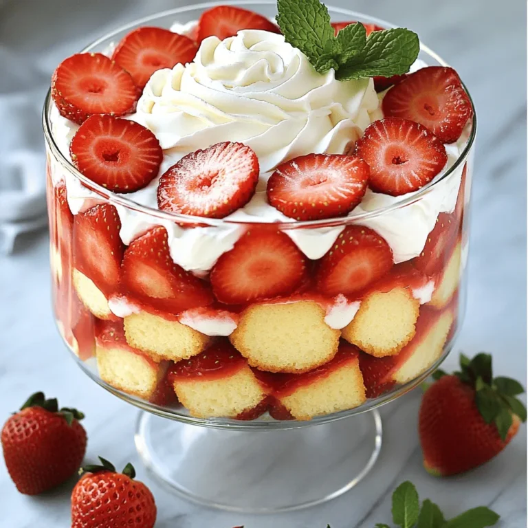 Creating a Strawberry Shortcake Trifle is fun and simple. Here’s what you need: - 2 cups fresh strawberries, hulled and sliced - 1/4 cup granulated sugar - 1 lemon, zested and juiced - 1 cup heavy whipping cream - 1/3 cup powdered sugar - 1 teaspoon pure vanilla extract - 1 pound sponge cake or angel food cake, cut into 1-inch cubes - 1 cup vanilla pudding (store-bought or homemade) - Fresh mint leaves, for garnish These ingredients work together to create layers of flavor and texture. The fresh strawberries bring brightness, while the cream adds richness. You can choose between sponge cake and angel food cake, depending on your preference. Both options are light and airy, making them perfect for layering. The combination of lemon zest and juice adds a refreshing twist. It balances the sweetness of the strawberries and cream. For an extra special touch, garnish your trifle with fresh mint leaves. They add a pop of color and a hint of herbal freshness. This recipe is perfect for gatherings or a special treat at home. Start with these ingredients, and you're on your way to a delightful dessert! For the complete recipe, check out the full recipe section. To start, you need to macerate the strawberries. Take two cups of fresh strawberries, hull them, and slice them. In a medium bowl, mix the strawberries with 1/4 cup of granulated sugar, the zest and juice of one lemon. Stir gently to coat the strawberries. This step is crucial. Allow them to sit for 15-20 minutes at room temperature. They will release their juices and create a sweet syrup. This syrup adds flavor and moisture to your trifle. Next, you will whip the cream. Pour 1 cup of heavy whipping cream into a bowl. Use an electric mixer or a whisk to whip the cream until soft peaks form. This means the cream should hold a shape but still be soft. Then, slowly add in 1/3 cup of powdered sugar and 1 teaspoon of pure vanilla extract. Keep whipping until you reach stiff peaks. This means the cream will hold its shape well and not fall flat. Now, it’s time to assemble your trifle. Choose a large glass trifle dish or individual serving glasses. Start by placing half of the sponge cake or angel food cake cubes at the bottom. Next, spoon half of the vanilla pudding over the cake layer. Follow this with half of the macerated strawberries and their syrup. Then, add half of the whipped cream on top. Repeat this layering with the remaining ingredients. Finish with a layer of whipped cream and garnish with fresh strawberries and mint leaves. Cover the trifle and chill it in the refrigerator for at least 2 hours. This helps all the flavors meld together. You’ll love the sweet layers! For the full recipe, check out the instructions above. Using clear glass for your trifle is key. It lets you show off the beautiful layers. Each layer tells a story of flavor and texture. You can also use individual glasses. This makes serving easy and fun. Garnish with mint leaves for a pop of color. A few fresh strawberries on top adds charm. This small touch makes a big difference. Chilling time is very important. It allows the flavors to blend and develop fully. Aim for at least two hours in the fridge. This rest time helps everything come together. For the cream, whip it until you see stiff peaks. This means it holds its shape well. If it’s too soft, it won’t layer nicely. Using cold bowls and utensils helps the cream whip better. Keep it simple; the goal is a light, airy texture. {{image_4}} You can switch things up for a lighter version of the strawberry shortcake trifle. Here are two easy swaps: - Using Greek yogurt instead of whipped cream: Greek yogurt adds creaminess and tang. It cuts fat and boosts protein. Use plain yogurt for a subtle taste. You can sweeten it with honey or maple syrup if you like. - Sugar substitutes for strawberries: If you want less sugar, use a sugar substitute. Options like stevia or agave syrup work well. They sweeten the berries without adding too many calories. Adjust to taste, as some substitutes may be sweeter than sugar. Get creative with flavors to make your trifle unique. Here are two fun ideas: - Adding other fruits like blueberries or raspberries: Mix in fresh blueberries or raspberries with the strawberries. They add vibrant color and a tangy twist. Layer different fruits for a burst of flavor in every bite. - Infusing flavors with mint or citrus: Add fresh mint leaves for a refreshing touch. You can also zest some lime or orange into the whipped cream. This will brighten the trifle and give it a zesty kick. Feel free to explore these variations to suit your taste. You can find the full recipe [here]. To keep your strawberry shortcake trifle fresh, store it in the fridge. Use an airtight container or cover it tightly with plastic wrap. This helps prevent the trifle from drying out. You can keep it in the fridge for about 2 to 3 days. After that, the layers may start to blend together, losing their distinct look. Can you freeze trifle? It's best not to freeze it. The cream and fresh fruit may change texture when thawed. If you freeze it, the whipped cream might become watery, and the strawberries could turn mushy. That said, you can freeze the sponge cake separately. Just let it cool completely, wrap it well, and it will last for up to 3 months. When you are ready, thaw it and assemble your trifle using the [Full Recipe]. Yes, you can make the trifle a day ahead. In fact, making it early helps the flavors blend well. Just assemble the trifle and cover it tightly. Store it in the fridge until you are ready to serve. This way, you save time and impress your guests. You can use frozen strawberries. Thaw them in the fridge overnight for the best flavor. Drain excess liquid before adding them to the trifle. This keeps the dessert from getting too soggy. You can also add a little sugar to enhance their sweetness after thawing. Both sponge cake and angel food cake work well. Sponge cake is richer and denser. It absorbs the juices well, making it soft and flavorful. Angel food cake is lighter and fluffier. It is great for a less heavy dessert. Choose based on your taste. You can add unique flavors to your trifle. Try mixing in different fruits like blueberries or raspberries. You can also add a splash of citrus juice for brightness. Experiment with flavored pudding or whipped cream. Each twist makes your trifle special and fun to enjoy. For the full recipe, check out Strawberry Shortcake Trifle Delight. This blog post covered making a delicious fruit trifle. We explored key ingredients like strawberries and whipped cream, step-by-step instructions, and helpful tips for presentation. You learned how to create layers that look great and taste amazing. Remember, you can customize the trifle with various fruits and healthier options. Enjoy experimenting with flavors and techniques! Your trifle will impress everyone and be a real treat. Keep these ideas in mind, and enjoy your tasty creation!
