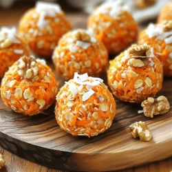 For these tasty carrot cake energy bites, gather the following ingredients: - 1 cup rolled oats - 1 cup freshly grated carrots (about 2 medium carrots) - 1/2 cup almond butter (or any preferred nut butter) - 1/4 cup honey or maple syrup (adjust based on sweetness preference) - 1/4 cup unsweetened shredded coconut - 1 teaspoon vanilla extract - 1 teaspoon ground cinnamon - 1/2 teaspoon ground ginger - 1/4 teaspoon ground nutmeg - 1/4 cup finely chopped walnuts (or pecans, if desired) - A pinch of sea salt You can easily customize these energy bites to suit your taste. Here are some fun options: - Add chocolate chips for a sweet twist. - Include raisins or cranberries for a chewy texture. - Substitute peanut butter for a different nutty flavor. - Try using sunflower seeds for a nut-free option. These variations make the bites more fun and enjoyable for everyone. Each ingredient in these energy bites brings health benefits: - Rolled oats provide fiber, aiding digestion and keeping you full. - Carrots are rich in beta-carotene, great for your vision. - Almond butter offers healthy fats and protein to fuel your day. - Honey or maple syrup gives natural sweetness and quick energy. - Coconut adds healthy fats and can support heart health. - Walnuts are packed with omega-3 fatty acids, good for brain health. These ingredients not only taste great but also support a balanced diet. For the full recipe, check out the detailed instructions to make these delicious bites. Making carrot cake energy bites is simple. You start with fresh ingredients and mix them. Gather everything you need first. This helps you stay organized. 1. In a big bowl, mix rolled oats and grated carrots. 2. Add almond butter and honey. Stir until it is smooth. 3. Now, add shredded coconut, vanilla, cinnamon, ginger, nutmeg, walnuts, and sea salt. Mix well. All ingredients should blend together nicely. 1. Wet your hands slightly to stop the mixture from sticking. 2. Take small amounts of the mixture and roll them into balls. Aim for about 1 inch in size. 3. Place each ball on a baking sheet with parchment paper. Keep space between them. 4. Chill in the fridge for at least 30 minutes to help them firm up. 5. After chilling, store them in an airtight container. They can last a week in the fridge. For the full recipe, check out the detailed steps above. Enjoy your healthy snack! When making carrot cake energy bites, avoid adding too much liquid. The mixture should be sticky but not wet. If it feels too loose, add more oats. Another mistake is skipping the chill time. Chilling helps the bites firm up and makes them easier to eat. To get the best texture, use freshly grated carrots. Fresh carrots add moisture and flavor. Also, make sure to mix well. This ensures that all the ingredients blend together. If the bites are too crumbly, try adding a bit more almond butter. This will help bind everything nicely. You can enhance the flavor by adding a pinch of sea salt. This boosts the sweetness and balances the spices. You might also consider adding a splash of orange juice for a fresh twist. For a nutty flavor, use different nuts. Pecans or hazelnuts work great too. Experiment with spices like allspice or cardamom for more depth. For the full recipe, check the [Full Recipe]. {{image_4}} If you want nut-free energy bites, swap almond butter for sunflower seed butter. This keeps the bites creamy and tasty. You can also use pumpkin seed butter. Both options give a nice flavor without nuts. You can add different flavors to your energy bites. Try mixing in some raisins or cranberries for sweetness. A tablespoon of cocoa powder can give a chocolate twist. You can also sprinkle in some chia seeds for added crunch and nutrition. These energy bites can fit many diets. For gluten-free bites, use certified gluten-free oats. To keep it vegan, replace honey with maple syrup. This keeps the bites sweet while making them plant-based. You can also use agave syrup as another sweet option. Enjoy these bites worry-free! To keep your carrot cake energy bites fresh, use an airtight container. Glass or plastic works well. Label the container with the date you made them. This way, you’ll know how long they’ve been stored. Place the container in the fridge. This method keeps them tasty for about a week. To maintain freshness, avoid leaving them out at room temperature. The warmth can make them soft and lose their bite. If you want to keep them on the counter, only do so for a few hours. For longer storage, the fridge is always best. You can freeze the energy bites for longer storage. Just place them in a freezer-safe bag or container. Make sure to separate each bite with parchment paper. This way, they won't stick together. When you're ready to eat, take out what you need. Let them thaw in the fridge or at room temperature. Enjoy your delicious snack later! For the complete recipe, check out the Full Recipe section. Carrot Cake Energy Bites can last up to a week in the fridge. Store them in an airtight container to keep them fresh. If you want to keep them longer, try freezing them. Just make sure to wrap them well. They can last for about three months in the freezer. Yes, you can use different nut butters. Peanut butter, cashew butter, and sunflower seed butter all work well. Each nut butter adds its own flavor and texture. Feel free to experiment and find your favorite one. Just keep in mind that some nut butters may be sweeter or saltier. Absolutely! Carrot Cake Energy Bites are great for kids. They are filled with healthy ingredients and are easy to make. Kids enjoy the sweet taste and fun texture. You can also get them involved in the mixing and rolling process. It’s a fun way to teach them about healthy snacks. This blog post covered how to make delicious Carrot Cake Energy Bites. We explored the ingredients, preparation steps, and tips for success. You learned about variations, storage methods, and frequently asked questions. These bites are not only tasty but also healthy. They fit different diets and are easy to customize. Try making them your own! Enjoy your carrot cake energy bites, and feel good knowing they are packed with nutrition.