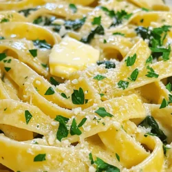 To make creamy garlic Parmesan pasta, you'll need a few key items. This dish is simple yet full of flavor. You’ll love how easy it is to put together. Here’s what you need for the best creamy garlic Parmesan pasta: - 8 ounces fettuccine or spaghetti - 4 tablespoons unsalted butter - 4 cloves of garlic, finely minced - 1 cup heavy cream - 1 cup freshly grated Parmesan cheese - Salt and freshly ground black pepper, to taste - 1 teaspoon Italian seasoning blend These ingredients work together to create a rich and creamy sauce. The garlic adds a nice kick, while the Parmesan gives it a deep flavor. You can add a few extra items to make your dish even better: - 1 cup baby spinach leaves (for added nutrition) - Fresh parsley, finely chopped (for garnish) Adding spinach boosts the health factor. The parsley adds a fresh touch. You can mix and match these options based on what you like. Enjoy making this dish with your own twist! First, grab a large pot and fill it with water. Add a generous amount of salt. Bring the water to a rapid boil. Once it's boiling, add 8 ounces of fettuccine or spaghetti. Cook it according to the package instructions, usually about 8 to 10 minutes. You want the pasta to be al dente, or firm to the bite. Before you drain the pasta, save 1 cup of the pasta water. This water will help adjust the sauce later. After saving the water, drain the pasta and set it aside. In the same pot, keep the heat at medium. Add 4 tablespoons of unsalted butter and let it melt completely. Once the butter is melted, add 4 finely minced garlic cloves. Sauté the garlic for about 1 minute. Watch closely to avoid browning the garlic. If it browns, it will taste bitter. Next, pour in 1 cup of heavy cream. Stir gently, then bring it to a light simmer. Gradually whisk in 1 cup of freshly grated Parmesan cheese. Keep whisking until the cheese melts and the sauce is creamy. Now, lower the heat a little. Season your sauce with salt, freshly cracked black pepper, and 1 teaspoon of Italian seasoning blend. If you want to add nutrition, toss in 1 cup of baby spinach leaves. Stir until the spinach wilts, which takes about 1 to 2 minutes. After that, return the drained pasta to the pot with the sauce. Toss it well to coat each piece of pasta in the creamy garlic sauce. If the sauce feels too thick, add some of the reserved pasta water. Stir until you reach your desired creaminess. Finally, serve your creamy garlic Parmesan pasta on plates and sprinkle freshly chopped parsley on top for a fresh look. This dish is a true delight and perfect for any dinner! For the full recipe, check the section above. To keep garlic from burning, watch the heat. Use medium heat when you sauté. Garlic burns quickly and can turn bitter. Sauté for about one minute until it smells good. If it starts to brown, lower the heat. You want it soft and fragrant, not dark. The sauce may be too thick at times. If it is, use the reserved pasta water. Add a little at a time while stirring. This will help make the sauce creamy. If it's too thin, let it simmer longer. This will thicken it up nicely. Fettuccine and spaghetti work best for this dish. They hold the sauce well. Other pastas like penne or linguine could work too. Choose what you like best. Each pasta brings a unique touch to the meal. {{image_4}} You can add protein to make this dish heartier. Chicken works well with creamy garlic sauce. Simply cook chicken breast in the pan before adding garlic. Slice it and mix with pasta. Shrimp is another great choice. Sauté shrimp until pink, then toss with the pasta. Both options enhance flavor and make the meal more filling. For a vegetarian twist, try adding mushrooms or zucchini. Sauté these veggies with garlic for more depth. If you want a vegan version, swap heavy cream for coconut cream or cashew cream. Use nutritional yeast instead of Parmesan for a cheesy flavor without dairy. Your dish will still be creamy and delicious! You can elevate the flavor by adding herbs. Fresh basil or thyme adds a lovely touch. Spices like red pepper flakes bring heat to the dish. Vegetables like sun-dried tomatoes or bell peppers add color and taste. Experiment with these options to make your creamy garlic Parmesan pasta unique and exciting. For the complete dish, check out the Full Recipe. To store leftover creamy garlic Parmesan pasta, place it in an airtight container. Make sure it cools to room temperature before sealing. This way, it stays fresh for up to three days. Keep it in the fridge. If you notice any changes in color or smell, throw it away. When you're ready to enjoy the pasta again, reheat it slowly. Use a skillet over low heat. Add a splash of water or cream to help revive the sauce. Stir gently until it warms up. You can also use a microwave. Heat in short bursts, stirring in between. This keeps the sauce creamy and smooth. If you want to save some for later, freezing is a great option. Place the cooled pasta in a freezer-safe container. It can last up to three months in the freezer. When ready to eat, thaw it overnight in the fridge. Reheat it as mentioned above. The flavor remains delicious, just like the full recipe! Yes, you can use other cheeses. Some good options are mozzarella, pecorino, or fontina. Each cheese brings a unique flavor. Mixing cheeses can add depth to your dish. Just remember to grate them finely for easy melting. Experiment with your favorites to find new tastes. To make this dish gluten-free, swap regular pasta for gluten-free pasta. Many brands now offer great options that cook well. Check the package instructions for cooking times. Be sure to use gluten-free breadcrumbs if you want a crunchy topping. Always read labels to avoid hidden gluten in sauces or seasonings. This creamy dish pairs well with many sides. Here are a few ideas: - Garlic bread: A classic choice that complements the flavors. - Steamed vegetables: Broccoli or green beans add color and nutrition. - Salad: A fresh side salad brings a nice crunch. - Grilled chicken or shrimp: For added protein and heartiness. These sides make your meal more balanced and enjoyable! You have learned how to make creamy garlic parmesan pasta. We explored key ingredients, step-by-step cooking, and ways to enhance flavor. I shared tips to avoid burning garlic and ways to store leftovers. Remember, you can easily adapt this dish with different proteins or veggies. With practice, you will master this recipe and impress your family and friends. Enjoy this creamy delight whenever you wish!