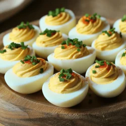 - 6 large eggs - 3 tablespoons creamy mayonnaise - 1 teaspoon tangy Dijon mustard - 1 teaspoon apple cider vinegar - 1/4 teaspoon smoky paprika - Salt and freshly cracked black pepper to taste - 1 tablespoon fresh chives, finely chopped - A few dashes of your favorite hot sauce (optional) You can swap mayonnaise with Greek yogurt for a lighter dish. This change keeps the creaminess while cutting calories. If you want a vegan option, use mashed avocado instead. It adds a nice flavor and a green hue. For a lower-calorie version, try using a mix of cottage cheese and mustard. This mix gives you the creaminess without the extra fat. These swaps offer tasty ways to adapt the classic deviled egg recipe. You can still enjoy the rich flavors while meeting your dietary needs. If you want to explore even more variations, check the Full Recipe for additional insights! To begin, place the eggs in a pot and cover them with cold water. The water should be about an inch above the eggs. Set the pot on medium-high heat until the water boils. Once boiling, cover the pot and remove it from heat. Let the eggs sit in the hot water for 9-12 minutes. For creamy yolks, aim for 9 minutes. For firmer yolks, go for 12 minutes. After the time is up, transfer the eggs to an ice bath. This cools them quickly and helps with peeling. Let them sit in the ice bath for at least 5 minutes. When cool, gently peel the eggs. If the shell sticks, try peeling them under cool running water. Next, slice each egg in half lengthwise. Carefully scoop the yolks into a mixing bowl. To the yolks, add 3 tablespoons of creamy mayonnaise, 1 teaspoon of Dijon mustard, 1 teaspoon of apple cider vinegar, and 1/4 teaspoon of smoky paprika. Season with salt and black pepper to taste. Use a fork to mash the mixture until it’s smooth and creamy. Taste the filling and adjust the seasoning if needed. If you want a kick, add a few dashes of your favorite hot sauce. This adds a nice layer of flavor. Now it's time to fill the egg whites. You can spoon the mixture in, but for a fun look, use a piping bag with a star tip. This gives a pretty swirl on top. For a nice finish, sprinkle some chopped chives on top. You can also add more smoked paprika for color. Arrange the deviled eggs on a plate for a beautiful presentation. Serve them chilled or at room temperature for the best flavor. For the full recipe, check out the details above! To make deviled eggs great, avoid common mistakes. One big mistake is overcooking the eggs. This can turn the yolk green and make it taste bad. To get this right, follow the timing in the full recipe closely. Peeling eggs can be tricky too. If the shell sticks, try this quick method: place the cooked eggs in an ice bath. The cold water helps separate the shell from the egg. You can also peel them under running water. This can save time and keep the egg intact. Deviled eggs shine at parties. Pair them with fresh veggies or crisp crackers. These sides add crunch and balance. You can also serve them with a light dip. This will make your spread more exciting. For time-saving tips, make the filling ahead. Store it in the fridge until you are ready to fill the eggs. This cuts down on last-minute work. You can whip these up in no time. Garnishing can elevate your dish. Try adding sliced radishes or a sprinkle of paprika. This adds color and flavor. You can use fresh herbs like dill or parsley for a burst of freshness. Experiment with spices too. A dash of cayenne or smoked paprika can give your eggs a kick. These small changes can make a big difference in taste and presentation. {{image_4}} You can spice up your deviled eggs in fun ways. Try making spicy deviled eggs. Just add diced jalapeños or a sprinkle of cayenne pepper to the yolk mix. This gives your eggs a nice kick. Another tasty twist is to make avocado deviled eggs. Swap out some mayonnaise for mashed avocado. This adds creaminess and a fresh flavor. You can also mix in some lime juice for a zesty touch. If you follow a keto diet, you can still enjoy deviled eggs. Use full-fat mayonnaise and avoid any added sugars. You can even add cooked bacon bits for extra flavor. This makes for a satisfying and low-carb snack. For those needing low-sodium options, reduce the salt. You can enhance flavor with fresh herbs like dill or parsley. These herbs add taste without the extra sodium. When holidays come around, you can get creative with your deviled eggs. For Halloween, add a bit of black food coloring to the yolk mix. It makes a spooky treat that looks great on a platter. Cultural variations can also add fun. For a Mediterranean twist, mix in some feta cheese and olives. This gives your eggs a unique flavor that’s sure to impress. Explore these variations for your next gathering. They’re sure to delight your guests. For the full recipe, check out the details above! To keep deviled eggs fresh, store them in the refrigerator. Place them in a sealed container. This helps keep them safe from other smells and keeps them moist. If you have leftover filling, store it separately. Cover it tightly to avoid drying out. You can make deviled eggs ahead of time for events. Prepare the eggs and filling in advance, but wait to assemble them until just before serving. This keeps them looking fresh. You should not freeze deviled eggs, as freezing changes the texture. The egg whites can become rubbery and unappetizing. In the fridge, deviled eggs can last up to three days. Always check for signs of spoilage. If the eggs smell bad or look slimy, it’s time to toss them. Keeping an eye on them will ensure you serve only the best to your guests. To boil eggs for deviled eggs, timing is key. For creamy yolks, boil for 9 minutes. If you want firmer yolks, increase the time to 12 minutes. After boiling, cool the eggs quickly in ice water. This stops cooking and makes peeling easier. Yes, you can make deviled eggs the day before. Prepare the filling and store it in the fridge. Keep the egg whites separate until you are ready to serve. This keeps them fresh and tasty. To boost flavor, try these mix-ins: - Chopped pickles or relish for tang - Crumbled bacon for a savory touch - Sriracha or hot sauce for heat - Avocado for creaminess Experiment with different ingredients to find your favorite combo. A green yolk means the eggs cooked too long. To avoid this, follow these tips: - Don’t boil too long; stick to 9-12 minutes. - Cool the eggs in ice water right after boiling. This helps keep the yolks bright and yellow. For a full recipe, check out my Zesty Deviled Eggs with a Smoky Kick. Deviled eggs are simple, tasty, and versatile. We explored key ingredients, adjustments, and unique variations. With the right method, anyone can make them perfectly. Suggested add-ins and garnishes increase flavor and appeal. Remember to store them properly for the best taste. Try making them ahead for parties or gatherings. With creativity, you can personalize this classic dish. Enjoy crafting deviled eggs that delight your guests and family!