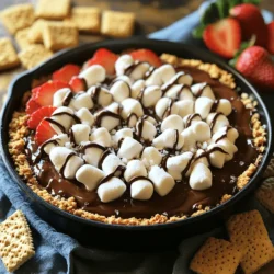 To make the best S'mores Dip, you need just a few key ingredients: - 1 cup semi-sweet chocolate chips - 1 cup mini marshmallows - 1 tablespoon unsalted butter - 1 teaspoon pure vanilla extract - 1/2 cup graham cracker crumbs - Pinch of sea salt These ingredients blend to create a warm and gooey dip that everyone loves. The chocolate chips give a rich taste, while the marshmallows add that fluffy touch. You can add fun toppings to make your S'mores Dip even better: - Crushed graham crackers - Chocolate syrup - Extra mini marshmallows - Whipped cream These toppings are not necessary but can really up the fun factor. They add flavor and texture, making each bite even more exciting. When it comes to dipping, you have some tasty options: - Extra graham crackers - Fresh strawberries - Pretzel sticks - Apple slices These items work great for scooping up the dip. The crunch from graham crackers or pretzels pairs well with the soft dip. Strawberries add a nice fruity twist, while apple slices give a fresh bite. Check out the Full Recipe to get started on this delightful treat! Gather your ingredients first. You will need: - 1 cup semi-sweet chocolate chips - 1 cup mini marshmallows - 1 tablespoon unsalted butter - 1 teaspoon pure vanilla extract - 1/2 cup graham cracker crumbs - Pinch of sea salt - Extra graham crackers and fresh strawberries for dipping Preheat your oven to 350°F (175°C). This step is key for baking. Next, take a medium oven-safe skillet. Melt the butter over low heat. Once melted, remove the skillet from the heat. Sprinkle the graham cracker crumbs evenly over the melted butter. Stir gently to combine. Press this mixture down to form a crust at the bottom. After prepping, layer the chocolate chips over the crust. Make sure to cover it completely. Next, scatter the mini marshmallows on top of the chocolate. This creates a fluffy layer that melts nicely. Now, place the skillet in your preheated oven. Bake for about 15 minutes. Keep an eye on it until the marshmallows are golden brown and the chocolate bubbles. Once baked, remove the skillet from the oven. Drizzle the vanilla extract over the dip. Sprinkle a pinch of sea salt for extra flavor. Let it cool for a few minutes before serving. Serve the dip directly from the skillet. This gives it a warm and rustic feel. Add extra graham crackers and fresh strawberry slices on the side. These make perfect dippers for your gooey treat. Enjoy this delightful dish with family and friends for a cozy gathering. For the complete recipe, check out the full recipe section above. To get those perfect golden marshmallows, watch them closely while baking. You want them to puff up and turn a light brown. If they brown too fast, your dip may burn. I often use mini marshmallows, as they toast quickly and evenly. If you want a crispier top, broil them for a minute after baking. You can make S'mores Dip in three ways. The oven works best, but you can also use a campfire or microwave. For the oven, bake at 350°F until bubbly. A campfire lets you toast marshmallows directly over the flame, which adds a smoky flavor. If you're short on time, the microwave is an option. Heat it in 30-second bursts, stirring between each, until melted. If you find your dip too sweet, adjust the chocolate or marshmallows. Use dark chocolate for a richer flavor. You can also add a pinch of salt to balance sweetness. For creamier texture, mix in a little cream cheese or sour cream. This will add tang and keep the dip smooth. Enjoy experimenting to find your perfect blend! {{image_4}} You can switch up the chocolate in your S'mores Dip! Use dark chocolate for a richer taste. Milk chocolate gives a sweeter flavor. For a fun twist, try white chocolate. Each type brings a new taste, so have fun experimenting! Want to make your dip even better? Add a dollop of peanut butter or almond butter. It mixes well with chocolate and gives a nutty taste. You can also try adding a splash of mint or orange extract for a fresh twist. These flavors make your dip extra special! You can enjoy S'mores Dip even if you have dietary needs. For a vegan version, use dairy-free chocolate chips and coconut oil instead of butter. To make it gluten-free, choose gluten-free graham crackers. This way, everyone can share in the fun of this tasty treat! For the full recipe, check out the detailed steps above. To keep your S'mores Dip fresh, let it cool first. Then, cover it with plastic wrap. You can also use an airtight container. Store it in the fridge for up to three days. When you want to enjoy it again, simply reheat it. When you are ready to eat the leftover dip, use the oven or microwave. For the oven, preheat it to 350°F (175°C). Place the dip in an oven-safe dish and heat for about 10 minutes. For the microwave, use a microwave-safe bowl. Heat it for 30 seconds, then stir. Repeat until warm. You can freeze S'mores Dip, but it may change texture. To freeze, let it cool completely. Place it in a freezer-safe container. Label it with the date. It can stay in the freezer for up to two months. To enjoy, thaw it overnight in the fridge before reheating. Using these storage tips, you can keep your S'mores Dip tasty and ready to share! For the full recipe, check earlier sections of this article. Yes, you can swap out chocolate types. Milk chocolate, dark chocolate, or even white chocolate work well. Each type gives a unique taste. Feel free to mix different chocolates for fun flavors. You can store S'mores Dip in the fridge for up to three days. Just make sure to cover it tightly. The dip may harden a bit, but you can warm it up again. Yes, you can prepare the dip ahead. Just bake it when you are ready to serve. This way, you save time and enjoy fresh, warm dip with friends. While graham crackers are classic, try pretzels, fruit skewers, or cookie pieces. Each option adds a special twist. Strawberries, bananas, or even apple slices taste great too. Absolutely! Combine the ingredients in a microwave-safe bowl. Heat in 30-second bursts, stirring in between. Stop when the chocolate melts and marshmallows puff up. For the full recipe, check out the decadent S'mores Dip section. It includes all the yummy ingredients and steps needed to create this delightful treat. S'mores dip is a fun treat that combines gooey marshmallows and rich chocolate. We explored its main ingredients, optional toppings, and tasty dipping items. I shared step-by-step baking instructions and tips to get the perfect golden marshmallows. Plus, I provided variations for all diets and smart storage info to keep it fresh. S'mores dip is simple to make and enjoy. Try your favorite twists and share with friends!