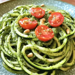 Let's dive into the fresh and vibrant ingredients for Zucchini Noodles with Pesto. Each item plays a key role in creating a dish that's both tasty and healthy. - 3 medium zucchinis, spiralized - 1 cup fresh basil leaves, packed - 1/4 cup pine nuts, lightly toasted - 1 clove garlic, minced - 1/4 cup extra virgin olive oil - 1/4 cup grated Parmesan cheese (or nutritional yeast for a vegan option) - Sea salt and freshly cracked black pepper, to taste - 1 cup cherry tomatoes, halved (for garnish) - Additional pine nuts, for garnish Each ingredient adds its unique flavor. Zucchini serves as a light base, while basil brings a fresh taste. Pine nuts add a nutty crunch, and garlic gives a hint of warmth. Olive oil enriches the dish, and Parmesan cheese provides a savory kick. The salt and pepper enhance all the flavors. Finally, the cherry tomatoes brighten up the plate, making it inviting. For the full recipe, you can refer to Zesty Zucchini Noodles with Basil Bliss . This dish is not just easy; it also highlights the beauty of fresh ingredients. Enjoy making it! To start, grab three medium zucchinis. Use a spiralizer to turn them into long, noodle-like strands. This process is fun and easy! Once you spiralize all the zucchinis, place them in a colander. Set the colander over the sink or a bowl. This lets the excess moisture drain out while you prepare your pesto. Next, let’s make the pesto. In a food processor, add one cup of fresh basil leaves, a quarter cup of lightly toasted pine nuts, and one clove of minced garlic. Pulse these ingredients until they are finely chopped. Then, with the food processor running, slowly drizzle in a quarter cup of extra virgin olive oil. This step gives the pesto its creamy texture. Finally, add a quarter cup of grated Parmesan cheese or nutritional yeast. Also, add a pinch of sea salt and freshly cracked black pepper. Pulse a few more times to mix everything well. Now it’s time to cook the zucchini noodles. Heat a large skillet over medium heat. Add the spiralized zucchini and sprinkle with a little sea salt. Sauté them for about 2 to 3 minutes. You want them to soften but still have a slight crunch. After cooking, remove the skillet from the heat. Add your prepared basil pesto to the noodles. Gently toss everything together until the noodles are well coated in the bright green pesto. For a beautiful presentation, mound the zucchini noodles on each plate. Garnish with halved cherry tomatoes and additional toasted pine nuts. This dish not only tastes great but looks amazing too! For the full recipe, check out the details above. To avoid sogginess, first drain your spiralized zucchini. Place them in a colander for a few minutes. This helps remove extra moisture. You can also sprinkle a little sea salt to draw out more water. For the best cooking time, sauté the noodles for just 2-3 minutes. You want them to be tender but still have a nice crunch. Overcooking can make them mushy, which we want to avoid. To add extra flavors to your pesto, consider a splash of lemon juice. It brightens the taste and adds freshness. Nutritional yeast also brings a cheesy flavor, perfect for vegan diets. If you have allergies, you can swap pine nuts for sunflower seeds or walnuts. And if you need a cheese substitute, nutritional yeast works great for a vegan option. For serving, use a wide, shallow dish. This allows the vibrant colors to shine and makes it look appealing. You can pair the zucchini noodles with grilled chicken, shrimp, or roasted vegetables for added protein. A light salad on the side also complements this dish well. If you're looking for the full recipe, check out the [Full Recipe]. {{image_4}} You can switch up the nuts in your pesto. Try using walnuts or cashews instead of pine nuts. Each nut adds a unique flavor and texture. You can also change the greens. Spinach or arugula work well in place of basil. These swaps keep the dish fresh and exciting. Want a spicy kick? Add red pepper flakes to your pesto. This small change can bring big flavor. You can also add seasonal veggies like roasted bell peppers or zucchini. Mixing these in boosts the nutrition and taste of your dish. You can serve your zucchini noodles raw for a crunchy bite. This keeps the noodles fresh and full of nutrients. If you prefer a softer texture, lightly cook them in a skillet. For a different twist, consider an oven-baked version. Bake the noodles with pesto for a warm, comforting meal. Each method offers a new way to enjoy this classic dish. For the full recipe, check out the link! To keep your zucchini noodles fresh, place them in an airtight container. Store them in the fridge for up to three days. If you have leftover pesto, it can also go in a separate container. For reheating, use a skillet over low heat. This warms the noodles without making them mushy. Stir gently to mix in the pesto again. If you want to freeze zucchini noodles, first blanch them in boiling water for one minute. Then, cool them in ice water and drain well. Place the noodles in freezer bags, squeezing out air. You can freeze pesto too! Pour it into ice cube trays and freeze until solid. Once frozen, pop the cubes into a bag for easy use later. Your zucchini noodles with pesto can stay fresh for about three days in the fridge. Look for any signs of spoilage, like a sour smell or slimy texture. If you see these signs, it’s best to throw it away. Always trust your senses when checking for freshness. Zucchini noodles, often called "zoodles," are made from fresh zucchini. I spiralize the zucchini to create long, noodle-like shapes. They are low in carbs and calories, making them a great pasta alternative. Zoodles are rich in vitamins A and C. They also add a nice crunch to dishes. You can enjoy them raw or cooked. Their mild taste pairs well with many sauces. Yes, you can easily make this dish vegan. Instead of Parmesan cheese, use nutritional yeast. It gives a cheesy flavor without dairy. You can also swap the olive oil with avocado oil if you prefer. The rest of the ingredients, like fresh basil and garlic, are already vegan-friendly. This keeps the dish light and flavorful. To make a healthier pesto, you can reduce the olive oil to cut fat. Use less cheese or skip it entirely. You can add more greens like spinach or kale. These add nutrients without many calories. Blend in some lemon juice for a fresh taste. This will brighten the flavors while keeping it healthy. Zucchini noodles with pesto go well with many sides. Try a simple green salad with lemon dressing. Roasted vegetables also match nicely. Grilled chicken or shrimp can add protein. If you want something lighter, serve it with a bowl of soup. These options bring out the flavors in your dish and make a complete meal. This blog post covered how to make delicious zucchini noodles with pesto. We explored the fresh ingredients, step-by-step instructions, and helpful tips. You learned ways to customize your dish with variations. We also discussed storage methods to keep your meal fresh. Enjoying healthy meals can be easy and fun. I hope you try this recipe and make it your own!