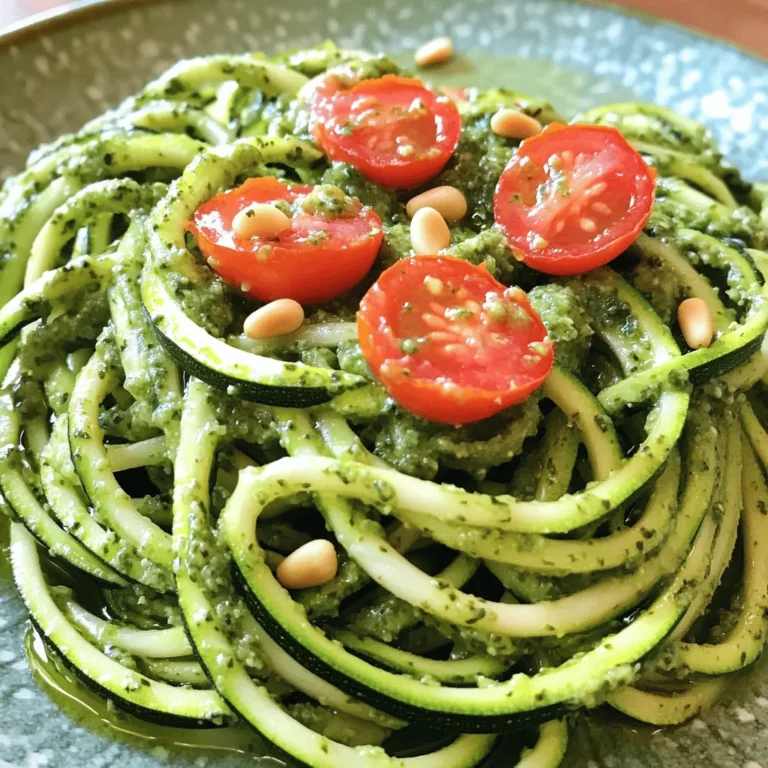 Let's dive into the fresh and vibrant ingredients for Zucchini Noodles with Pesto. Each item plays a key role in creating a dish that's both tasty and healthy. - 3 medium zucchinis, spiralized - 1 cup fresh basil leaves, packed - 1/4 cup pine nuts, lightly toasted - 1 clove garlic, minced - 1/4 cup extra virgin olive oil - 1/4 cup grated Parmesan cheese (or nutritional yeast for a vegan option) - Sea salt and freshly cracked black pepper, to taste - 1 cup cherry tomatoes, halved (for garnish) - Additional pine nuts, for garnish Each ingredient adds its unique flavor. Zucchini serves as a light base, while basil brings a fresh taste. Pine nuts add a nutty crunch, and garlic gives a hint of warmth. Olive oil enriches the dish, and Parmesan cheese provides a savory kick. The salt and pepper enhance all the flavors. Finally, the cherry tomatoes brighten up the plate, making it inviting. For the full recipe, you can refer to Zesty Zucchini Noodles with Basil Bliss . This dish is not just easy; it also highlights the beauty of fresh ingredients. Enjoy making it! To start, grab three medium zucchinis. Use a spiralizer to turn them into long, noodle-like strands. This process is fun and easy! Once you spiralize all the zucchinis, place them in a colander. Set the colander over the sink or a bowl. This lets the excess moisture drain out while you prepare your pesto. Next, let’s make the pesto. In a food processor, add one cup of fresh basil leaves, a quarter cup of lightly toasted pine nuts, and one clove of minced garlic. Pulse these ingredients until they are finely chopped. Then, with the food processor running, slowly drizzle in a quarter cup of extra virgin olive oil. This step gives the pesto its creamy texture. Finally, add a quarter cup of grated Parmesan cheese or nutritional yeast. Also, add a pinch of sea salt and freshly cracked black pepper. Pulse a few more times to mix everything well. Now it’s time to cook the zucchini noodles. Heat a large skillet over medium heat. Add the spiralized zucchini and sprinkle with a little sea salt. Sauté them for about 2 to 3 minutes. You want them to soften but still have a slight crunch. After cooking, remove the skillet from the heat. Add your prepared basil pesto to the noodles. Gently toss everything together until the noodles are well coated in the bright green pesto. For a beautiful presentation, mound the zucchini noodles on each plate. Garnish with halved cherry tomatoes and additional toasted pine nuts. This dish not only tastes great but looks amazing too! For the full recipe, check out the details above. To avoid sogginess, first drain your spiralized zucchini. Place them in a colander for a few minutes. This helps remove extra moisture. You can also sprinkle a little sea salt to draw out more water. For the best cooking time, sauté the noodles for just 2-3 minutes. You want them to be tender but still have a nice crunch. Overcooking can make them mushy, which we want to avoid. To add extra flavors to your pesto, consider a splash of lemon juice. It brightens the taste and adds freshness. Nutritional yeast also brings a cheesy flavor, perfect for vegan diets. If you have allergies, you can swap pine nuts for sunflower seeds or walnuts. And if you need a cheese substitute, nutritional yeast works great for a vegan option. For serving, use a wide, shallow dish. This allows the vibrant colors to shine and makes it look appealing. You can pair the zucchini noodles with grilled chicken, shrimp, or roasted vegetables for added protein. A light salad on the side also complements this dish well. If you're looking for the full recipe, check out the [Full Recipe]. {{image_4}} You can switch up the nuts in your pesto. Try using walnuts or cashews instead of pine nuts. Each nut adds a unique flavor and texture. You can also change the greens. Spinach or arugula work well in place of basil. These swaps keep the dish fresh and exciting. Want a spicy kick? Add red pepper flakes to your pesto. This small change can bring big flavor. You can also add seasonal veggies like roasted bell peppers or zucchini. Mixing these in boosts the nutrition and taste of your dish. You can serve your zucchini noodles raw for a crunchy bite. This keeps the noodles fresh and full of nutrients. If you prefer a softer texture, lightly cook them in a skillet. For a different twist, consider an oven-baked version. Bake the noodles with pesto for a warm, comforting meal. Each method offers a new way to enjoy this classic dish. For the full recipe, check out the link! To keep your zucchini noodles fresh, place them in an airtight container. Store them in the fridge for up to three days. If you have leftover pesto, it can also go in a separate container. For reheating, use a skillet over low heat. This warms the noodles without making them mushy. Stir gently to mix in the pesto again. If you want to freeze zucchini noodles, first blanch them in boiling water for one minute. Then, cool them in ice water and drain well. Place the noodles in freezer bags, squeezing out air. You can freeze pesto too! Pour it into ice cube trays and freeze until solid. Once frozen, pop the cubes into a bag for easy use later. Your zucchini noodles with pesto can stay fresh for about three days in the fridge. Look for any signs of spoilage, like a sour smell or slimy texture. If you see these signs, it’s best to throw it away. Always trust your senses when checking for freshness. Zucchini noodles, often called "zoodles," are made from fresh zucchini. I spiralize the zucchini to create long, noodle-like shapes. They are low in carbs and calories, making them a great pasta alternative. Zoodles are rich in vitamins A and C. They also add a nice crunch to dishes. You can enjoy them raw or cooked. Their mild taste pairs well with many sauces. Yes, you can easily make this dish vegan. Instead of Parmesan cheese, use nutritional yeast. It gives a cheesy flavor without dairy. You can also swap the olive oil with avocado oil if you prefer. The rest of the ingredients, like fresh basil and garlic, are already vegan-friendly. This keeps the dish light and flavorful. To make a healthier pesto, you can reduce the olive oil to cut fat. Use less cheese or skip it entirely. You can add more greens like spinach or kale. These add nutrients without many calories. Blend in some lemon juice for a fresh taste. This will brighten the flavors while keeping it healthy. Zucchini noodles with pesto go well with many sides. Try a simple green salad with lemon dressing. Roasted vegetables also match nicely. Grilled chicken or shrimp can add protein. If you want something lighter, serve it with a bowl of soup. These options bring out the flavors in your dish and make a complete meal. This blog post covered how to make delicious zucchini noodles with pesto. We explored the fresh ingredients, step-by-step instructions, and helpful tips. You learned ways to customize your dish with variations. We also discussed storage methods to keep your meal fresh. Enjoying healthy meals can be easy and fun. I hope you try this recipe and make it your own!