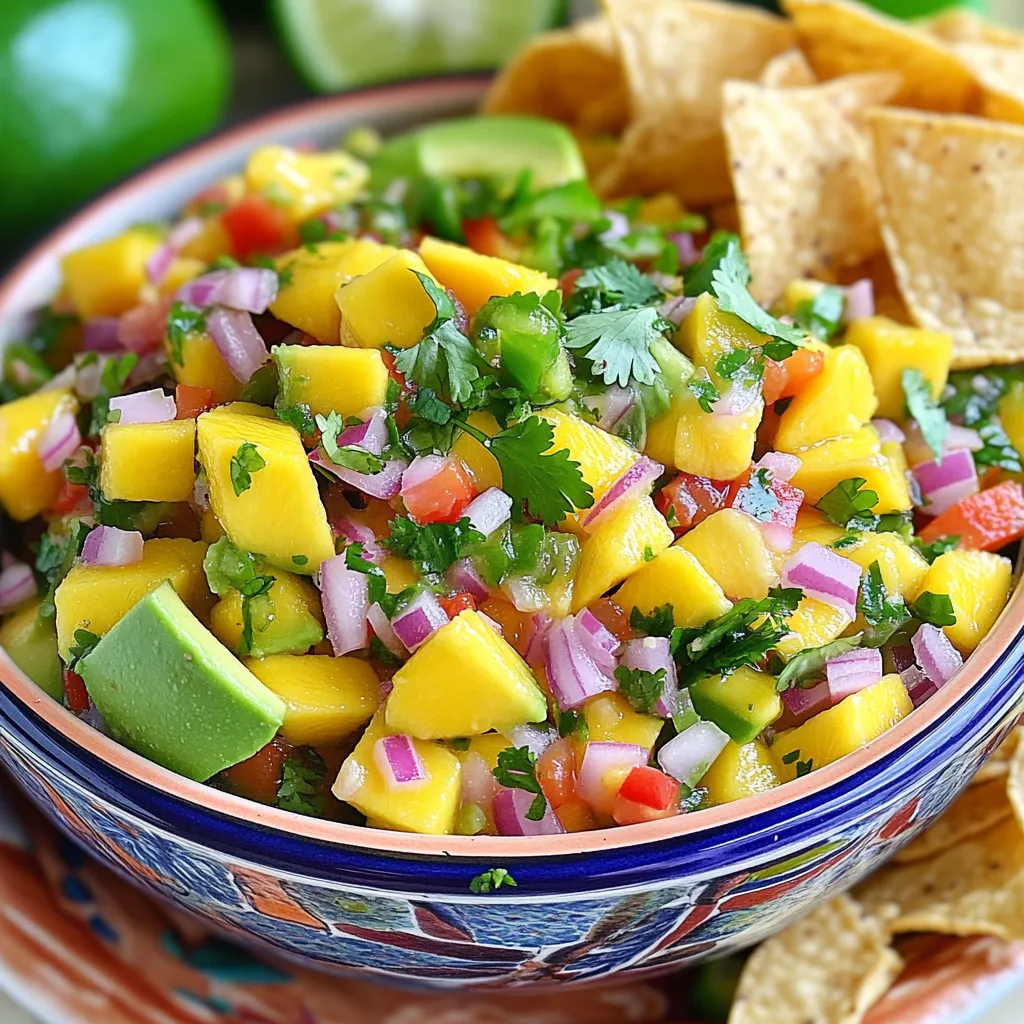 To make this Mango Avocado Fiesta Salsa, gather these fresh ingredients: - 2 ripe mangoes, diced into 1/2-inch cubes - 1 ripe avocado, diced into 1/2-inch cubes - 1 small red onion, finely chopped - 1 red bell pepper, diced - 1 jalapeño, deseeded and finely minced (adjust for desired heat) - 1/4 cup fresh cilantro, finely chopped - 2 tablespoons fresh lime juice (about 1 lime) - Salt and freshly ground black pepper to taste Choosing the right mango and avocado is key for great salsa. Look for mangoes that feel slightly soft but not mushy. The skin should have a nice blush of color. If you're unsure, check for a sweet aroma near the stem. For avocados, gently press the skin. It should yield slightly. Dark green or black skins often indicate ripeness. Feel free to customize your salsa! Try adding: - Diced tomatoes for extra color and flavor. - A splash of orange juice for sweetness. - Corn for a crunchy twist. - Black beans for protein and heartiness. You can swap jalapeños for another mild pepper if you prefer less heat. This salsa fits many tastes! If you want the full recipe, check out the Mango Avocado Fiesta Salsa section. First, gather all your ingredients. You need ripe mangoes, avocado, red onion, red bell pepper, jalapeño, cilantro, lime juice, salt, and pepper. Start by dicing the mangoes and avocado into 1/2-inch cubes. This size looks great and mixes well. Use a sharp knife and a steady cutting board for safety. Chop the red onion and red bell pepper finely. For the jalapeño, remove the seeds and chop it into small pieces. This helps control the heat. Finally, finely chop the cilantro. It adds a fresh taste. In a medium mixing bowl, gently combine the diced mango and avocado. Be careful! You don't want to mash the avocado. Its creaminess makes the salsa special. Next, add the chopped onion, bell pepper, and jalapeño. Mix these ingredients together. They add crunch and spice to the dish. Now, sprinkle the cilantro over the top. This gives the salsa a nice aroma. Drizzle the fresh lime juice evenly over the mixture. It brightens up the flavors. Use a spatula to fold the ingredients together. Do this carefully to keep the chunks intact. Now it's time to season. Add salt and freshly ground black pepper to taste. Mix well and taste again. Adjust the seasoning if needed. Let the salsa rest for about 10 minutes. This waiting time allows the flavors to blend. When you’re ready to serve, use a vibrant bowl. A sprig of fresh cilantro on top looks great. Pair this salsa with crispy tortilla chips. It's also perfect on grilled fish or chicken. Enjoy this flavorful fresh delight! For the full recipe, refer to the Mango Avocado Fiesta Salsa. When making mango salsa, avoid over-mixing. If you mash the avocado, your salsa becomes mushy. Keep the mango and avocado chunky for great texture. Also, don’t skip the lime juice. It brightens flavors and helps keep the avocado fresh. Too much salt can ruin your dish, so add it little by little. Lastly, let your salsa rest for at least 10 minutes. This time allows flavors to mix, making every bite tasty. To boost your salsa's taste, try adding spices. A pinch of cumin adds a warm, earthy note. If you like heat, consider cayenne pepper or chili powder. For a unique twist, mix in some smoked paprika. This spice gives a deep flavor that pairs well with the sweetness of mango. You can also add a bit of freshly grated ginger for a spicy kick. Always taste as you go. Adjust spices to fit your personal preferences. Serve your mango salsa in a colorful bowl. A bright dish makes it look more appealing. Top it with a sprig of fresh cilantro for that final touch. For extra flair, place lime wedges on the side. This adds a pop of color and gives guests a chance to add more lime juice. Consider serving with crispy tortilla chips in a separate bowl. You can even use the salsa as a topping for grilled fish or chicken. This adds a tropical flair to your meal. For the full recipe, check out the Mango Avocado Fiesta Salsa! {{image_4}} To spice up your mango salsa, add more heat. You can start with an extra jalapeño. Dice it finely and mix it in. If you want more kick, consider adding a dash of hot sauce. You can also try diced serrano peppers for a different flavor. These peppers give the salsa a warm, zesty taste. Adjust the amount based on your heat preference. This version will definitely wake up your taste buds! You can easily switch out some ingredients to create a tropical twist. Try adding diced pineapple or papaya for added sweetness. These fruits pair well with mango and avocado. You can also include kiwi for a unique tartness. Mixing different colors and textures makes the salsa more fun. Don’t be afraid to experiment with seasonal fruits. The goal is to create a vibrant, tasty dish that excites the palate. This salsa is already vegan and gluten-free, making it a great choice for many diets. If you want to make it heartier, add black beans or corn. These ingredients will add protein and fiber. Just rinse and drain the canned beans before mixing. You can also serve it with gluten-free chips or over a salad. Enjoying fresh, tasty food is easy with this versatile salsa. Check out the Full Recipe for more ways to enjoy it! To keep your mango salsa fresh, store it in an airtight container. Place it in the fridge right after making it. This helps maintain its bright colors and flavors. Avoid using metal containers, as they can react with the lime juice. Glass or plastic works best for storage. You can keep mango salsa in the fridge for about 2 to 3 days. After that, the ingredients may start to lose their taste and texture. If you notice any changes in smell or color, it’s best to throw it away. Always trust your senses when it comes to food safety. You can freeze mango salsa if you want to keep it longer. Use a freezer-safe container or bag, leaving some space for expansion. It can last up to 3 months in the freezer. When you’re ready to eat it, thaw it in the fridge overnight. The texture may change a bit, but the flavor should still be tasty. For the full recipe, check the previous sections. Yes, you can make Mango Salsa ahead of time. I suggest preparing it a few hours before serving. This way, the flavors blend well. However, if you make it too early, the avocado may brown. To prevent this, add lime juice to the avocado right after cutting. You can store it in the fridge to keep it fresh. Mango Salsa pairs well with many dishes. Here are some tasty options: - Grilled chicken or fish - Tacos or burritos - Tortilla chips for dipping - Salads for a fresh twist - Rice or quinoa bowls These pairings enhance your meal and add flavor and color. To reduce the spice in your Mango Salsa, remove the seeds from the jalapeño. You can also use less jalapeño in the recipe. Another option is to substitute jalapeño with a milder pepper, like a green bell pepper. This way, you keep the flavor without the heat, making it enjoyable for everyone. Mango salsa is fresh, tasty, and easy to make. We covered key ingredients like ripe mangoes, avocados, and add-ins. You learned how to prepare, mix, and serve the salsa. We shared tips to avoid mistakes and boost flavor. Explore variations for spice lovers and dietary needs. Remember best storage practices to keep leftovers fresh. Use this guide to create a bright, delicious dish that impresses everyone at your table. Enjoy the process, and let your salsa shine!
