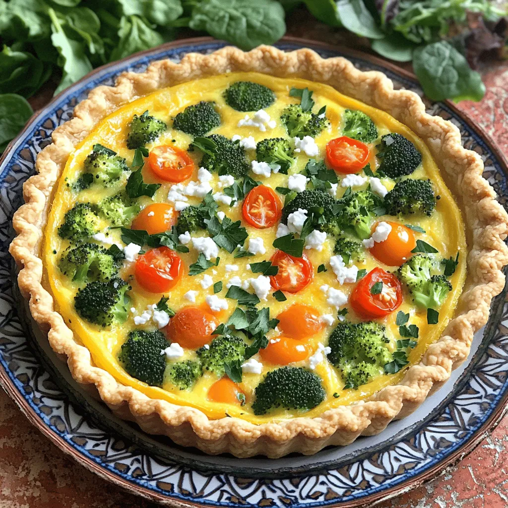 To make a tasty veggie loaded quiche, you will need: - 1 pre-made pie crust (9-inch) - 4 large eggs - 1 cup heavy cream - 1 cup fresh spinach, chopped - 1 cup broccoli florets, blanched and chopped - 1/2 bell pepper, diced (any color you prefer) - 1/2 cup cherry tomatoes, halved - 1/2 cup shredded cheddar cheese - 1/4 cup feta cheese, crumbled - 1/2 teaspoon garlic powder - 1/2 teaspoon onion powder - Salt and freshly ground black pepper to taste - Fresh herbs for garnish (such as parsley or chives) When picking vegetables, freshness matters. Look for bright colors, firm textures, and no brown spots. Choose spinach that is vibrant green and crisp. For broccoli, select florets that are tight and not yellowing. Bell peppers should feel heavy for their size and have smooth skin. Cherry tomatoes should be plump and firm. Fresh veggies make your quiche taste best and add nutrition. Cheese adds a rich flavor to your quiche. I recommend using shredded cheddar for a classic taste. Feta cheese gives a nice tang and creaminess. You can also explore mozzarella for a milder flavor. If you like stronger cheese, try goat cheese or Gruyère. Mix different cheeses for a more complex taste. To start, preheat your oven to 375°F (190°C). Grab your pre-made pie crust and place it in a 9-inch pie dish. Use a fork to poke holes in the bottom. This helps steam escape while baking. It also stops the crust from bubbling. Next, bake the crust for about 10 minutes until it turns lightly golden. Once done, take it out, and let it cool a bit. In a big bowl, whisk together 4 large eggs and 1 cup of heavy cream. Make sure it is smooth and blended well. Then, add 1 cup of chopped spinach, 1 cup of blanched broccoli florets, and 1/2 diced bell pepper. Toss in 1/2 cup of halved cherry tomatoes, 1/2 teaspoon of garlic powder, and 1/2 teaspoon of onion powder. Season with salt and black pepper to your taste. Stir all the veggies into the egg mixture gently. Finally, fold in 1/2 cup of shredded cheddar cheese and 1/4 cup of crumbled feta cheese. This adds rich flavor to your quiche. Now, pour the filling into your pre-baked crust. Spread it out evenly for a nice look. Place the quiche back into the oven and bake for 35-40 minutes. It should be set in the center and golden on top. To test it, insert a knife in the middle. If it comes out clean, your quiche is ready! Let it cool for about 10 minutes before slicing. This makes cutting easier and helps it hold its shape. To see the full recipe, you can check out the additional instructions. To get a creamy texture in your quiche, use heavy cream. It adds richness and smoothness. Blend the eggs and cream well before adding veggies. Whisk until the mixture is frothy. This helps to mix in air, making it light and fluffy. Season your filling well. I add garlic powder and onion powder for flavor. Don’t forget salt and black pepper. They enhance the taste of the veggies and cheese. Taste the mixture before pouring it into the crust. Adjust the seasoning if needed for the best flavor. A soggy crust can ruin your quiche. Pre-bake your crust for about 10 minutes before adding the filling. This step helps firm it up. Also, poke holes in the bottom of the crust with a fork. This allows steam to escape, keeping the crust crisp. {{image_4}} You can mix and match many veggies in your quiche. Try using kale, zucchini, or asparagus. These veggies add fun colors and flavors. You can also add mushrooms for a rich taste. If you like spice, jalapeños can give your quiche a nice kick. Just remember to chop them small so they blend in well. If you want a filling meal, add protein to your quiche. Cooked bacon or sausage can make it savory and rich. For a lighter option, try diced chicken or turkey. You can even use beans for a vegetarian protein boost. Just be sure to drain any excess liquid to keep the quiche from getting soggy. If you want to switch things up, try making a crustless quiche. It saves time and cuts carbs. Another option is to use a sweet potato or cauliflower crust for added nutrition. You can find pre-made gluten-free crusts too. These options let you enjoy the flavors without the guilt. For more details on making this dish, check out the Full Recipe. After enjoying your veggie loaded quiche, let it cool down. Cover it tightly with plastic wrap or aluminum foil. Place it in the fridge. It will stay fresh for up to three days. You can also use an airtight container for better storage. This keeps the flavors intact. To reheat your quiche, preheat your oven to 350°F (175°C). Place the quiche on a baking sheet. Heat it for about 15-20 minutes. This method helps keep the crust crispy. You can also use the microwave if you're in a hurry. Heat it for 1-2 minutes, checking often. Remember, the crust may become soft in the microwave. You can freeze veggie loaded quiche for later. First, let it cool completely. Wrap it tightly in plastic wrap. Then, place it in a freezer bag. Label the bag with the date. It can last for up to three months in the freezer. To reheat, thaw it overnight in the fridge. Then, follow the reheating instructions above. This way, you can enjoy your delicious quiche anytime! Yes, you can use a frozen pie crust. It saves time and effort. Just make sure to thaw it first. Follow the package instructions for best results. Your veggie loaded quiche lasts about 3 to 4 days in the fridge. Store it in an airtight container. This keeps it fresh and tasty. Absolutely! You can prepare the quiche a day ahead. Just bake it, let it cool, and cover it. Store it in the fridge until you’re ready to eat. Reheat it gently before serving. - Full Recipe Instructions available upon request. You now have the tools to make a great quiche. We covered fresh ingredients, crust prep, and baking tips. Remember to choose vibrant veggies and flavorful cheese for the best taste. Keep it creamy and avoid a soggy bottom by following the steps carefully. Don't forget the fun variations to make each quiche unique. Store any leftovers properly and enjoy them later. With these insights, you can cook a quiche that impresses every time. Get ready to share this delicious dish with family and friends!