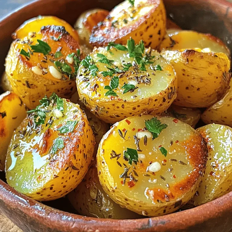 - 2 pounds baby potatoes, halved - 4 tablespoons extra virgin olive oil - 4 cloves garlic, finely minced - 1 teaspoon dried rosemary - 1 teaspoon dried thyme - 1 teaspoon smoked paprika - Sea salt and freshly cracked black pepper to taste - Fresh parsley, finely chopped (for garnish) The key to great Garlic Herb Roasted Potatoes is using fresh, high-quality ingredients. First, choose firm baby potatoes. They roast well and have a nice creamy texture. Next, extra virgin olive oil adds rich flavor and helps the spices stick. Garlic is a must! It brings an amazing taste that pairs well with herbs. For herbs and spices, I like using dried rosemary and thyme. They provide depth and earthiness. Smoked paprika adds a hint of smokiness. Don’t forget sea salt and black pepper for balance. Adjust these to fit your taste. If you want, you can add fresh parsley at the end. It adds color and a fresh kick. These simple, fresh ingredients make this dish flavorful and inviting. For the complete recipe, check out the [Full Recipe]. Set your oven temperature to 425°F (220°C). This high heat helps the potatoes crisp up nicely. In a large mixing bowl, toss 2 pounds of halved baby potatoes with 4 tablespoons of extra virgin olive oil. Add 4 finely minced cloves of garlic, 1 teaspoon of dried rosemary, 1 teaspoon of dried thyme, 1 teaspoon of smoked paprika, sea salt, and freshly cracked black pepper to taste. Use your hands or a spatula to coat each potato half well. Spread the coated potatoes on a baking sheet lined with parchment paper. Make sure they are in a single layer for even cooking. Roast them in the preheated oven for 25-30 minutes. About halfway through, flip the potatoes with a spatula for even browning. When they are golden brown and crispy, take them out and let them cool for 5 minutes. This pause helps the flavors settle. If you want more details on the full recipe, check the recipe section. To get crispy edges on your garlic herb roasted potatoes, start by cutting them in half. This increases the surface area for roasting. Use enough oil, but not too much. The oil should coat the potatoes without making them soggy. Place the potatoes on a baking sheet with space between them. Crowding them can lead to steaming instead of roasting. Aim for at least an inch apart. This allows hot air to circulate and crisps the edges beautifully. Fresh herbs can elevate the flavor of your roasted potatoes. Consider using thyme and rosemary straight from your garden. They add a burst of freshness. You can also play with the garlic. Roasted garlic has a sweet, mellow taste. If you want a more pungent kick, use raw garlic. Just be cautious; a little goes a long way. You might even mix the two for depth of flavor. Garlic herb roasted potatoes pair well with many dishes. They complement grilled chicken, steak, or even fish. For a vegetarian option, serve them with a hearty salad or roasted veggies. Presentation matters too! Serve your potatoes in a rustic bowl for charm. Add a few sprigs of parsley on top for color. This simple touch makes your dish pop and impresses your guests. For the full recipe, check the details above. {{image_4}} You can switch up the olive oil. Avocado oil works great too. It has a mild taste and high smoke point. If you want a different texture, try sweet potatoes or Yukon gold potatoes. They add a unique flavor and sweetness to your dish. For a cheesy twist, sprinkle some parmesan cheese on top before serving. It melts nicely and adds a savory kick. You can also mix in other spices like Italian seasoning. This gives your potatoes a new flavor profile that is exciting. To make this dish gluten-free, it’s already a safe choice. All the ingredients are gluten-free, so you’re good to go. If you want a vegan version, just skip cheese or use a plant-based alternative. This way, everyone can enjoy the tasty garlic herb roasted potatoes. Check out the Full Recipe for more details on how to make this dish the best it can be! To keep your Garlic Herb Roasted Potatoes fresh, use an airtight container. Glass or plastic containers work well. Make sure they are cool before sealing. This helps prevent moisture buildup. You can store these potatoes in the fridge for up to three days. After that, they may lose flavor and texture. If you want them to last longer, consider freezing them. To reheat, use the oven for the best results. Preheat it to 375°F (190°C). Spread the potatoes on a baking sheet. Heat for about 10-15 minutes until they are warm and crispy again. You can also use an air fryer for a quick option. Just set it to 350°F (175°C) and heat for about 5-7 minutes. This keeps them crunchy and tasty. You can tell if the potatoes are done by checking their color and texture. Look for a golden brown color and a crispy surface. You can also poke them with a fork. If the fork goes in easily, they are done. Perfectly roasted potatoes have a soft inside and a crunchy outside. Yes, you can use larger potatoes. Just cut them into smaller pieces. Aim for chunks that are about the same size as the baby potatoes. This ensures they cook evenly. Larger potatoes may take a bit longer to roast, so check them often. These potatoes go well with many dishes. Try pairing them with grilled chicken or fish. They also work great with roasted veggies or a fresh salad. For a hearty meal, serve them with steak or pork chops. The flavors will complement each other nicely. You can prepare the potatoes in advance. Just cut and season them, then store them in the fridge. When you're ready to cook, just roast them as instructed. You can also roast them ahead and reheat them later. Just follow my reheating tips for the best results. For more details, check the Full Recipe. This blog post covered all you need for perfect Garlic Herb Roasted Potatoes. You learned about essential ingredients, cooking steps, and tips for great flavor. We discussed how to store leftovers and answered common questions to make cooking easier. Try new variations to suit your taste and needs. Don’t shy away from experimenting with flavors or pairings. Enjoy crispy, savory potatoes now that you have the tools to make them great. Happy cooking!