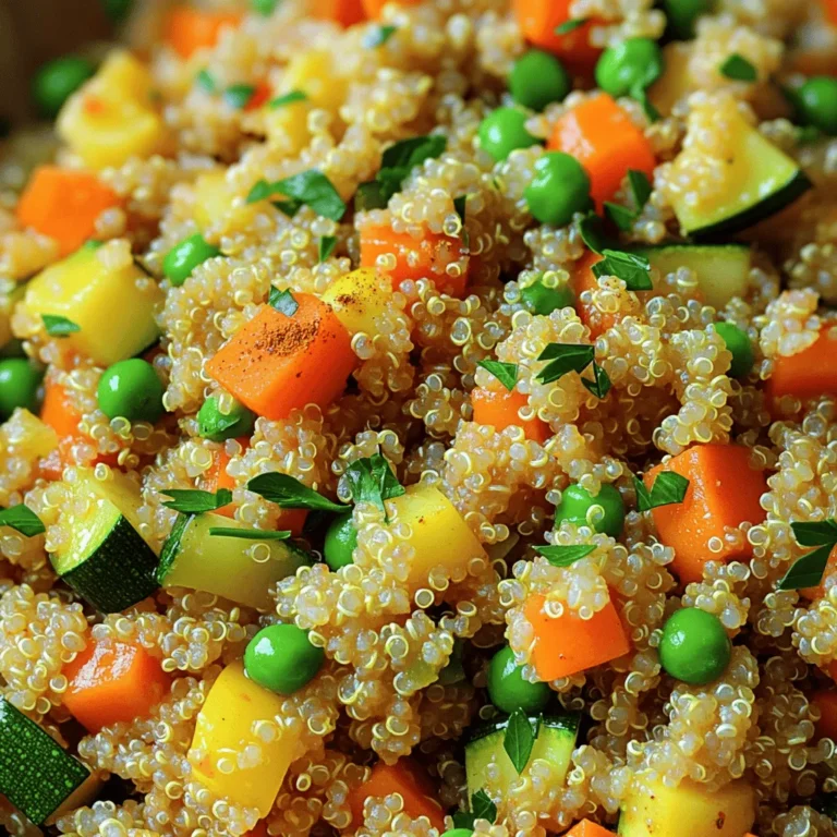 To create a tasty quinoa vegetable pilaf, gather these ingredients: - 1 cup quinoa, well-rinsed - 2 cups vegetable broth - 1 medium onion, finely diced - 2 cloves garlic, minced - 1 medium carrot, diced - 1 bell pepper, chopped (any vibrant color) - 1 medium zucchini, diced - 1 cup green peas (fresh or frozen) - 1 teaspoon ground cumin - 1 teaspoon smoked paprika - 2 tablespoons extra-virgin olive oil - Salt and freshly ground black pepper to taste - Fresh parsley, chopped, for garnish 1. Quinoa: This grain offers complete protein. It has all nine essential amino acids. Quinoa is also high in fiber, which aids digestion. 2. Vegetable broth: It adds flavor without many calories. It also provides hydration and nutrients. 3. Onion: Onions are rich in antioxidants. They can help reduce inflammation and support heart health. 4. Garlic: Garlic enhances flavor and has immune-boosting properties. It can lower blood pressure and improve cholesterol levels. 5. Carrot: Carrots are high in beta-carotene. This nutrient turns into vitamin A, which is good for vision. 6. Bell pepper: These peppers are full of vitamins A and C. They support skin health and the immune system. 7. Zucchini: Zucchini is low in calories and high in vitamins. It helps keep you hydrated and supports digestion. 8. Green peas: Peas have protein and fiber. They help keep you full and support muscle health. 9. Ground cumin: This spice aids digestion and adds flavor. It may also have anti-inflammatory properties. 10. Smoked paprika: This spice gives a rich color and flavor. It is high in antioxidants. 11. Olive oil: Extra-virgin olive oil is healthy fat. It supports heart health and adds richness to dishes. 12. Salt and black pepper: These enhance the overall taste. Use them to balance flavors. 13. Fresh parsley: This herb adds freshness. It is also high in vitamins and can aid digestion. If you need to change some ingredients, here are some ideas: - Quinoa: Use brown rice or farro for a different grain. - Vegetable broth: Water or chicken broth works as an alternative. - Onion: Leeks or shallots can be used instead. - Garlic: Garlic powder can replace fresh garlic. - Carrot: Sweet potatoes or butternut squash can add sweetness. - Bell pepper: Use any color pepper or even diced tomatoes. - Zucchini: Yellow squash or eggplant can be good swaps. - Green peas: Corn or diced green beans can replace peas. - Ground cumin: Use coriander or curry powder for a different flavor. - Smoked paprika: Regular paprika can work, though it will lack smokiness. - Olive oil: Any cooking oil, like canola or avocado oil, can be used. - Fresh parsley: Chopped cilantro or basil can add fresh flavor. Feel free to mix and match based on what you have at home! For the complete instructions, check the Full Recipe. First, gather all your ingredients. You need quinoa, broth, onion, garlic, and various veggies. Rinsing the quinoa removes its bitter coating. Dice the onion and garlic finely. Chop the carrot, bell pepper, and zucchini into small pieces. This helps them cook evenly. Set everything aside to have it ready when you start cooking. Heat the olive oil in a medium pot over medium heat. Start by adding the onion. Sauté it for 3-4 minutes until it turns soft and clear. Then, add the garlic and diced veggies. Cook them for 5-7 minutes, stirring often. This helps them soften and release their flavors. After that, sprinkle in cumin and smoked paprika. Toast these spices for 1-2 minutes to bring out their rich scents. Next, mix in the well-rinsed quinoa. Stir it well with the veggies so every grain absorbs the flavor. Now, pour in the vegetable broth. Add salt and black pepper to taste. Bring it to a boil over high heat. Once boiling, lower the heat to a simmer and cover the pot. Cook for about 15 minutes until the quinoa is fluffy. To make this dish even better, keep a few tips in mind. Make sure to sauté the onion until it's truly soft. This step builds a great base for your pilaf. When adding spices, always toast them first. This step unlocks their full flavor potential. Lastly, don’t forget to fold in the peas during the last minutes of cooking. They add a sweet pop of flavor and color. For the final touch, garnish with fresh parsley. This simple step makes your dish look vibrant and inviting. For the full recipe, check out the details above. Happy cooking! When making quinoa vegetable pilaf, avoid these common errors: - Not rinsing quinoa: This can lead to a bitter taste. Always rinse it well before cooking. - Using too much liquid: Stick to the 2:1 ratio of broth to quinoa. Too much broth makes it soggy. - Skipping the resting time: This helps the quinoa fluff up. Don't rush this step. - Overcooking the vegetables: Cook them just until tender. You want them to keep some crunch and color. To boost the flavor of your pilaf, try these tips: - Add herbs: Fresh thyme or rosemary can elevate the taste. Stir them in during cooking. - Use homemade broth: If possible, make your own vegetable broth for richer flavor. - Incorporate citrus: A squeeze of lemon or lime juice before serving brightens the dish. - Experiment with spices: Try adding turmeric for a warm color or cayenne for heat. Quinoa vegetable pilaf pairs well with many dishes. Here are some ideas: - Serve alongside grilled meats: The lightness of the pilaf balances rich flavors. - Top with roasted nuts: Almonds or walnuts add crunch and protein. - Add a side salad: A fresh green salad complements the pilaf's warmth. - Enjoy as a main dish: Add cooked chickpeas or beans for extra protein. For the full recipe, check out my detailed instructions above. Enjoy your cooking! {{image_4}} Quinoa vegetable pilaf is a great dish for everyone. It is naturally vegetarian and vegan. You can keep it simple or change it up. For a vegetarian twist, add cheese like feta or goat cheese. If you’re vegan, skip the cheese or use a plant-based option. You can also add a splash of lemon juice. This adds a nice zing to the dish. If you want more protein, add legumes or nuts. Chickpeas and black beans work well in this pilaf. They add texture and taste. You can mix in some cooked lentils too. For nuts, almonds or walnuts add a nice crunch. Just chop them and sprinkle on top before serving. This makes the dish heartier and keeps you full longer. Using seasonal vegetables makes this dish even better. In spring, try asparagus or radishes. In summer, use fresh tomatoes or corn. Fall brings squash or sweet potatoes. In winter, think about carrots and parsnips. Each season changes the flavors. This keeps the dish fresh and fun. You can also use leftover veggies to clean out your fridge. Just chop and toss them in. For the full recipe, check out Quinoa Vegetable Pilaf . To keep your quinoa vegetable pilaf fresh, store it in an airtight container. Make sure it cools down before sealing it. This helps avoid moisture build-up, which can make your dish soggy. It will stay good in the fridge for about 3 to 5 days. If you notice any off smells or changes in texture, it's best to throw it out. When you're ready to enjoy your pilaf again, reheating it is easy. You can use a microwave or a stovetop. For the microwave, place your pilaf in a bowl and cover it with a damp paper towel. Heat it for 1 to 2 minutes, stirring halfway. On the stovetop, add a splash of vegetable broth or water in a pan. Heat on low, stirring gently until warmed through. This keeps the quinoa fluffy and prevents it from drying out. If you want to save your pilaf for a longer time, freezing it works well. Place the cooled pilaf into freezer-safe bags or containers. Make sure to remove any air before sealing. You can freeze it for up to 3 months. When you're ready to eat it, thaw it overnight in the fridge. Reheat it using the stovetop method. This keeps the flavors intact and lets you enjoy a quick, healthy meal later. For the full recipe, check the details above. Quinoa is a tiny seed that cooks like a grain. It has a nutty flavor and fluffy texture. Quinoa is very good for you. It is high in protein, fiber, and vitamins. Unlike many grains, quinoa has all nine essential amino acids. This makes it a complete protein. It’s also gluten-free, which is great for people with gluten issues. Plus, quinoa contains important minerals like magnesium and iron. Eating quinoa may help with heart health and weight management. Yes, you can prepare Quinoa Vegetable Pilaf ahead of time. Cook it fully and let it cool. Store it in a sealed container in the fridge. It will stay fresh for about 3-5 days. This makes it easy for meal prep. When you are ready to eat, reheat it on the stove or in the microwave. You can also add a splash of broth or water to keep it moist when reheating. To make more servings, simply multiply the ingredients. If you want to serve eight people, double everything. Use two cups of quinoa and four cups of broth. Adjust the vegetables as needed, too. If you have a large pot, you can cook it all at once. Just keep an eye on cooking times. The quinoa may need a bit more time to cook when you make a bigger batch. Follow the steps in the Full Recipe to ensure great results every time. This blog post covered all you need to know about quinoa vegetable pilaf. We explored the key ingredients, their benefits, and how to make smart substitutions. The step-by-step guide showed you simple cooking methods and flavor tips. I shared common mistakes and serving ideas to help you succeed. We also looked at variations, storage tips, and answered common questions. In summary, this dish is healthy, adaptable, and easy to prepare. Enjoy experimenting and making this pilaf your own!