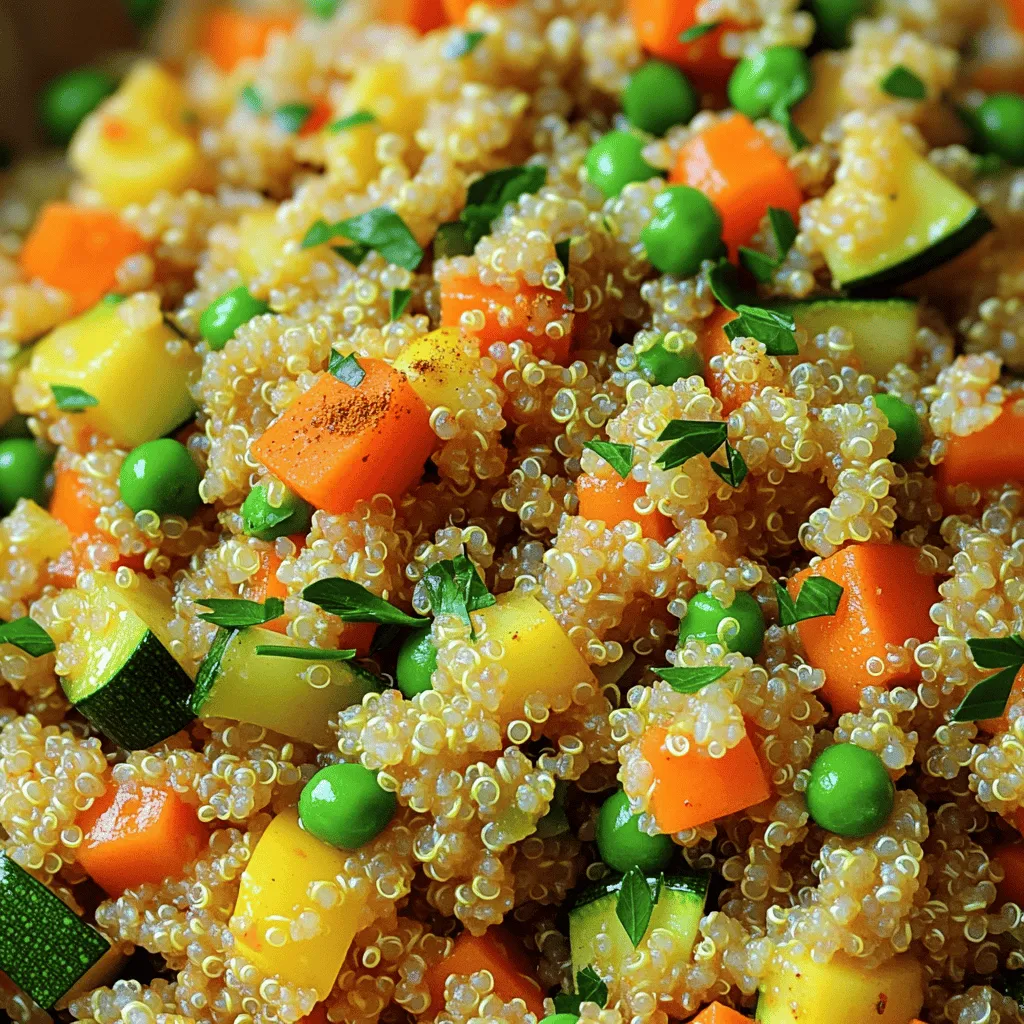 To create a tasty quinoa vegetable pilaf, gather these ingredients: - 1 cup quinoa, well-rinsed - 2 cups vegetable broth - 1 medium onion, finely diced - 2 cloves garlic, minced - 1 medium carrot, diced - 1 bell pepper, chopped (any vibrant color) - 1 medium zucchini, diced - 1 cup green peas (fresh or frozen) - 1 teaspoon ground cumin - 1 teaspoon smoked paprika - 2 tablespoons extra-virgin olive oil - Salt and freshly ground black pepper to taste - Fresh parsley, chopped, for garnish 1. Quinoa: This grain offers complete protein. It has all nine essential amino acids. Quinoa is also high in fiber, which aids digestion. 2. Vegetable broth: It adds flavor without many calories. It also provides hydration and nutrients. 3. Onion: Onions are rich in antioxidants. They can help reduce inflammation and support heart health. 4. Garlic: Garlic enhances flavor and has immune-boosting properties. It can lower blood pressure and improve cholesterol levels. 5. Carrot: Carrots are high in beta-carotene. This nutrient turns into vitamin A, which is good for vision. 6. Bell pepper: These peppers are full of vitamins A and C. They support skin health and the immune system. 7. Zucchini: Zucchini is low in calories and high in vitamins. It helps keep you hydrated and supports digestion. 8. Green peas: Peas have protein and fiber. They help keep you full and support muscle health. 9. Ground cumin: This spice aids digestion and adds flavor. It may also have anti-inflammatory properties. 10. Smoked paprika: This spice gives a rich color and flavor. It is high in antioxidants. 11. Olive oil: Extra-virgin olive oil is healthy fat. It supports heart health and adds richness to dishes. 12. Salt and black pepper: These enhance the overall taste. Use them to balance flavors. 13. Fresh parsley: This herb adds freshness. It is also high in vitamins and can aid digestion. If you need to change some ingredients, here are some ideas: - Quinoa: Use brown rice or farro for a different grain. - Vegetable broth: Water or chicken broth works as an alternative. - Onion: Leeks or shallots can be used instead. - Garlic: Garlic powder can replace fresh garlic. - Carrot: Sweet potatoes or butternut squash can add sweetness. - Bell pepper: Use any color pepper or even diced tomatoes. - Zucchini: Yellow squash or eggplant can be good swaps. - Green peas: Corn or diced green beans can replace peas. - Ground cumin: Use coriander or curry powder for a different flavor. - Smoked paprika: Regular paprika can work, though it will lack smokiness. - Olive oil: Any cooking oil, like canola or avocado oil, can be used. - Fresh parsley: Chopped cilantro or basil can add fresh flavor. Feel free to mix and match based on what you have at home! For the complete instructions, check the Full Recipe. First, gather all your ingredients. You need quinoa, broth, onion, garlic, and various veggies. Rinsing the quinoa removes its bitter coating. Dice the onion and garlic finely. Chop the carrot, bell pepper, and zucchini into small pieces. This helps them cook evenly. Set everything aside to have it ready when you start cooking. Heat the olive oil in a medium pot over medium heat. Start by adding the onion. Sauté it for 3-4 minutes until it turns soft and clear. Then, add the garlic and diced veggies. Cook them for 5-7 minutes, stirring often. This helps them soften and release their flavors. After that, sprinkle in cumin and smoked paprika. Toast these spices for 1-2 minutes to bring out their rich scents. Next, mix in the well-rinsed quinoa. Stir it well with the veggies so every grain absorbs the flavor. Now, pour in the vegetable broth. Add salt and black pepper to taste. Bring it to a boil over high heat. Once boiling, lower the heat to a simmer and cover the pot. Cook for about 15 minutes until the quinoa is fluffy. To make this dish even better, keep a few tips in mind. Make sure to sauté the onion until it's truly soft. This step builds a great base for your pilaf. When adding spices, always toast them first. This step unlocks their full flavor potential. Lastly, don’t forget to fold in the peas during the last minutes of cooking. They add a sweet pop of flavor and color. For the final touch, garnish with fresh parsley. This simple step makes your dish look vibrant and inviting. For the full recipe, check out the details above. Happy cooking! When making quinoa vegetable pilaf, avoid these common errors: - Not rinsing quinoa: This can lead to a bitter taste. Always rinse it well before cooking. - Using too much liquid: Stick to the 2:1 ratio of broth to quinoa. Too much broth makes it soggy. - Skipping the resting time: This helps the quinoa fluff up. Don't rush this step. - Overcooking the vegetables: Cook them just until tender. You want them to keep some crunch and color. To boost the flavor of your pilaf, try these tips: - Add herbs: Fresh thyme or rosemary can elevate the taste. Stir them in during cooking. - Use homemade broth: If possible, make your own vegetable broth for richer flavor. - Incorporate citrus: A squeeze of lemon or lime juice before serving brightens the dish. - Experiment with spices: Try adding turmeric for a warm color or cayenne for heat. Quinoa vegetable pilaf pairs well with many dishes. Here are some ideas: - Serve alongside grilled meats: The lightness of the pilaf balances rich flavors. - Top with roasted nuts: Almonds or walnuts add crunch and protein. - Add a side salad: A fresh green salad complements the pilaf's warmth. - Enjoy as a main dish: Add cooked chickpeas or beans for extra protein. For the full recipe, check out my detailed instructions above. Enjoy your cooking! {{image_4}} Quinoa vegetable pilaf is a great dish for everyone. It is naturally vegetarian and vegan. You can keep it simple or change it up. For a vegetarian twist, add cheese like feta or goat cheese. If you’re vegan, skip the cheese or use a plant-based option. You can also add a splash of lemon juice. This adds a nice zing to the dish. If you want more protein, add legumes or nuts. Chickpeas and black beans work well in this pilaf. They add texture and taste. You can mix in some cooked lentils too. For nuts, almonds or walnuts add a nice crunch. Just chop them and sprinkle on top before serving. This makes the dish heartier and keeps you full longer. Using seasonal vegetables makes this dish even better. In spring, try asparagus or radishes. In summer, use fresh tomatoes or corn. Fall brings squash or sweet potatoes. In winter, think about carrots and parsnips. Each season changes the flavors. This keeps the dish fresh and fun. You can also use leftover veggies to clean out your fridge. Just chop and toss them in. For the full recipe, check out Quinoa Vegetable Pilaf . To keep your quinoa vegetable pilaf fresh, store it in an airtight container. Make sure it cools down before sealing it. This helps avoid moisture build-up, which can make your dish soggy. It will stay good in the fridge for about 3 to 5 days. If you notice any off smells or changes in texture, it's best to throw it out. When you're ready to enjoy your pilaf again, reheating it is easy. You can use a microwave or a stovetop. For the microwave, place your pilaf in a bowl and cover it with a damp paper towel. Heat it for 1 to 2 minutes, stirring halfway. On the stovetop, add a splash of vegetable broth or water in a pan. Heat on low, stirring gently until warmed through. This keeps the quinoa fluffy and prevents it from drying out. If you want to save your pilaf for a longer time, freezing it works well. Place the cooled pilaf into freezer-safe bags or containers. Make sure to remove any air before sealing. You can freeze it for up to 3 months. When you're ready to eat it, thaw it overnight in the fridge. Reheat it using the stovetop method. This keeps the flavors intact and lets you enjoy a quick, healthy meal later. For the full recipe, check the details above. Quinoa is a tiny seed that cooks like a grain. It has a nutty flavor and fluffy texture. Quinoa is very good for you. It is high in protein, fiber, and vitamins. Unlike many grains, quinoa has all nine essential amino acids. This makes it a complete protein. It’s also gluten-free, which is great for people with gluten issues. Plus, quinoa contains important minerals like magnesium and iron. Eating quinoa may help with heart health and weight management. Yes, you can prepare Quinoa Vegetable Pilaf ahead of time. Cook it fully and let it cool. Store it in a sealed container in the fridge. It will stay fresh for about 3-5 days. This makes it easy for meal prep. When you are ready to eat, reheat it on the stove or in the microwave. You can also add a splash of broth or water to keep it moist when reheating. To make more servings, simply multiply the ingredients. If you want to serve eight people, double everything. Use two cups of quinoa and four cups of broth. Adjust the vegetables as needed, too. If you have a large pot, you can cook it all at once. Just keep an eye on cooking times. The quinoa may need a bit more time to cook when you make a bigger batch. Follow the steps in the Full Recipe to ensure great results every time. This blog post covered all you need to know about quinoa vegetable pilaf. We explored the key ingredients, their benefits, and how to make smart substitutions. The step-by-step guide showed you simple cooking methods and flavor tips. I shared common mistakes and serving ideas to help you succeed. We also looked at variations, storage tips, and answered common questions. In summary, this dish is healthy, adaptable, and easy to prepare. Enjoy experimenting and making this pilaf your own!