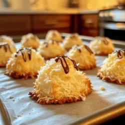 Coconut macaroons are simple to make with just a few key ingredients. Here’s what you need: - 3 cups sweetened shredded coconut - 1 cup sweetened condensed milk - 1 teaspoon vanilla extract - 1/4 teaspoon almond extract (optional) - 2 large egg whites - 1/4 teaspoon salt - 1/2 cup semi-sweet chocolate chips (for drizzling, optional) These ingredients work together to create sweet, chewy cookies. The coconut gives a lovely texture, while the condensed milk adds rich flavor. The egg whites help the cookies rise and give them a light feel. You can make changes based on what you have. If you're out of sweetened shredded coconut, try unsweetened coconut. Just add a bit more sugar to balance the taste. For a dairy-free option, use coconut cream instead of sweetened condensed milk. This keeps the flavor rich and creamy. If you want to switch things up, consider these swaps: - Replace vanilla extract with maple syrup for a unique twist. - Use coconut extract instead of almond extract for more coconut flavor. - If you don't like chocolate, skip the drizzle or use white chocolate. These options let you customize the cookies to fit your taste. To make these cookies, gather a few tools: - Mixing bowls - Whisk or hand mixer - Spatula - Baking sheets - Parchment paper - Cookie scoop or tablespoon Having these tools ready makes the process smooth and fun. First, gather your ingredients. You will need: - 3 cups sweetened shredded coconut - 1 cup sweetened condensed milk - 1 teaspoon vanilla extract - 1/4 teaspoon almond extract (optional) - 2 large egg whites - 1/4 teaspoon salt - 1/2 cup semi-sweet chocolate chips (for drizzling, optional) Now, preheat your oven to 325°F (160°C). Line two baking sheets with parchment paper. This step helps the cookies not stick. In a large bowl, mix the shredded coconut, condensed milk, vanilla, and almond extract. Stir until the coconut is coated well. Next, take another bowl. Whisk the egg whites and salt together until soft peaks form. This will take about 2-3 minutes. The egg whites should hold their shape. Now, gently fold the whipped egg whites into the coconut mixture. Use a spatula, and be careful not to deflate the egg whites. Mix until just combined. Using a tablespoon or a cookie scoop, drop spoonfuls of the mixture onto the baking sheets. Keep them about 1 inch apart. If you like, you can use your hands to shape them into small mounds. It makes them look nice! Place the sheets in the oven and bake for 15-20 minutes. You want the edges to turn golden brown. Once they are baked, take the cookies out of the oven. Let them cool on the sheets for about 5 minutes. Then, move them to a wire rack to cool completely. If you want to add chocolate, melt the chocolate chips in a microwave-safe bowl. Heat them in 20-second increments, stirring each time until smooth. Drizzle the melted chocolate over the cooled cookies for a tasty finish. For the full recipe, just refer to the top of this section! To create light and fluffy macaroons, focus on the egg whites. Start by whisking the egg whites until they form soft peaks. This step is crucial. Soft peaks mean the whites hold shape but still have a glossy look. When folding the egg whites into the coconut mix, do it gently. Use a spatula and fold rather than stir. This keeps air in the egg whites. The mixture should be fluffy yet cohesive. Avoid overmixing the egg whites. If you mix too much, they can lose their fluff. Also, ensure you don’t pack the coconut too tightly in the measuring cup. It can make the macaroons dense. One more tip: watch the baking time closely. If you bake too long, they will become hard. You want them golden, not brown. These cookies shine on their own but can be dressed up. For a fun touch, drizzle chocolate over the cooled macaroons. Place them on a fancy plate for a nice look. You can also serve them with a scoop of vanilla ice cream. The warm cookies with cold ice cream create a tasty contrast. For a simple treat, pair them with a cup of coffee or tea. Each bite offers a sweet coconut flavor that everyone loves. {{image_4}} You can take your coconut macaroons to the next level by adding chocolate. Just melt some semi-sweet chocolate chips. After baking the cookies, drizzle the melted chocolate on top. This adds a rich, sweet contrast to the chewy coconut. You can also dip the bottom of each macaroon in chocolate. This makes a fun, tasty treat that chocolate lovers will enjoy. Want to mix things up? Try adding different flavorings to your macaroons. Almond extract gives a sweet, nutty taste. Hazelnut extract adds a rich, warm flavor. You can also mix in some finely chopped nuts. This not only changes the flavor but also adds a nice crunch. Experiment with different extracts and see what you like best. Coconut macaroons are naturally gluten-free. To make them dairy-free, use sweetened condensed coconut milk instead of regular condensed milk. This keeps the same sweet flavor while making it safe for those with dairy allergies. Always check labels to ensure your ingredients are truly gluten-free and dairy-free. For the full recipe, you can refer to the earlier section. Enjoy trying out these variations! To keep your coconut macaroons fresh, store them in an airtight container. Make sure the container is not too big, as excess air can dry them out. Layer the cookies with parchment paper to avoid sticking. If you have a lot, consider using smaller containers. Keep them in a cool, dry place away from sunlight. This will help maintain their texture and flavor. Freezing coconut macaroons is easy and smart. First, let the cookies cool completely after baking. Then, place them in a single layer on a baking sheet. Freeze them for about an hour until they are solid. After that, transfer the cookies to a freezer-safe bag or container. Remove as much air as possible to prevent freezer burn. They can last for up to three months in the freezer! Coconut macaroons can stay fresh for about a week at room temperature. To enjoy them longer, store them in the fridge. They can last for about 10 to 14 days when refrigerated. If you notice any changes in smell or texture, it's best to toss them. For the best taste, consume them within a week. For those who want to try making these delicious treats, refer to the Full Recipe for step-by-step guidance. No, you cannot make macaroons without coconut. Coconut is the main ingredient. It gives these cookies their unique taste and texture. If you leave it out, you won't have macaroons at all. You could try other ingredients, but they would be different cookies. The key to chewy macaroons is the right balance of coconut and moisture. Sweetened condensed milk helps keep them soft and chewy. Also, be careful not to overbake them. When the edges are golden, they are ready. Take them out right away. Coconut macaroons last about five days at room temperature. Store them in an airtight container. If you want them to last longer, you can freeze them. They freeze well for up to three months. Just make sure to wrap them tightly! For the full recipe, check out the earlier section. To make great coconut macaroons, we covered many key points. You learned about ingredient choices, tools, and step-by-step baking instructions. With helpful tips, you can avoid common mistakes and make them fluffy. You also discovered fun variations and how to store them right. Coconut macaroons are easy to make and enjoy. With your new skills, you can impress friends and family. Happy baking!