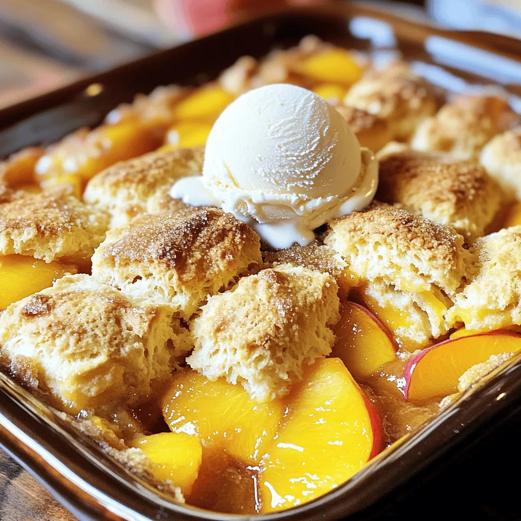 - 4 cups fresh peaches - 1/2 cup granulated sugar (plus 2 tablespoons) - 1 tablespoon lemon juice - 1 teaspoon vanilla extract - 1/4 teaspoon ground cinnamon - 1/4 teaspoon ground nutmeg - 1 cup all-purpose flour - 1 1/2 teaspoons baking powder - 1/2 teaspoon salt - 1/4 cup unsalted butter - 3/4 cup milk - 1/4 cup packed brown sugar For peach cobbler, fresh ingredients matter. I love using ripe peaches. They add real flavor. Start with 4 cups of fresh peaches. Peel and slice them. This gives a juicy base for the cobbler. Adding 1/2 cup of granulated sugar helps bring out the peach flavor. You also need 2 tablespoons for marinating. Next, add 1 tablespoon of lemon juice. This adds a nice zing and balances the sweetness. 1 teaspoon of vanilla extract gives it warmth. For spice, include 1/4 teaspoon of ground cinnamon and 1/4 teaspoon of ground nutmeg. These spices make it cozy and inviting. Now, let’s move to the dry ingredients. Mix 1 cup of all-purpose flour with 1 1/2 teaspoons of baking powder. The baking powder makes the biscuit topping rise. Don’t forget 1/2 teaspoon of salt. This enhances all the flavors. You will also need some essentials. Melt 1/4 cup of unsalted butter. Let it cool slightly before mixing. You need 3/4 cup of milk at room temperature to combine with the dry mix. Finally, 1/4 cup of packed brown sugar adds a lovely caramel note to the cobbler. These ingredients create a delicious peach cobbler with biscuit topping. For the full recipe, check out the details above. Enjoy creating this sweet treat! - Preheat oven to 350°F (175°C). - Marinate the peaches with 2 tablespoons of sugar, lemon juice, vanilla, cinnamon, and nutmeg. Toss gently and let it sit for 10 minutes. This helps the peaches release their juices and become sweet. - In a bowl, combine 1 cup of flour, 1 1/2 teaspoons of baking powder, 1/2 teaspoon of salt, and 1/2 cup of sugar. Mix it well. - Pour in 1/4 cup of melted butter and 3/4 cup of room-temperature milk. Stir until just combined. Be careful not to overmix the batter. This keeps it light. - Spread the marinated peaches evenly in a greased 9x13 inch baking dish. Make sure they are well distributed. - Pour the biscuit batter over the peaches. Use a spatula to spread it evenly. This ensures that every bite has that delicious topping. - Bake for 35-40 minutes until the topping is golden brown. The edges should be crisp. - Allow it to cool for a few minutes before serving. This helps the flavors meld together. Enjoy your Peach Cobbler with a scoop of vanilla ice cream! For the full recipe, please refer to the earlier sections. To make your peach cobbler shine, use ripe, fresh peaches. They add a sweet and juicy taste. You can also try adding spices like nutmeg or allspice. These spices bring warmth and depth to the dish. Just a pinch can change the whole flavor! For the biscuit topping, don’t overmix the batter. Overmixing can make it tough. Mix just until combined for a light and fluffy texture. This keeps your topping nice and airy, which is what we want! Serve the cobbler warm, and don’t forget the vanilla ice cream. The cold ice cream melts into the warm cobbler, creating a tasty treat. You can also garnish with fresh mint. It adds a pop of color and a refreshing taste that pairs well with the peaches. For a complete guide on making this delightful dessert, check out the Full Recipe! {{image_4}} There are many ways to make peach cobbler exciting. You can easily swap out the fruit or change the topping. Let’s dive into some fun ideas. You can use other fruits instead of peaches. Nectarines are a great choice. They have a similar taste and texture. Berries also work well. You can mix fruits together for a fun twist. Try combining peaches with blueberries or raspberries for a vibrant cobbler. This mix gives you a sweet and tart flavor. If you want to switch things up, try a crumble topping. A mix of oats, flour, and butter creates a crunchy layer. You can also add nuts to your topping. Walnuts or pecans add a nice crunch. This change can make your cobbler feel unique and special. For those who need it, you can make healthy swaps. Use gluten-free flour if you want a gluten-free option. This keeps the taste while making it easier on some diets. If you want to cut back on sugar, try sweeteners like honey or maple syrup. These options can help you enjoy your dessert without the extra sugar. For the full recipe, check out the complete guide to making this delicious peach cobbler! You can keep your peach cobbler covered at room temperature for 2-3 days. This works well if you plan to eat it soon. Just make sure it stays covered to keep it fresh. For longer storage, place the cobbler in the refrigerator. It will last up to a week. If you want to save it for later, freeze individual portions. This way, you can enjoy a sweet treat anytime. To reheat, the oven is your best friend. It keeps the biscuit topping nice and crisp. Preheat your oven to 350°F (175°C) and warm it for about 10-15 minutes. If you're in a hurry, the microwave works too. Just heat it in short bursts until warm. Enjoy your Peach Cobbler with Biscuit Topping, even on day three! For the full recipe, check out the section earlier in the article. Yes, you can use canned peaches. However, fresh peaches give better flavor and texture. Canned peaches often have added sugar and syrup, which can make the cobbler too sweet. If using canned peaches, drain them well to reduce extra liquid. This helps keep your cobbler from getting soggy. You can check if the cobbler is done by using a toothpick. Insert a toothpick into the center of the biscuit topping. If it comes out clean, your cobbler is ready. The topping should be golden brown, too. If it’s not brown yet, give it a few more minutes in the oven. Yes, you can make the cobbler ahead of time. Prepare the peach filling and biscuit topping separately. You can assemble them and store the dish in the fridge for a day. When you're ready to bake, just pop it in the oven. This keeps the topping fresh and fluffy. Peach cobbler tastes great with several toppings. A scoop of vanilla ice cream adds creaminess and chill. Whipped topping is another light option. You can also drizzle caramel sauce for extra sweetness. Fresh mint leaves on top add a nice touch and flavor. You now have a delicious peach cobbler recipe that is easy to follow. We covered fresh and dry ingredients, preparation steps, and baking tips. You learned how to store your cobbler and variations to try. Remember, using fresh peaches will boost the flavor. Don’t hesitate to experiment with different fruits and toppings. This recipe is perfect for family gatherings or a sweet treat at home. Enjoy your baking, and delight in sharing this tasty dessert with others!