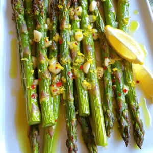- 1 pound fresh asparagus, trimmed - 3 tablespoons extra virgin olive oil - 4 cloves garlic, finely minced - Zest of 1 medium lemon - Juice of 1 medium lemon - 1 teaspoon fine sea salt - 1/2 teaspoon freshly ground black pepper - 1/4 teaspoon crushed red pepper flakes (optional for heat) - 2 tablespoons freshly grated Parmesan cheese (optional for a savory finish) Fresh asparagus is the star here. It should be firm and bright green. Olive oil gives the dish richness. Garlic adds a punch of flavor. Lemon zest and juice bring a bright, fresh taste. Sea salt enhances all these flavors and black pepper adds warmth. Crushed red pepper flakes can add heat if you like. You can finish with Parmesan cheese for a savory touch. For the full recipe, check the complete cooking instructions. This dish is quick and easy, making it perfect for any meal. Enjoy your cooking! To start, you need to trim the asparagus. Hold each spear and snap off the tough ends. This will help you get the best texture. You can also use a knife if you prefer. Next, preheat your oven to 425°F (220°C). This step is key for roasting. A hot oven helps the asparagus become tender and slightly crispy. In a large mixing bowl, add 3 tablespoons of olive oil. Then, toss in 4 minced garlic cloves and the zest of one lemon. Squeeze in the juice of that lemon too. Now, season the mixture with 1 teaspoon of sea salt and 1/2 teaspoon of black pepper. If you like a bit of heat, add 1/4 teaspoon of crushed red pepper flakes. Whisk everything together until it becomes fragrant and well blended. Add the trimmed asparagus to the bowl. Use your hands or a spatula to toss each spear in the lemon garlic sauce. Make sure every piece is well coated. Prepare a baking sheet by lining it with parchment paper. Spread the asparagus in a single layer. Avoid crowding them, so they roast evenly. Now, place the baking sheet in the preheated oven. Roast the asparagus for 12 to 15 minutes. Halfway through, give them a gentle toss to promote even cooking. If you want, sprinkle 2 tablespoons of Parmesan cheese on top during the last 2 minutes. This will melt into a savory finish. Once roasted, take the asparagus out of the oven. Let them cool for a minute before serving. You can find the full recipe [here](#). To change the texture of your asparagus, adjust the cooking time. For tender and soft asparagus, roast for about 15 minutes. For a crisper bite, try 12 minutes. The key is to check them at 10 minutes. Use 425°F (220°C) for the best results. This temperature helps the asparagus roast evenly, giving you that lovely golden color. You can make this dish even tastier by adding herbs. Fresh thyme or rosemary works great. Just toss them in with the asparagus. If you want a twist, sprinkle in some smoked paprika for a warm flavor. If you want to change the cheese, go for feta or goat cheese. Both add a nice tang that pairs well with lemon. For serving, lay the asparagus on a big platter. Drizzle any leftover juices from the pan on top. This adds flavor and makes it look nice. Garnish with lemon wedges and a bit of lemon zest. This brightens the dish and catches the eye. For leftovers, store them in an airtight container. They keep well in the fridge for up to three days. To reheat, use an oven for the best texture. A few minutes at 350°F (175°C) will do. You can also use a microwave, but it may make the asparagus a bit soft. For the full recipe, check out the link provided above! {{image_4}} You can make this dish vegan by skipping the Parmesan cheese. Try using nutritional yeast instead. It adds a cheesy flavor without dairy. You can also use cashew cheese for creaminess. For extra taste, mix in some chopped nuts like almonds or walnuts. They give a nice crunch. If you like heat, add crushed red pepper flakes for spice. You can adjust the amount based on your taste. For a different kick, consider using jalapeño or chili powder. These options add a nice zing to the dish. Just remember to balance the heat with the lemon flavor. Asparagus pairs well with many veggies. You can add bell peppers for sweetness. Cherry tomatoes also add a burst of flavor. If you want to use seasonal vegetables, consider zucchini or summer squash. These choices keep your dish fresh and colorful. They also enhance the taste and nutrients. To keep your lemon garlic roasted asparagus fresh, store it in the fridge. Place the cooled asparagus in an airtight container. This helps maintain its flavor and texture. You can enjoy leftovers for up to three days. If you want to store it longer, consider freezing. To freeze, lay the asparagus in a single layer on a baking sheet. Freeze it for about an hour, then transfer the spears to a freezer-safe bag. This method helps keep them from sticking together. You can freeze them for up to three months. When reheating, you want the asparagus to stay crisp. The best method is to use the oven. Preheat the oven to 350°F (175°C). Place the asparagus on a baking sheet and warm it for about 10 minutes. This keeps it from getting soggy. You can also use the microwave if you’re in a hurry. Place the asparagus on a microwave-safe plate. Heat it in short bursts of 30 seconds, checking often. This method is quick but may not keep the same texture as the oven. For the full recipe, check the earlier section. Roasting asparagus takes about 12 to 15 minutes at 425°F (220°C). Thicker spears may need a minute or two more. Keep an eye on them as they cook. You want them tender but still slightly crisp. Yes, you can use frozen asparagus. Just make sure to thaw it before cooking. Pat it dry to remove excess moisture. This helps it roast evenly and avoid steaming. Lemon garlic roasted asparagus pairs well with many dishes. Try serving it with grilled chicken, fish, or steak. It also complements pasta, rice, or a hearty salad. The bright flavors enhance any meal. You know asparagus is done when it turns bright green and is tender. A fork should easily pierce through the thickest part. You can also taste a spear to check for doneness. It should be crisp but not hard. For the full recipe, check out the details above. In this post, we explored how to make delicious lemon garlic roasted asparagus. We covered the key ingredients, preparation steps, and roasting tips. You learned how to enhance flavors and present the dish beautifully. Remember, cooking time and texture can be adjusted to fit your taste. Enjoy trying different variations, like vegan options or spicy twists. With these tips, you can create a tasty side dish that everyone will love. Enjoy your cooking!
