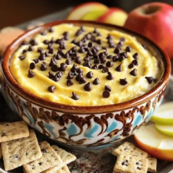 To make a delicious chocolate chip cookie dough dip, gather these ingredients: - 1 cup all-purpose flour - 1/2 cup unsalted butter, softened at room temperature - 1/4 cup packed brown sugar - 1/4 cup granulated sugar - 1 teaspoon pure vanilla extract - 1 cup cream cheese, softened - 1/2 cup powdered sugar - 1/2 cup mini chocolate chips - A pinch of sea salt Each ingredient plays a key role in your dip’s taste and texture. Here are some notes on measurements and substitutes: - All-purpose flour: This is the base. You can use gluten-free flour if needed. - Unsalted butter: Softened butter gives a creamy texture. If you prefer, you can use coconut oil. - Brown sugar and granulated sugar: These sugars add sweetness. You can swap brown sugar with maple syrup for a different taste. - Vanilla extract: Pure vanilla gives a rich flavor. Use almond extract for a nutty hint. - Cream cheese: It creates a smooth dip. You can use Greek yogurt for a lighter option. - Powdered sugar: This sugar adds sweetness and creaminess. If you want less sugar, cut it by half. - Mini chocolate chips: These add a chocolate burst. You can use dark chocolate chips for a richer taste. - Sea salt: A pinch enhances the flavors. If unavailable, regular salt works too. Understanding why each ingredient matters helps you appreciate the process: - All-purpose flour: It gives structure to the dip. Toasting it adds a nice nutty flavor. - Unsalted butter and cream cheese: These create a creamy base. They make the dip rich and smooth. - Sugars: They sweeten the dip and balance the saltiness. Brown sugar adds depth. - Vanilla extract: This adds warmth. It enhances all other flavors in the dip. - Powdered sugar: This sugar mimics the texture of cookie dough. It keeps the dip fluffy. - Mini chocolate chips: These provide that classic chocolate chip cookie taste. They make every bite exciting. - Sea salt: A small amount brings out the sweetness. It makes the flavors pop. For more details on how to make this dip, check the Full Recipe. Making chocolate chip cookie dough dip is fun and easy! You need some basic ingredients and a few steps. This dip is creamy and sweet, perfect for sharing. The main steps are to toast the flour, mix the ingredients, and chill the dip. 1. Toast the Flour: Preheat your oven to 350°F (175°C). Spread 1 cup of all-purpose flour on a baking sheet. Toast it for about 5-7 minutes. Stir it every couple of minutes until it’s lightly golden and smells great. Let it cool completely after toasting. 2. Cream the Sugars and Butter: In a large mixing bowl, combine 1/2 cup of softened butter, 1/4 cup of packed brown sugar, and 1/4 cup of granulated sugar. Use an electric mixer or whisk to blend until it’s light and fluffy. This should take about 2-3 minutes. 3. Incorporate the Cream Cheese: Add 1 cup of softened cream cheese and 1 teaspoon of pure vanilla extract into the bowl. Beat until the mixture is smooth and creamy, with no lumps. 4. Combine Dry Ingredients: Gradually mix in the cooled toasted flour and 1/2 cup of powdered sugar. Use low speed, and scrape down the bowl as needed. Add a pinch of sea salt to bring out the sweetness. 5. Fold in Chocolate Chips: Carefully fold in 1/2 cup of mini chocolate chips using a spatula. Make sure they are spread evenly throughout the dip. 6. Chill: Transfer the dip to a serving bowl. Cover it with plastic wrap or a lid, and refrigerate for at least 30 minutes. This step helps the flavors mix well. - For a thicker dip, reduce the amount of cream cheese slightly. - If you want a sweeter dip, add a bit more powdered sugar. - Chill the dip longer if you prefer a firmer texture. - Always taste as you go to adjust flavors to your liking. This chocolate chip cookie dough dip is sure to please! You can find the full recipe above. Enjoy your delicious treat! When making chocolate chip cookie dough dip, I often see a few mistakes. First, don't skip toasting the flour. Raw flour can have a grainy taste. Toast it until golden for the best flavor. Second, be careful not to overmix your dip. Mixing too much can make it dense. Aim for a smooth blend without lumps. Lastly, remember to chill the dip. This step helps the flavors blend well and makes it taste better. If you find your dip too sweet, there are simple fixes. Start by using less brown and granulated sugar. You can also use less powdered sugar when mixing. If you want it sweeter, add more mini chocolate chips. Taste as you go, and adjust until it meets your sweet spot. The balance is key to a perfect dip. For the best taste, serve the dip chilled. This makes it creamy and easy to scoop. If you prefer it softer, let it sit out for about 10 minutes before serving. This way, it warms slightly but stays thick. Pair it with your favorite dippers for a fun treat. For the full recipe, check out [Full Recipe]. {{image_4}} You can make a vegan version of this dip. Use plant-based butter instead of regular butter. Replace cream cheese with vegan cream cheese. For sweeteners, maple syrup works well. This dip stays rich and creamy while being dairy-free. To make this dip gluten-free, swap out all-purpose flour with gluten-free flour. Look for a blend that works for baking. Toast it just like you would regular flour. This way, you can enjoy the same great taste without gluten. Get creative with flavors! Add a tablespoon of peanut butter for a nutty twist. You could also stir in a few drops of mint extract for a refreshing minty flavor. Chopped nuts or toffee bits can add texture and taste. Try different mix-ins to find your favorite! For the complete recipe, check out the [Full Recipe]. Enjoy these fun ways to change up your chocolate chip cookie dough dip! To keep your chocolate chip cookie dough dip fresh, store it in an airtight container. This helps prevent any odors from your fridge from affecting the dip's flavor. Make sure to cover the dip tightly with plastic wrap before sealing the container. You can also use a glass jar with a lid for a cute presentation. When stored properly, the dip lasts up to five days in the fridge. After this time, the flavors may start to fade. If you notice any off smells or changes in texture, it's best to toss it out. Trust your senses; they guide you well. You don’t need to heat this dip before serving. Enjoy it cold or at room temperature. If it feels too firm after chilling, let it sit out for about 10 minutes. This softens the dip and makes it easier to scoop. For an extra touch, add a few more mini chocolate chips on top to revive its charm. For the Full Recipe, check back on the main article for the complete guide. Yes, you can eat cookie dough dip raw. The dip is safe because we toast the flour first. This step kills any bad bacteria. Plus, it tastes great! You get all the cookie dough flavor without baking. Just scoop it up and enjoy! You have many tasty options to serve with the dip. Here are some ideas: - Graham crackers - Pretzels - Sliced apples - Mini cookies - Fruit skewers These dippables add fun and crunch. You can mix and match to find your favorite combo! Want more chocolate flavor? It’s easy! Here are some tips: - Add more mini chocolate chips. Use up to 1 cup instead of 1/2 cup. - Mix in chocolate syrup. Just a drizzle can boost the chocolate taste. - Use cocoa powder. Add 2 tablespoons for a richer flavor. These simple changes will give your dip a chocolate kick! Try them out for a tasty twist! This blog post covered key points about chocolate chip cookie dough dip. You learned what ingredients you need, their roles, and how to measure them. We shared clear steps to prepare the dip, along with tips for best results. Variations help you customize flavors and ensure everyone can enjoy it. Lastly, we discussed storage and answered common questions. Remember, the perfect dip is just a scoop away, so dive in and enjoy your delicious creation!