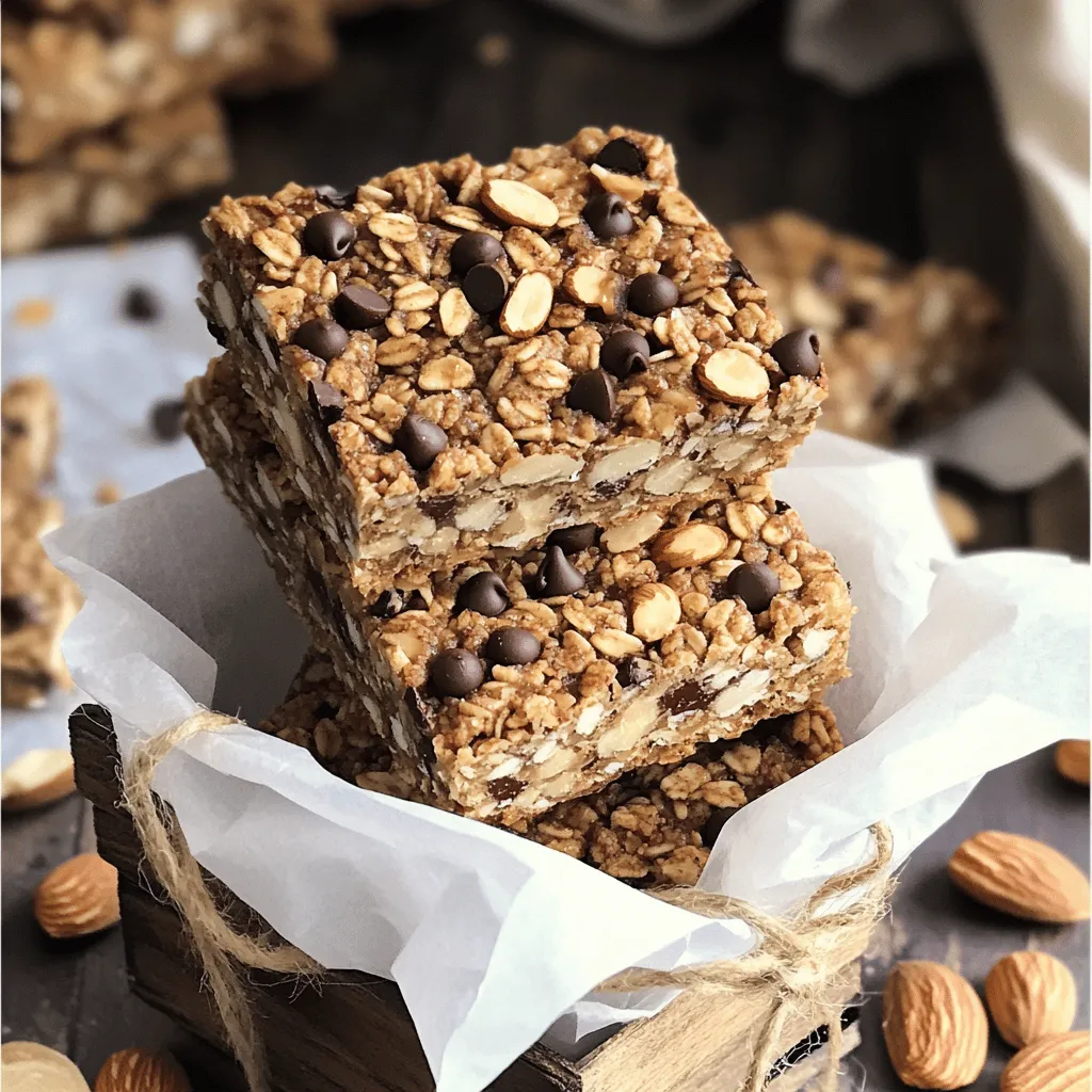 To make my homemade granola bars, I use a few key ingredients. These are: - 2 cups rolled oats - 1 cup mixed nuts (like almonds, walnuts, and pecans), roughly chopped - 1/2 cup unsweetened nut butter (like almond or peanut butter) - 1/2 cup honey or maple syrup These ingredients create a tasty base. The rolled oats give a chewy texture, while the nuts add crunch. The nut butter helps bind everything together, and the sweetener balances the flavors. I love to personalize my granola bars. Here are some fun add-ins: - Chocolate chips - Seeds (like flaxseeds or chia seeds) - Dried fruits Adding chocolate chips makes bars extra special. Seeds boost nutrition, while dried fruits add sweetness and chewiness. Mix and match to find your favorite combination! To make this recipe, you’ll need some simple tools: - Mixing bowls - Baking dish - Parchment paper Using parchment paper helps with easy removal after baking. A good mixing bowl allows you to blend everything well. A baking dish holds your mixture as it bakes to perfection. For the full recipe, follow the steps provided to create your delicious granola bars! 1. Preheat your oven to 350°F (175°C). This step warms the oven for even baking. 2. Prepare a 9x9 inch baking dish. Line it with parchment paper, leaving some paper over the edges. This helps you lift the bars out later. 3. In a large mixing bowl, blend together: - 2 cups rolled oats - 1 cup mixed nuts, roughly chopped - 1/4 cup flaxseeds or chia seeds - A pinch of salt Mix these dry ingredients well until they are evenly combined. 1. In a small saucepan over low heat, combine: - 1/2 cup unsweetened nut butter (like almond or peanut butter) - 1/2 cup honey or maple syrup Stir constantly. Heat until the mixture is smooth and well blended. 2. Once melted, remove it from heat. Add: - 1/2 teaspoon vanilla extract Stir to mix in the vanilla. 1. Carefully pour the warm nut butter mixture over the dry ingredients in the bowl. Stir well to coat all the dry bits. 2. Gently fold in: - 1/2 cup mini chocolate chips Make sure the chocolate chips are spread throughout the mixture. 3. Transfer the mixture into the prepared baking dish. Use a spatula or your hands to press it down firmly. This ensures an even bake. 4. Place the dish in the preheated oven. Bake for 20-25 minutes. Look for a golden brown edge. 5. Once baked, remove the dish from the oven. Let the granola bars cool in the dish for about 10 minutes. Then, lift them out using the overhanging parchment paper. Place the slab on a wire rack to cool completely before cutting into bars. For the full recipe, check out the details above. Enjoy your homemade granola bars! To get the best texture in your granola bars, pressing the mixture down is key. When you pack the granola tightly, it holds together better after baking. Use your hands or a spatula to press it firmly into the dish. Baking time can also change the texture. If you like your bars chewy, bake for 20 minutes. For a crunchier bite, go for the full 25 minutes. Keep an eye on them to avoid burning. Store your granola bars in an airtight container. This keeps them fresh and tasty. You can stack them in layers, placing parchment paper between each layer to avoid sticking. Homemade bars last about a week at room temperature. If you want them to last longer, consider refrigeration. They can stay fresh for up to two weeks when kept cool. Make your granola bars look appealing! Stack them in a small basket or wrap each bar in parchment paper. Tie them with twine for a rustic touch that looks great. These bars pair well with yogurt, making them a nice snack option. You can even serve them with fresh fruit for a more filling treat. For added fun, create a snack platter to share with friends or family! {{image_4}} You can change the taste of your granola bars easily. Try using different nut butters. Almond butter gives a milder flavor, while peanut butter is rich and bold. You can also mix them for a fun twist. Swapping sweeteners can give you new flavors too. Honey adds a warm note, while maple syrup lends a unique taste. Brown rice syrup is another option if you want less sweetness. If you need gluten-free options, use certified gluten-free oats. They work just as well. For a vegan alternative, replace honey with maple syrup or agave nectar. This way, everyone can enjoy these bars. Spices can take your bars to the next level. Adding cinnamon or nutmeg gives warmth and depth. You can experiment with small amounts to find your favorite mix. Seasonal fruits and nuts also add a fresh twist. In fall, try dried apples or pumpkin seeds. In summer, use dried berries or chopped peaches. They can bring new life to your granola bars. For the full recipe, refer to the beginning of the article. To keep your granola bars fresh, you have two main options: room temperature or refrigeration. If you plan to eat them within a week, storing them at room temperature is fine. Just place them in an airtight container. This keeps them chewy and tasty. If you want to store them longer, the fridge is a great choice. It helps maintain their freshness for up to two weeks. Use the same airtight container to prevent moisture from making them soggy. Freezing granola bars is a smart way to keep them for a longer time. First, cut the bars into pieces. Wrap each piece in plastic wrap or parchment paper. Then, place the wrapped bars in a freezer-safe bag or container. This prevents freezer burn. When you're ready to eat them, take out the number you need. Let the bars thaw at room temperature for about 30 minutes. If you're in a hurry, you can eat them straight from the freezer, too. They will be a bit firmer but still delicious! It's important to know when your granola bars are no longer good. Look for signs of spoilage. If they smell off or look dry and crumbly, it’s best to toss them. Homemade granola bars have a recommended usage timeframe of about two weeks at room temperature and up to three months if frozen. Keeping track of when you made them helps ensure you enjoy them at their best! Homemade granola bars can last about one week at room temperature. To keep them fresh, store them in an airtight container. If you want them to last longer, try refrigerating them. In the fridge, they can last up to two weeks. For even longer storage, freeze them. Frozen granola bars can stay good for about three months. Just wrap them well before freezing. Yes, you can use quick oats in place of rolled oats. However, the texture will change. Quick oats are finer and can make your bars softer. Rolled oats give a heartier bite. If you like a chewy granola bar, stick with rolled oats. If you prefer a softer texture, quick oats will work just fine. If you need a nut-free option, you can use sunbutter or soy nut butter. Both will work well in the recipe. You can also try using seed butter, like pumpkin seed butter. Each option brings its own flavor, so choose what you like best. You can even use coconut oil if you want a dairy-free option. Granola bars may fall apart if they lack binding. Make sure to use enough nut butter and sweetener. If they are too dry, they won't hold together. Press the mixture firmly into the baking dish. This helps them stick together during baking. If they still fall apart, try adding a bit more honey or nut butter next time. Yes, you can make these granola bars without added sugar. Use ripe bananas or unsweetened applesauce for natural sweetness. You can also try dates or pureed figs. These options will add sweetness without refined sugar. Just remember that they may change the texture a bit. You can easily make tasty homemade granola bars with simple ingredients. Start with oats and nuts, then mix in your favorite nut butter and sweetener. Customize flavors with chocolate chips or dried fruits as you wish. Remember to press the mixture well and store it properly. Enjoy experimenting with different flavors and textures. With these tips, you'll create a snack that's not just healthy but fun. Homemade granola bars can be your go-to treat anytime!