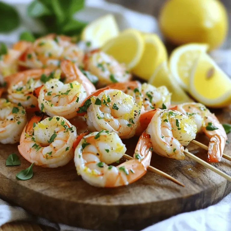 - 1 pound large shrimp, peeled and deveined - 4 tablespoons extra virgin olive oil - 3 tablespoons freshly squeezed lemon juice - 4 cloves garlic, minced - 2 tablespoons fresh parsley, finely chopped - 1 tablespoon fresh basil, finely chopped - 1 teaspoon dried oregano - 1 teaspoon smoked paprika - Salt and freshly ground black pepper, to taste - Lemon wedges, for serving The ingredients for this Lemon Garlic Herb Grilled Shrimp recipe are simple yet powerful. Each item plays a key role in creating a dish full of flavor. The shrimp must be large, peeled, and deveined to ensure they cook evenly and absorb the marinade. Extra virgin olive oil adds richness and depth. Fresh lemon juice gives a bright, zesty flavor that balances the shrimp's natural sweetness. Garlic, minced finely, infuses the shrimp with its bold taste, making each bite delightful. Herbs and spices elevate this dish. Fresh parsley and basil add a burst of color and freshness. Dried oregano and smoked paprika bring warmth and a hint of earthiness that rounds out the flavors. Finally, always season with salt and black pepper. These basic ingredients enhance every flavor. Serve the shrimp with lemon wedges to squeeze over, adding a final touch of brightness. This recipe is not only full of flavor but also allows you to play with the ingredients. For more creative ways to prepare this dish, check the Full Recipe. - Combine olive oil, lemon juice, garlic, and herbs. - Whisk until well blended. To start, grab a medium mixing bowl. Pour in 4 tablespoons of olive oil and 3 tablespoons of lemon juice. Next, add 4 cloves of minced garlic. Then, toss in 2 tablespoons of finely chopped parsley, 1 tablespoon of finely chopped basil, 1 teaspoon of dried oregano, and 1 teaspoon of smoked paprika. Don’t forget a pinch of salt and black pepper. Whisk this mixture until it looks and smells great. This marinade will infuse your shrimp with zesty goodness. - Coat the shrimp in the marinade. - Refrigerate for 30 minutes. Now, take 1 pound of peeled and deveined shrimp and add it to the bowl with your marinade. Gently stir to coat each shrimp evenly. Cover the bowl with plastic wrap. Place it in the fridge for 30 minutes. This wait allows the shrimp to soak up all those rich flavors. - Preheat the grill to medium-high heat. - Skewer marinated shrimp and grill for 2-3 minutes per side. While your shrimp marinates, preheat your grill to medium-high heat. If you use wooden skewers, soak them in water for 30 minutes. This helps prevent burning. Once the shrimp finish marinating, skewer about 4-5 shrimp on each skewer. Make sure they fit snugly but not too tight. Place the skewers on the hot grill. Grill for 2-3 minutes on each side until they turn bright pink and opaque. Avoid overcooking, as they can lose their tenderness. Enjoy your Lemon Garlic Herb Grilled Shrimp straight from the grill! For the full recipe, check the details above. When you select shrimp, freshness matters. Fresh shrimp should smell like the sea, not fishy. Look for shrimp with a firm texture and shiny shells. If you choose frozen shrimp, check the packaging date. Opt for shrimp that are flash-frozen for best quality. Shrimp with the shell on often have better flavor. Let your shrimp soak in the marinade for at least 30 minutes. This gives time for the lemon and garlic flavor to seep in. If you want a bolder taste, try marinating for up to an hour. Adjusting flavors is easy; add more garlic for a punch or more lemon for brightness. You can also mix in a bit of hot sauce for a spicy kick. To avoid overcooking shrimp, keep an eye on the clock. Grill shrimp for 2-3 minutes on each side. They change color from gray to bright pink. Remove them from the grill right when they turn opaque. Overcooked shrimp can become tough. Use a medium-high heat for best results; this keeps the shrimp juicy and tender. For the full recipe, check out the Zesty Lemon Garlic Herb Grilled Shrimp . {{image_4}} You can change the flavor of your lemon garlic herb grilled shrimp by adding different spices. Try cayenne for heat or cumin for warmth. These spices bring a nice twist to the dish. You can also switch up the herbs. Instead of parsley, use thyme or cilantro for a fresh touch. Each herb adds its own flavor, making your dish unique. Pair your grilled shrimp with tasty side dishes. Rice or a fresh salad works great. You can also use quinoa for a healthy option. For a fun presentation, serve the shrimp on skewers with colorful veggies. Grilled bell peppers or zucchini add color and flavor. This makes the dish look great on the table. If you want a vegan option, you can use tofu or mushrooms instead of shrimp. Both soak up flavors well and will satisfy your guests. For those who need gluten-free meals, this recipe is already gluten-free. Just make sure your marinade ingredients do not contain gluten. Enjoy this dish, no matter your dietary needs! To keep your grilled shrimp fresh, place them in an airtight container. Make sure to let them cool down first. Refrigerate the cooked shrimp within two hours of cooking. This helps prevent bacteria growth. Grilled shrimp can stay good in the fridge for up to three days. If you want to save grilled shrimp for later, freezing is a great option. First, let the shrimp cool completely. Then, place them in a freezer-safe bag. Remove as much air as you can before sealing. This helps prevent freezer burn. You can freeze grilled shrimp for up to three months. When you’re ready to eat, thaw the shrimp in the fridge overnight. For quick reheating, you can place frozen shrimp directly in a hot pan. Cook them on medium heat until they are warm. Leftover grilled shrimp can be fun to reuse. You can add them to salads for a protein boost. They also work well in tacos or pasta dishes. For a quick meal, toss them into stir-fried veggies. When reheating, try to do it gently. Use a pan on low heat to warm the shrimp. This keeps them juicy and tasty. Avoid microwaving, as it can make them rubbery. Enjoy your delicious leftovers in new ways! Grill shrimp for about 2-3 minutes on each side. The shrimp should turn bright pink and opaque when done. Overcooking makes shrimp tough, so keep an eye on them. Yes, you can use different types of shrimp. Large shrimp work best, but medium or small shrimp are fine too. Just adjust the cooking time since smaller shrimp will cook faster. You can also try different species like tiger shrimp or red shrimp for unique flavors. Grilled shrimp pairs well with many side dishes. Here are some great options: - Garlic bread - Grilled vegetables, like zucchini and bell peppers - Rice or quinoa salad - Fresh green salad with a light vinaigrette These dishes enhance the flavors of the shrimp and make for a balanced meal. You can tell shrimp are cooked by their color and texture. They should turn from gray to bright pink. Also, look for a slight curl in the shrimp. When they are opaque and firm to the touch, they are ready to eat. Enjoy your savory lemon garlic herb grilled shrimp! For the full recipe, check out the detailed instructions above. Grilling shrimp can be both easy and delicious. We covered key ingredients like shrimp, olive oil, and herbs. I shared steps for marinating and grilling to ensure great flavor. Remember to choose quality shrimp and avoid overcooking. Try variations with spices or herbs to keep it fresh. Lastly, don’t forget about storing leftovers creatively. Enjoy your grill adventure while making flavorful dishes that impress!