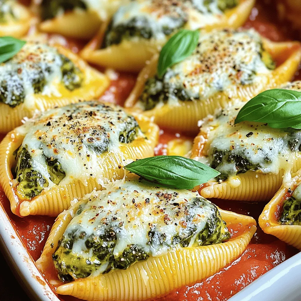 To make cheesy spinach stuffed shells, you need a few simple ingredients. Each one adds flavor and texture to this dish. Here’s what you'll need: - 20 jumbo pasta shells - 2 cups ricotta cheese - 1 cup shredded mozzarella cheese (plus extra for topping) - 1 cup grated Parmesan cheese (divided) - 2 cups fresh spinach, chopped - 1 large egg - 2 cloves garlic, minced - 1 teaspoon Italian seasoning - Salt and freshly ground black pepper, to taste - 2 cups marinara sauce - Fresh basil leaves for garnish (optional) These ingredients work together to create a rich and creamy filling. The spinach adds a nice touch of color and nutrition. The cheeses provide that delicious cheesiness we all love. When combined, they make a comforting meal that is perfect for any occasion. For the full recipe, check out the instructions in the next section! - Preheat the oven and prepare the pasta shells First, preheat your oven to 375°F (190°C). This step is key for a perfect bake. Meanwhile, bring a large pot of salted water to a boil. Add 20 jumbo pasta shells and cook them according to the package instructions until they are al dente. Once cooked, drain the shells and set them aside to cool slightly. - Sauté spinach and garlic mixture In a skillet over medium heat, add a drizzle of olive oil. Toss in 2 cloves of minced garlic and 2 cups of chopped fresh spinach. Sauté this mix for about 3-4 minutes. You want the spinach to wilt and become aromatic. Once done, remove the skillet from heat and let it cool for a few minutes. - Combine cheese and spinach fillings In a mixing bowl, combine 2 cups of ricotta cheese, half of the 1 cup of shredded mozzarella cheese, and half of the 1 cup of grated Parmesan cheese. Add in the wilted spinach mixture, 1 large egg, 1 teaspoon of Italian seasoning, and a pinch of salt and pepper. Stir this mixture until it's creamy and well combined. - Stuffing the shells and layering the marinara Spread about 1/2 cup of marinara sauce evenly across the bottom of a 9x13 inch baking dish. This helps prevent sticking. Take each cooked pasta shell and stuff it generously with the cheese and spinach mixture. Place the filled shells seam-side up in the baking dish. - Baking process and final touches Once all the shells are filled, pour the remaining marinara sauce over the top. Sprinkle the remaining mozzarella and Parmesan cheese generously over this sauce. Cover the baking dish tightly with aluminum foil. Bake in the preheated oven for 25 minutes. After this, remove the foil and bake for an additional 10 minutes until the cheese is bubbly and golden. Let the dish cool for about 5 minutes before serving. If you like, garnish with fresh basil leaves for a nice touch. For more details, check out the full recipe. To make great stuffed shells, start with the pasta. Cook the jumbo shells until they are al dente. This means they should be firm but cooked. Follow the package instructions for timing. After cooking, drain the shells and let them cool. This helps prevent them from sticking together. To stop sticking, spread a bit of olive oil on the shells after boiling. You can also place them on a baking sheet in a single layer. Avoid piling them up, as this can cause them to stick. Pair your cheesy spinach stuffed shells with a fresh salad. A simple green salad works well. You can also serve garlic bread on the side for extra flavor. For garnishing, sprinkle fresh basil leaves on top. This adds color and taste to your dish. You can also add a bit of extra Parmesan cheese for an appealing look. These small touches make the dish inviting and tasty. If you want to explore more ideas, check the full recipe for additional tips! {{image_4}} For those who need gluten-free options, use gluten-free pasta shells. Many brands offer tasty choices that hold up well during cooking. You can enjoy the same cheesy goodness without worry. If you want a vegan version, swap out the cheese. Use plant-based ricotta made from nuts or tofu. Nutritional yeast can add a cheesy flavor to your dish. Choose a vegan mozzarella that melts well for topping. Adding protein can make your dish heartier. Cooked chicken or sausage blends well with the cheese and spinach. Just chop it up and mix it in with the filling. It adds great taste and makes the meal even more filling. Don't be afraid to experiment with herbs and spices. Italian seasoning is a classic, but why not try fresh basil or oregano? A dash of red pepper flakes can add some heat. Try different combinations to find your favorite flavor twist. By mixing these variations, you can make cheesy spinach stuffed shells fit your taste and dietary needs. For the complete experience, check out the Full Recipe. To keep your cheesy spinach stuffed shells fresh, store them in the fridge. Use an airtight container to seal in the flavors. They can last for up to three days. After that, they might lose taste and texture. When ready to eat, simply reheat the shells in the oven or microwave. If you want to save some for later, freezing is a great option. First, let the stuffed shells cool completely. Then, place them in a single layer on a baking sheet. Freeze them for about an hour. Once frozen, transfer the shells to a freezer bag or container. They can last up to three months in the freezer. When you want to enjoy them, thaw the shells overnight in the fridge. To reheat, place them in a baking dish with some marinara sauce and cover with foil. Bake at 350°F (175°C) for about 25 minutes, or until heated through. Enjoy your cheesy goodness! For the complete recipe, check out the Full Recipe. Can I make cheesy spinach stuffed shells ahead of time? Yes, you can prepare these shells ahead of time. Stuff the shells and place them in your baking dish. Cover and store them in the fridge for up to 24 hours. When ready, just add the marinara sauce and bake as directed. What can I use instead of ricotta cheese? If you need a substitute for ricotta cheese, try cottage cheese or cream cheese. Both give a creamy texture. You can blend them for a smoother consistency. Can I use jarred marinara sauce instead of homemade? Absolutely! Jarred marinara sauce saves time and works well. Choose a brand you like for the best taste. How do I know when the cheese is properly melted? Check for a bubbly, golden surface. If the cheese looks melted and has a slight crisp, it's done. What is the best way to reheat leftovers without drying them out? Reheat leftovers in the oven. Cover them with foil and heat at 350°F (175°C). This keeps the cheese moist and tasty. Enjoy your cheesy spinach stuffed shells! Cheesy spinach stuffed shells are easy to make and full of flavor. We discussed the key ingredients, step-by-step preparation, and how to bake them perfectly. I shared tips for cooking, serving, and storing leftovers. You can even adjust the recipe for dietary needs or personal taste. Now, it’s time to enjoy your creation! With a little practice, you’ll impress everyone with this dish. Keep experimenting and have fun in the kitchen.