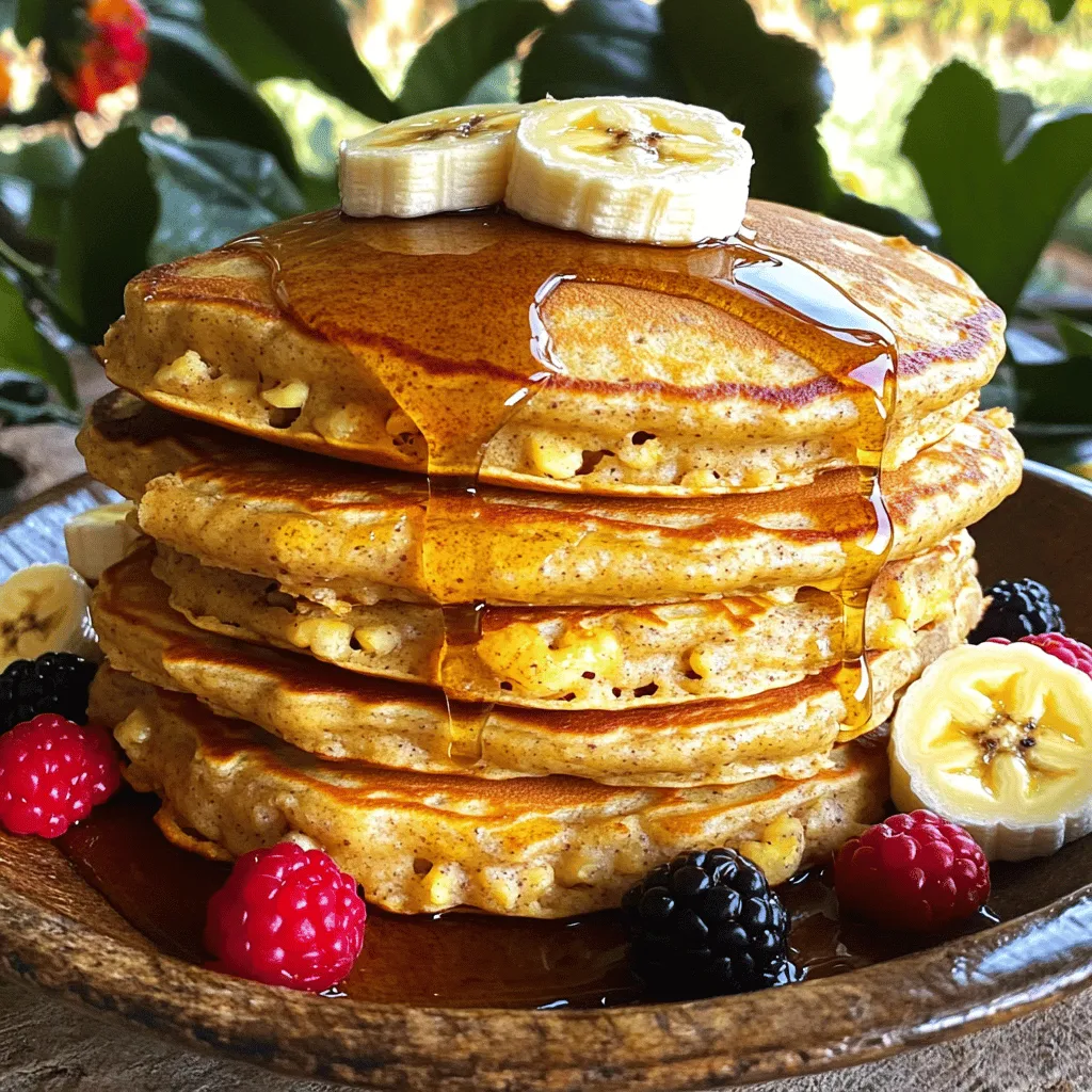 To whip up these tasty banana oatmeal pancakes, gather these main ingredients: - 1 cup rolled oats - 1 ripe banana, mashed until smooth - 1 cup milk (any non-dairy milk works) - 1 tablespoon honey or maple syrup (optional) - 1 teaspoon baking powder - 1/2 teaspoon ground cinnamon - 1/4 teaspoon salt - 1 large egg - 1 tablespoon pure vanilla extract These ingredients form a delightful batter that is both healthy and filling. You can easily customize your pancakes with these extras: - Sliced fresh bananas - Assorted berries - A spoonful of your favorite nut butter - Chopped nuts or seeds - Chocolate chips Feel free to mix and match to create your perfect pancake! If you need alternatives, here are some easy swaps: - Use gluten-free oats for a gluten-free option. - Swap the egg for a flaxseed egg (1 tablespoon ground flaxseed + 2.5 tablespoons water). - For a dairy-free option, almond, soy, or oat milk works great. - Maple syrup can replace honey for a vegan-friendly sweetener. These substitutions keep your pancakes delicious while meeting different dietary needs. For the full recipe, check below. First, grab your rolled oats. Place them in a blender or food processor. Pulse the oats until they look like fine flour. This oat flour is key to our pancakes. It gives them a great texture. Now, take a big bowl and mix your dry ingredients. Combine the oat flour, baking powder, cinnamon, and salt. Whisk these together until they blend well. Next, in another bowl, mash your ripe banana until it’s smooth. Add the milk, egg, honey or maple syrup, and vanilla extract. Whisk this mixture until it is smooth. Slowly pour the wet mix into the dry ingredients. Stir gently until just combined. Do not overmix! Let your batter rest for 5-10 minutes. This helps it thicken and become fluffy. Heat a non-stick skillet over medium heat. Lightly grease it with oil or cooking spray. Pour 1/4 cup of batter onto the skillet for each pancake. Cook for about 2-3 minutes. Watch for bubbles on the surface. When you see them, flip the pancake. Cook for another 2 minutes until golden brown. Keep cooking the remaining batter, adding oil as needed. Serve the pancakes warm, stacked high. Enjoy them with sliced bananas, berries, or nut butter. Check out the Full Recipe for more details! To make your pancakes fluffy, use fresh baking powder. This helps them rise well. Let the batter rest for 5-10 minutes. This waiting time allows the oats to absorb moisture. It also gives the baking powder time to work. Mix the wet and dry ingredients gently. Don't overmix; a few lumps are okay. This helps keep the pancakes light and airy. One common mistake is using old baking powder. Always check the expiration date. Another mistake is not letting the batter rest. Skipping this step makes pancakes flat instead of fluffy. Make sure your skillet is hot enough. If it's too cold, pancakes will cook unevenly. Also, do not flip the pancakes too early. Wait until bubbles form on top before flipping. Serve your pancakes warm for the best taste. Stack them high and top with fresh slices of banana. You can also add mixed berries for a pop of color. Drizzle honey or maple syrup on top for sweetness. For a creamy touch, add a spoonful of nut butter. Try almond, peanut, or cashew butter for extra flavor. You can find the full recipe for these delicious pancakes above. Enjoy your meal! {{image_4}} You can easily make these pancakes vegan. Just swap the egg with a flaxseed meal. Mix 1 tablespoon of flaxseed meal with 2.5 tablespoons of water. Let it sit for five minutes to thicken. Use any non-dairy milk, like almond or soy milk, in the recipe. This way, everyone can enjoy your banana oatmeal pancakes! If you need gluten-free pancakes, you’re in luck! Rolled oats are naturally gluten-free, but check the label to be sure. You can also use gluten-free flour if you want a different texture. Just replace the rolled oats with the same amount of gluten-free flour. Your pancakes will still be tasty and fluffy. Want to jazz up your pancakes? Add fun flavors! You can mix in chocolate chips or chopped nuts. Walnuts or pecans add a nice crunch. Fresh blueberries or raspberries also work well. Experiment with spices like nutmeg or ginger for a unique twist. Create your perfect banana oatmeal pancakes with these fun additions. Check out the Full Recipe for more ideas! After making your banana oatmeal pancakes, you might have some left. To store them, let them cool down. Place them in an airtight container. This helps keep them fresh. You can keep them in the fridge for up to three days. If you want to enjoy them later, freezing is the way to go. To freeze your pancakes, first, let them cool completely. Then, stack them with parchment paper between each pancake. This prevents them from sticking together. Place the stack in a freezer-safe bag or container. Label the bag with the date. You can freeze them for up to two months. When you’re ready to eat, simply pull them out! To reheat your pancakes, you have a few good options. The microwave is quick. Place a pancake on a plate and heat for about 30 seconds. For a crispier texture, use a skillet. Heat on low and flip until warm. You can also pop them in the toaster. This will give them a nice crunch. Enjoy your pancakes warm! For the full recipe, check out the [Full Recipe]. Yes, you can make these pancakes without eggs. Use a flaxseed meal instead. Mix 1 tablespoon of flaxseed meal with 2.5 tablespoons of water. Let it sit for five minutes to thicken. This mixture acts as a great egg substitute. To make your pancakes sweeter, add more banana. You can also mix in honey or maple syrup. Start with an extra tablespoon and adjust to your taste. Remember, ripe bananas are naturally sweeter, so choose a good one. Toppings can really enhance your pancakes. Some tasty options include: - Sliced fresh bananas - Assorted berries - A spoonful of nut butter - A drizzle of honey or maple syrup - A sprinkle of nuts for crunch Try different combinations to find your favorite! Look for bubbles on the top of the pancake. When you see them, it’s time to flip. After flipping, cook for about two more minutes. The underside should be golden brown. If the pancake feels firm to the touch, it is ready to eat! In this blog post, we explored banana oatmeal pancakes, including ingredients and step-by-step cooking. You learned about essential and optional ingredients, as well as various substitutions. I shared tips for fluffiness and common mistakes to avoid. We also discussed how to store leftovers and answer key questions. In the end, these pancakes are easy to make and fun to customize. Enjoy your cooking and savor each bite!
