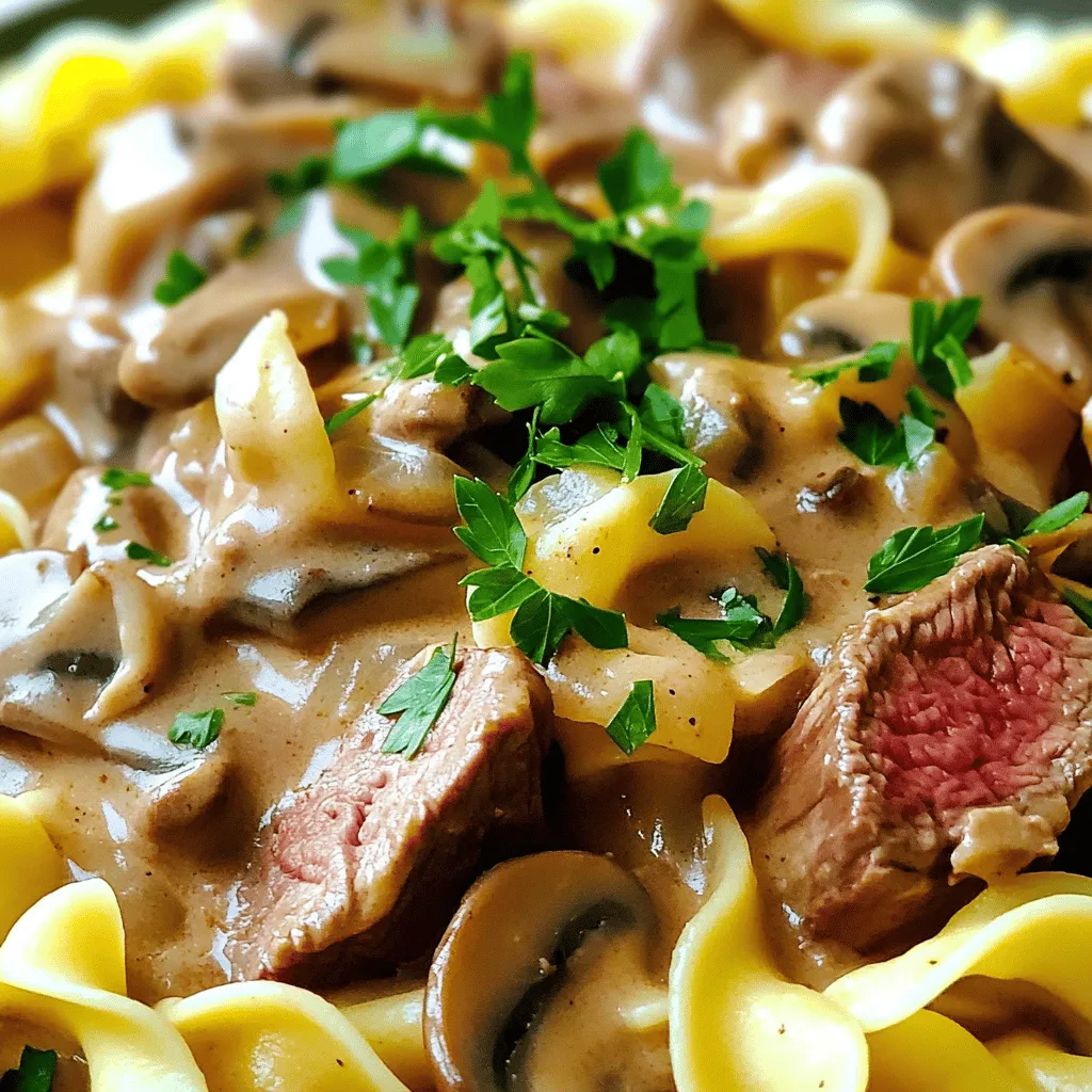 - 1 lb beef sirloin, thinly sliced - 1 medium onion, diced - 2 cloves garlic, minced - 8 oz mushrooms, sliced - 2 tablespoons all-purpose flour - 2 cups beef broth - 1 cup sour cream - 2 tablespoons Dijon mustard - 2 tablespoons olive oil - Salt and pepper to taste - Fresh parsley, chopped for garnish - Cooked egg noodles or rice for serving In this recipe, you will need beef sirloin for the main protein. This cut is juicy and tender. Slice it thinly to ensure quick cooking. You will also need one medium onion and two cloves of garlic. These add a nice depth of flavor. Fresh mushrooms, like cremini or button, bring earthiness to the dish. You will use two tablespoons of flour to help thicken the sauce. The beef broth adds rich flavor, while sour cream gives creaminess. Dijon mustard adds a touch of tang. Olive oil is essential for cooking the beef and veggies. Finally, season your dish with salt and pepper, and garnish with fresh parsley. - Choosing the right cut of beef: Always opt for tender cuts, like sirloin or tenderloin. They cook quickly and stay juicy. - Selecting fresh mushrooms: Look for firm, dry mushrooms with no dark spots. Fresh mushrooms will have the best flavor. - Importance of low-sodium broth: This helps control the saltiness of your dish. You can always add more salt later if needed. These tips ensure your beef stroganoff is both tasty and satisfying. The right ingredients make all the difference! For the complete recipe, check out the Full Recipe. To cook the beef for optimal tenderness, choose sirloin. Slice it thinly against the grain. This helps the beef stay soft. Heat olive oil in a large skillet on medium-high heat. When the oil shimmers, add the beef. Make sure not to crowd the pan. Season with salt and pepper. Cook for about four to five minutes. You want the beef to be browned on all sides. Once done, remove the beef and set it aside on a plate. For the sauce, start by adding diced onion to the same skillet. Sauté for about three minutes until soft and clear. Next, add minced garlic and sliced mushrooms. Stir and cook for five minutes. The mushrooms should be tender and lose moisture. Now, sprinkle flour over this mixture. Stir well to coat everything and let it cook for one minute. This step avoids lumps later. Gradually pour in the beef broth. Stir constantly to mix well. This keeps the sauce smooth. Let the mixture simmer gently. After simmering, return the cooked beef to the skillet with any juices. Mix in sour cream and Dijon mustard. Stir until well combined. Let the stroganoff simmer for five more minutes. The sauce should thicken nicely and be creamy. Before serving, taste the sauce. Adjust with more salt or pepper if needed. Serve the beef stroganoff over cooked egg noodles or rice. For a beautiful finish, garnish with chopped parsley. This adds color and freshness. For plating, use shallow bowls. Drizzle some sour cream on top and sprinkle extra parsley. This makes your dish look great and inviting. For the full recipe, check out the details above. Enjoy your meal! Using the right heat is key for cooking beef stroganoff. Start on high heat to sear the beef. This gives you a nice brown color. Once the beef is done, lower the heat for the sauce. This helps the flavors blend well without burning. To get the perfect sauce, you want it creamy but not too thick. After adding the sour cream, let it simmer on low heat. Stir often to keep it smooth. If it gets too thick, add a bit more beef broth to loosen it up. You can add spices and herbs to change the taste. Try a pinch of paprika for warmth or fresh thyme for an earthy note. If you want a twist, consider using garlic powder or even a dash of Worcestershire sauce for depth. If you need alternatives, swap beef for chicken or mushrooms for a vegetarian dish. Use non-dairy sour cream for a dairy-free option. Just make sure to adjust the cooking time based on what you choose. Beef stroganoff pairs well with several sides. Egg noodles are classic, but rice works just as well. You can also serve it with mashed potatoes for a hearty meal. Steamed veggies or a simple salad add freshness. For drinks, a light red wine like Pinot Noir complements the dish. If you prefer non-alcoholic, try sparkling water with a slice of lemon. It cleanses the palate and balances the creaminess of the stroganoff. {{image_4}} You can change beef stroganoff to fit different diets. For a vegetarian dish, use mushrooms or tofu. Both options bring a meaty texture. Mushrooms, like cremini, add great umami flavor. Tofu provides a nice protein boost. You can also swap the beef for other meats. Chicken or pork work well in this recipe. Just slice them thin and cook them the same way. Both options will give you a tasty meal. Beef stroganoff has many regional styles. The Russian version is rich, often using sour cream. Western-style stroganoff is creamier and might add more spices. Different cuisines also inspire this dish. For example, some might add soy sauce for a savory kick. Others may include wine for depth. Each twist makes the dish unique and fun to try. Explore these variations to make your own beef stroganoff. Check out the Full Recipe for the classic version and enjoy experimenting! To keep leftover beef stroganoff fresh, store it in an airtight container. Place it in the fridge right after it cools. This dish lasts about 3 to 4 days in the refrigerator. If you want to keep it longer, you can freeze it. Just make sure to use a freezer-safe container. When frozen, beef stroganoff can last for about 2 to 3 months. When reheating, aim to keep the texture smooth. You can use a microwave or a stovetop. If using a microwave, heat it in short bursts. Stir in between to help heat evenly. On the stovetop, warm it over low heat. Add a splash of beef broth or a bit of sour cream. This helps restore moisture and keeps your stroganoff creamy. Enjoy your meal again without losing any flavor! To make beef stroganoff from scratch, follow these key steps for homemade authenticity: 1. Select Quality Ingredients: Start with fresh beef sirloin, onions, garlic, and mushrooms. 2. Cook the Beef: Sear thin slices of beef in hot olive oil. This adds flavor and keeps it tender. 3. Build the Base: Sauté onions, garlic, and mushrooms until soft. This enhances the taste. 4. Thicken the Sauce: Sprinkle flour over the mixture and stir well. This helps create a creamy texture. 5. Add Broth and Cream: Gradually mix in beef broth, then sour cream and Dijon mustard. This gives depth to the sauce. 6. Final Simmer: Let the sauce simmer until thickened. Adjust seasoning as needed. These steps ensure you get a rich and savory beef stroganoff that feels homemade. Yes, you can use different types of meat in beef stroganoff. Here are some options: - Chicken: Thin slices of chicken breast work well. Cook them in the same way as beef. - Pork: Pork tenderloin adds a nice flavor. Cut it thinly and follow the same steps. - Turkey: Ground turkey is a leaner option. Cook it until browned before adding other ingredients. These alternatives can give you new flavors while keeping the dish enjoyable. Yes, you can make beef stroganoff ahead of time. Here are some time-saving tips: - Cook and Store: Prepare the stroganoff as usual, then let it cool. Store it in the fridge for up to 3 days. - Reheat Gently: When ready to eat, reheat it on low heat. Add a splash of broth to keep it creamy. - Serve Fresh: Cook the noodles or rice just before serving. This keeps them from getting mushy. These steps help you enjoy beef stroganoff with less stress on busy days. If you need substitutes for sour cream, here are some options: - Greek Yogurt: This adds a similar creaminess with a tangy flavor. - Cottage Cheese: Blend cottage cheese until smooth. It’s a lower-fat choice. - Silken Tofu: For a dairy-free option, blend silken tofu. It mimics the creaminess well. These substitutes can keep your beef stroganoff tasty while fitting dietary needs. In this article, we covered how to make classic beef stroganoff. We discussed key ingredients, steps for preparing the beef, making the sauce, and serving tips. I shared useful cooking techniques and flavor enhancements, plus variations like vegetarian options. Knowing how to store leftovers and reheating properly helps enjoy this dish longer. Beef stroganoff is versatile, tasty, and perfect for various occasions. With these tips, you can create a delicious meal that impresses every time. Enjoy your cooking journey!