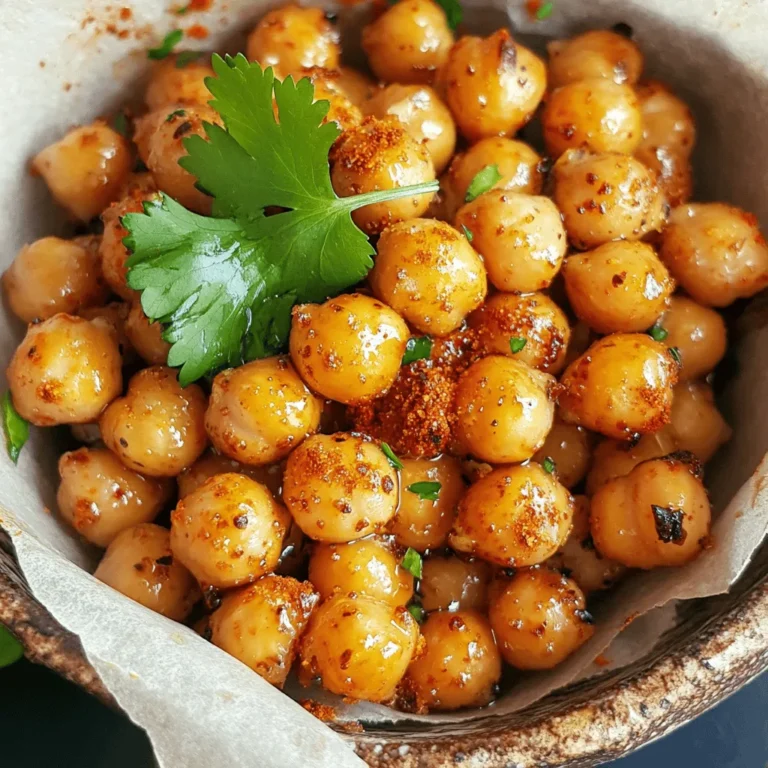 - 1 can (15 oz) of chickpeas, drained and thoroughly rinsed - 2 tablespoons of olive oil - 1 tablespoon of honey or maple syrup - 1 teaspoon of chili powder - 1/2 teaspoon of smoked paprika - 1/2 teaspoon of garlic powder - 1/4 teaspoon of cayenne pepper (adjust according to your heat preference) - Salt to taste - Fresh cilantro or parsley, chopped, for garnish (optional) You can use dried chickpeas instead of canned. Just soak them overnight and cook them until tender. If you want a vegan option, swap honey for maple syrup. You can also replace olive oil with avocado oil for a different flavor. For the spices, feel free to adjust the chili powder and cayenne pepper to match your taste. - Chickpeas: Packed with protein and fiber, they help keep you full. - Olive Oil: Contains healthy fats that support heart health. - Honey/Maple Syrup: Adds natural sweetness and contains antioxidants. - Chili Powder: Boosts metabolism and adds flavor. - Smoked Paprika: Offers antioxidants and a rich, smoky taste. - Garlic Powder: Known for its health benefits, it can boost your immune system. - Cayenne Pepper: May help reduce hunger and increase fat burning. - Salt: Enhances flavor but should be used in moderation. - Cilantro/Parsley: Adds freshness and contains vitamins and minerals. These ingredients not only create a tasty snack, but they also offer many health benefits. Enjoy making Sweet and Spicy Roasted Chickpeas as a fun and healthy treat! For the full recipe, check out the details above. Start by preheating your oven to 400°F (200°C). This heat will help the chickpeas turn crispy. Open the can of chickpeas and drain them well. Rinse them under cold water to wash away the canning liquid. Next, spread the chickpeas on a clean kitchen towel. Use the towel to gently pat them dry. This step is key for getting that crunch you want. In a large mixing bowl, add 2 tablespoons of olive oil and 1 tablespoon of honey or maple syrup. Mix them well. This will be the glaze that makes the chickpeas sweet and sticky. Now, toss the chickpeas into the bowl. Make sure each chickpea gets a nice coat of the glaze. In a separate small bowl, mix 1 teaspoon of chili powder, 1/2 teaspoon of smoked paprika, 1/2 teaspoon of garlic powder, and 1/4 teaspoon of cayenne pepper. Add salt to taste. Sprinkle this spice mix over the chickpeas and toss again to coat all of them evenly. Spread the seasoned chickpeas in a single layer on a baking sheet. Make sure they are spaced out; this helps them roast evenly. Place the baking sheet in your preheated oven. Roast them for 25-30 minutes. Halfway through, shake the pan to help them crisp up. You want the chickpeas to be golden brown and super crunchy! When they are done, take them out and let them cool for a few minutes. This cooling time will add to their crispiness. If you like, you can finish with some chopped cilantro or parsley for a fresh touch. Enjoy your sweet and spicy roasted chickpeas! Check out the Full Recipe for more details. For the best crunch, dry your chickpeas well. After rinsing, use a clean kitchen towel. Pat them dry gently but thoroughly. This step helps remove excess moisture. Spread them in a single layer on your baking sheet. Give them space to allow even roasting. Shake the pan halfway through to prevent sticking. The goal is to get them golden and crispy. One common mistake is not drying the chickpeas. Moisture leads to soggy snacks. Another mistake is overcrowding the baking sheet. This can cause uneven cooking. Make sure to preheat your oven well. If the oven isn't hot enough, your chickpeas won't get crispy. Lastly, avoid skipping the cooling step. Let them cool for a few minutes to enhance crunch. Roasted chickpeas are a great snack on their own. Serve them in a bowl or on a platter. For extra flair, sprinkle with chili powder or fresh herbs. You can also pair them with dips like hummus or guacamole. They add a nice crunch to salads or grain bowls. Try mixing them with nuts for a tasty trail mix. For a sweet twist, toss them on yogurt or oatmeal. Enjoy these snacks anytime! For the full recipe, check the Sweet and Spicy Roasted Chickpeas section. {{image_4}} You can play with flavors when making roasted chickpeas. For a sweet version, use honey or maple syrup. This adds a tasty glaze. You can also add cinnamon or nutmeg for warmth. If you want a savory twist, skip the sweetener. Use herbs like rosemary or thyme. Garlic powder and onion powder also work well. Feel free to mix and match flavors to fit your taste. Roasted chickpeas are naturally vegan and gluten-free. Use maple syrup instead of honey for a vegan option. Always check your spices for gluten, as some brands may add it. This snack fits many diets, making it a great choice for gatherings. You can easily share these with friends who have dietary needs. Roasted chickpeas are not just a snack. You can add them to salads for crunch. They make salads fun and filling. Toss them on grain bowls for extra texture. You can even blend them into dips for a unique twist. Crush them and sprinkle over soups for added flavor. The options are endless, so get creative! To keep your roasted chickpeas fresh and crunchy, store them in an airtight container. Glass jars or plastic containers work well. Avoid leaving them in open bags, as air makes them soggy. If you like, add a small packet of silica gel to absorb moisture. This helps your snack stay crisp for longer. When stored properly, roasted chickpeas last about one week. They taste best within the first few days after roasting. If you notice any softening, it’s time to use them up. For longer storage, consider freezing them. However, freezing may change their texture a bit when thawed. If your chickpeas lose some crunch, you can easily revive them. Preheat your oven to 350°F (175°C). Spread the chickpeas on a baking sheet. Heat them for about 5-10 minutes. This simple step brings back their delightful crunch. Enjoy your sweet and spicy roasted chickpeas as a snack again! Yes, you can use dried chickpeas. First, soak them in water overnight. This helps soften them. Cook the soaked chickpeas until they are tender. It usually takes about 1 to 2 hours on the stove. Once cooked, drain and rinse them. Then, you can follow the same steps in the recipe. Using dried chickpeas can add a deeper flavor. If you want a substitute for honey or maple syrup, try agave nectar or brown sugar. Both options will add sweetness. You can also use coconut sugar for a different flavor. Just remember to adjust the amount based on your taste. Each substitute may change the final taste slightly. Yes, roasted chickpeas are a healthy snack. They are high in protein and fiber. This helps keep you full for longer. They are also low in calories compared to many snacks. Plus, they contain important nutrients, like iron and magnesium. You can enjoy them guilt-free! To make the recipe spicier, add more cayenne pepper or chili powder. You can also try adding hot sauce for an extra kick. For a milder flavor, cut back on the cayenne pepper. You can even leave it out if you prefer a sweeter taste. Adjust the spices to fit your taste buds! Roasting chickpeas can be simple and fun. We explored ingredients, measurements, and health benefits. I shared tips to prep and roast for perfect crunch. You can avoid common mistakes to enjoy delicious snacks or meal add-ons. Remember, there are many ways to play with flavors and dietary needs. With proper storage, these snacks stay fresh longer. Now, try this easy recipe for a tasty, healthy treat! Enjoy your roasted chickpeas!