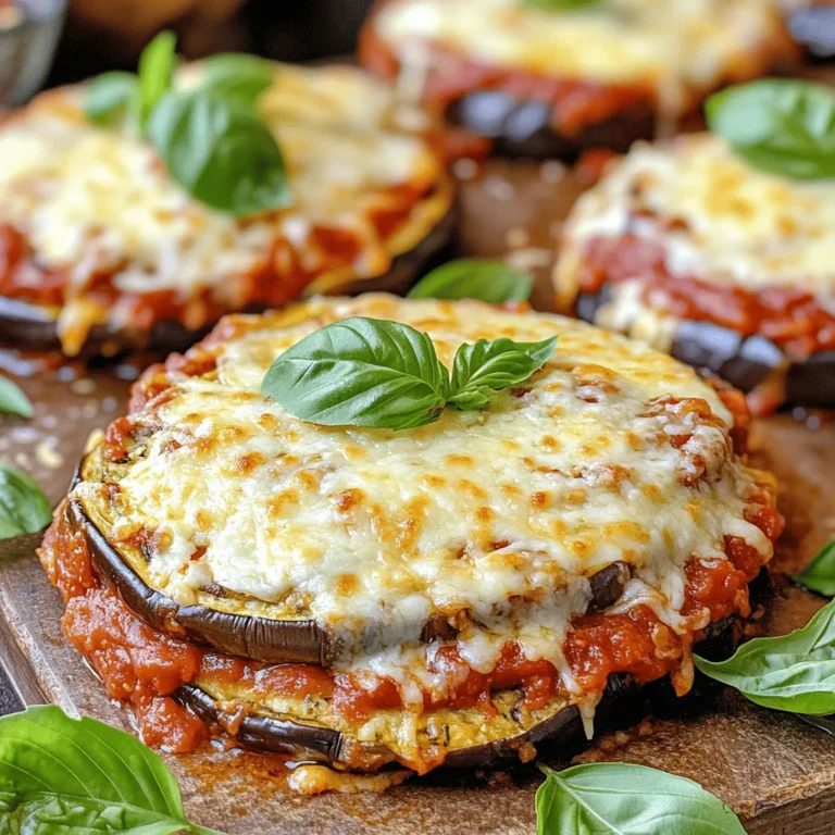 - Eggplants: You need 2 large eggplants. Slice them into 1/4-inch rounds. This thickness helps them cook evenly and absorb flavors well. - Cheese varieties: Use 2 cups of shredded mozzarella and 1 cup of grated Parmesan cheese. These cheeses melt beautifully and add rich flavors. - Marinara sauce: You will need 2 cups of marinara sauce. Choose a good-quality sauce for the best taste. Homemade sauce works great, too! - Flour: Use 1 cup of all-purpose flour. This helps the eggplant hold the coating well. - Eggs: You need 3 large eggs, beaten. The eggs help the breadcrumbs stick to the eggplant. - Breadcrumbs: Use 1 cup of Italian seasoned breadcrumbs. They add a nice crunch and flavor. - Olive oil: Use 1 tablespoon of olive oil. Drizzle it on the eggplant to help it crisp up in the oven. - Dried herbs: Use 1 teaspoon of dried basil and 1 teaspoon of dried oregano. These herbs add a burst of flavor to your dish. - Fresh basil: For garnish, use fresh basil leaves. They add a lovely touch and enhance the dish's aroma. For the complete recipe, check out the Full Recipe. Enjoy your cooking! Salting the eggplants Start by slicing the eggplants into 1/4-inch rounds. Place them in a colander and sprinkle with salt. This step removes bitterness and moisture. Let them sit for about 30 minutes. Afterward, rinse the slices under cold water. Pat them dry with paper towels. Setting up the breading station Prepare three shallow bowls. Fill one with flour, another with beaten eggs, and the last with breadcrumbs. This setup helps you coat the eggplants easily and quickly. Dredging in flour Take each eggplant slice and first coat it in flour. Make sure it’s fully covered. The flour helps the egg stick better. Coating with eggs and breadcrumbs Next, dip the floured slice into the beaten eggs. Allow any extra egg to drip off. Finally, coat it thoroughly with breadcrumbs. Place the breaded slices on a lined baking sheet for baking. Initial baking instructions Drizzle the breaded eggplant slices with olive oil. This step adds crispiness. Bake them in a preheated oven at 375°F (190°C) for 25-30 minutes. Flip the slices halfway through for even browning. Layering in the baking dish In a large baking dish, pour a layer of marinara sauce. Then, add a layer of baked eggplant slices. Sprinkle mozzarella and Parmesan cheese on top. Add a little dried basil and oregano. Repeat this layering until all ingredients are used, ending with cheese on top. Baking until bubbly Place the assembled dish in the oven. Bake for another 25-30 minutes or until the cheese is bubbling and golden brown. Cooling and serving preparation Once baked, remove the dish from the oven. Let it cool for a few minutes. This helps the layers firm up before slicing. Serve with fresh basil leaves on top for a lovely touch. To make your Baked Eggplant Parmesan sing with flavor, start with good seasoning. I recommend using salt and fresh herbs. A sprinkle of garlic powder also adds a nice touch. When it comes to sauce, choose a quality marinara. A rich, homemade sauce will elevate your dish. If you use store-bought, look for one with fresh ingredients and no added sugars. Getting crispy eggplant is key to this dish. After salting, be sure to pat the eggplant slices dry. This step removes excess moisture. For best results, coat them well in breadcrumbs. A drizzle of olive oil before baking helps too. When layering, start with sauce, then eggplant, and follow with cheese. Repeat this pattern, but finish with a cheese layer. This ensures the top gets nice and melty. For serving, I like to use rustic plates. Drizzle some extra marinara around the edges for color. You can also add a sprig of fresh basil on top. This not only looks nice but adds a fresh scent. Serve with a side salad or garlic bread for a complete meal. Enjoy the beauty before you dig in! {{image_4}} You can easily make your Baked Eggplant Parmesan even better. First, add more vegetables. Sliced zucchini or bell peppers work great. They add color, flavor, and nutrients. You can also mix in sautéed spinach or mushrooms for added depth. If you need a gluten-free version, swap the breadcrumbs. Use gluten-free breadcrumbs or ground almonds. Both will give you a nice crunch without the gluten. Want to spice things up? Try adding spices like crushed red pepper or garlic powder. These will give your dish a nice kick. You can also mix fresh herbs like parsley or thyme for a fresh taste. Cheese lovers can experiment too. Instead of just mozzarella and Parmesan, try provolone or gouda. Each cheese adds a unique flavor that can enhance your dish. To make a complete meal, pair your Baked Eggplant Parmesan with sides. A simple salad with mixed greens and a light vinaigrette works well. Garlic bread is another great choice for a comforting meal. For a fun twist, serve the eggplant on pasta. This adds a filling element and makes a hearty dish. You can also serve it with a side of roasted vegetables for a colorful plate. Exploring these variations can enhance your cooking and impress your guests. For the full recipe, be sure to check out the details above! Store your baked eggplant parmesan in the fridge. Use an airtight container to keep it fresh. A glass or plastic container works well. Let it cool to room temperature before sealing. This helps avoid moisture build-up. To freeze leftovers, cut the dish into portions. Wrap each portion tightly in plastic wrap. Then, place them in a freezer bag. Remove as much air as possible. When ready to eat, thaw it in the fridge overnight before reheating. In the fridge, your eggplant parmesan lasts about 3-5 days. In the freezer, it stays good for up to 3 months. Look for signs of spoilage, like a sour smell or mold. If you see these, it’s best to discard it. Enjoy your delicious meal safely! To make Baked Eggplant Parmesan, follow these steps: 1. Preheat your oven to 375°F (190°C). 2. Slice two large eggplants into 1/4-inch rounds. 3. Sprinkle the slices with 1 teaspoon of salt and let them sit in a colander for 30 minutes. 4. Rinse the eggplant and pat dry with paper towels. 5. Set up a breading station with three bowls: one with 1 cup of flour, one with 3 beaten eggs, and the last with 1 cup of Italian seasoned breadcrumbs. 6. Dredge each eggplant slice in flour, then dip in eggs, and coat with breadcrumbs. 7. Place the slices on a lined baking sheet and drizzle with 1 tablespoon of olive oil. 8. Bake for 25-30 minutes, flipping halfway, until golden brown. 9. In a baking dish, layer marinara sauce, eggplant slices, and cheeses. Repeat until all ingredients are used. 10. Bake for another 25-30 minutes until the cheese bubbles and turns golden. Key ingredients include: - Eggplants - Marinara sauce - Mozzarella cheese - Parmesan cheese For the full recipe, refer to the earlier sections. Yes, you can prepare Baked Eggplant Parmesan in advance. Here are the best practices: - Slice and salt the eggplant a day ahead. - Bread the eggplant and store it in the fridge. - Assemble the dish up to 24 hours in advance. Cover it tightly. - When ready to bake, let it sit at room temperature for 30 minutes before cooking. I suggest serving Baked Eggplant Parmesan with: - A fresh green salad with vinaigrette. - Garlic bread for a crunchy side. - Roasted vegetables for extra flavor. - A simple pasta tossed with olive oil and herbs. To make the eggplant not bitter, follow these steps: 1. Slice the eggplants and sprinkle salt on both sides. 2. Let them sit for 30 minutes. The salt draws out moisture and bitterness. 3. Rinse the eggplants under cold water to remove the salt. 4. Pat them dry with paper towels before breading. Baked Eggplant Parmesan can be healthy. Here are some nutritional benefits: - Eggplant is low in calories and high in fiber. - It provides vitamins and minerals like potassium and vitamin C. - Using less oil and cheese can make it lighter. - Adding fresh herbs boosts flavor without extra calories. To reheat Baked Eggplant Parmesan, follow these methods: - Preheat your oven to 350°F (175°C). - Place slices in an oven-safe dish. - Cover with foil to retain moisture. - Heat for 20-25 minutes or until warm. You can also use a microwave for quick reheating but avoid sogginess by covering it lightly. Baked Eggplant Parmesan combines eggplants, cheese, and marinara for a tasty dish. You learned the best ways to prepare, bread, and bake the eggplant. We also explored variations and important storage tips. With simple steps, you can make a delicious meal at home. Remember to enhance the flavor and achieve a great texture. This dish is versatile and can fit into many diets. Enjoy your cooking and the delight of sharing this meal with others!