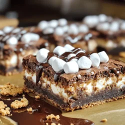 - 1 cup unsalted butter, melted - 2 cups granulated sugar - 4 large eggs - 1 teaspoon vanilla extract - 1 cup all-purpose flour - 1 cup unsweetened cocoa powder - ½ teaspoon baking powder - ½ teaspoon salt - 1 cup semi-sweet chocolate chips - 1 cup mini marshmallows - 1 cup graham cracker crumbs - ½ cup additional mini marshmallows for topping To make s'mores brownie bars, you need simple ingredients. Butter gives richness, while sugar adds sweetness. The eggs help bind everything together. Vanilla extract adds a warm flavor. All-purpose flour and cocoa powder create the brownie base. Baking powder makes the brownies rise. Salt balances the sweetness. Semi-sweet chocolate chips add extra chocolatey goodness. Mini marshmallows give that classic s'mores taste. Graham cracker crumbs add crunch and flavor. You can find these ingredients at any grocery store. Always check for freshness, especially for eggs and butter. Using fresh ingredients makes a big difference in taste. For the full recipe, you can refer to the section above. - Preheat the oven to 350°F (175°C). - Prepare a 9x13-inch baking dish. You can grease it lightly with butter or cooking spray. Another option is to line it with parchment paper for easy removal. - In a large mixing bowl, combine 1 cup of melted unsalted butter and 2 cups of granulated sugar. Mix them well until smooth and glossy. - Add 4 large eggs to the bowl, one at a time. Mix well after each egg to blend them completely. Stir in 1 teaspoon of vanilla extract for flavor. - In a separate bowl, whisk together 1 cup of all-purpose flour, 1 cup of unsweetened cocoa powder, ½ teaspoon of baking powder, and ½ teaspoon of salt. - Gradually add the dry mixture to the wet mixture. Stir gently until just combined. Do not overmix or the brownies will be tough. - Fold in 1 cup of semi-sweet chocolate chips for richness. - Pour the brownie batter into the prepared baking dish. Use a spatula to spread it evenly. - Bake the brownies for 25-30 minutes. Check for doneness by inserting a toothpick into the center. It should come out with a few moist crumbs. - Remove the brownies from the oven and sprinkle 1 cup of mini marshmallows on top. Return them to the oven for 5-7 minutes. Bake until the marshmallows are gooey and golden. - After baking, take them out and add ½ cup of additional mini marshmallows and any leftover chocolate chips on top. - Let the brownies cool in the pan for at least 15-20 minutes. Once cool, cut them into bars. For the full recipe, refer to the earlier section. Enjoy your rich and chewy s'mores brownie bars! To make the best brownies, you need to avoid overmixing the batter. Overmixing can turn your brownies tough and dry. Mix just until the flour disappears. This keeps them chewy and rich. For checking doneness, I suggest using a toothpick. Insert it into the center of the brownies. If it comes out with a few moist crumbs, they are ready. If it's wet, give them a few more minutes. I love serving these brownie bars warm. The chocolate is rich and gooey. You can drizzle chocolate sauce on top for extra flavor. Adding crushed graham crackers as a garnish makes it look fancy. It also adds a nice crunch. One common mistake is using incorrect measurements. Always use the right cups and spoons. Too much or too little can ruin the texture. Another mistake is not lining the baking dish. Lining it with parchment paper helps you lift the brownies out easily. This way, you can cut them into perfect bars without a mess. {{image_4}} You can easily change the flavor of your s'mores brownie bars. Adding nuts gives them a nice crunch. Try using walnuts or pecans for a tasty twist. You can also use different types of chocolate. Dark chocolate adds richness, while milk chocolate keeps it sweet. You can mix semi-sweet chocolate chips with white chocolate for a fun look and taste. Experimenting with flavors can make your bars even more exciting! If you need to make these bars gluten-free, use gluten-free flour instead of all-purpose flour. Many brands work well and keep the taste great. For vegan substitutes, you can swap eggs with applesauce or a flaxseed mix. Use dairy-free chocolate chips to keep the recipe vegan-friendly. These simple tweaks let everyone enjoy these treats! Think outside the box when serving these brownie bars. You can make s'mores brownie ice cream sandwiches. Just place a scoop of ice cream between two bars. It’s a cool treat for hot days! You can also turn them into s'mores brownie sundaes. Simply cut the bars into pieces, add ice cream, and top with chocolate sauce and extra marshmallows. These fun ideas make your dessert even more special. For the full recipe, be sure to check the details! To keep your s'mores brownie bars fresh, store them in an airtight container. Place parchment paper between layers to avoid sticking. If you refrigerate them, they can last up to a week. For freezing, wrap each bar in plastic wrap and then in aluminum foil. This helps prevent freezer burn. When you want to enjoy these bars again, you can reheat them easily. The oven is best for even warmth. Preheat it to 350°F (175°C) and place the bars on a baking sheet for about 10 minutes. If you're in a hurry, the microwave works too. Heat them for about 15-20 seconds. Just be careful not to overheat them; otherwise, they may become tough. These s'mores brownie bars are great for snacking! If stored in the fridge, they last for about a week. If you freeze them, they can stay good for up to three months. Just remember to label your wraps with the date, so you know when to eat them! To cut brownies well, use a sharp knife. Dip the knife in hot water. Wipe it clean after each cut. This keeps the edges neat and smooth. For clean lines, let the brownies cool first. Yes, you can make these bars ahead of time. Bake them and let them cool completely. Store them in an airtight container. They stay fresh for up to four days at room temperature. While you can use chocolate syrup, it will change the texture. The bars may turn out softer and less chewy. For the best results, stick with chocolate chips. If you lack graham crackers, you can use digestive biscuits. You can also crush vanilla wafers or use a mix of oats and flour. These will give a similar texture and taste. Yes, there are ways to reduce the sweetness. Cut back on sugar in the recipe. You can also use dark chocolate chips, which have less sugar. This makes the brownies richer and less sweet overall. In this blog post, we covered all the key steps to make tasty brownies. You learned about the ingredients you'll need, from butter to chocolate chips. I detailed how to mix the batter and bake it to perfection. We also explored tips for serving and storing your brownies. Remember, small changes can lead to big flavor. Don't forget to have fun and get creative with your brownie ideas. Happy baking!