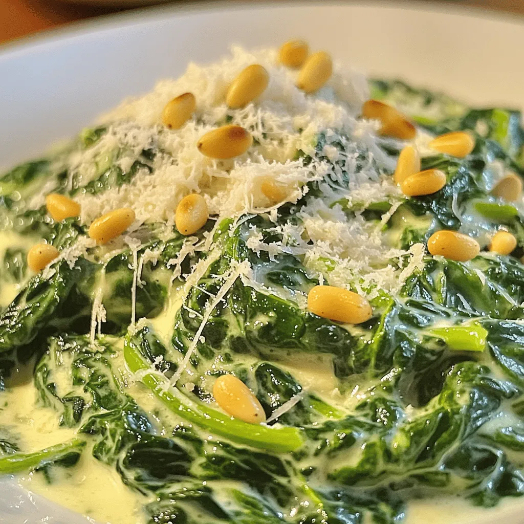 - Fresh spinach - Olive oil - Garlic - Onion - Heavy cream - Cream cheese - Parmesan cheese - Nutmeg - Salt and black pepper - Pine nuts for garnish I love using fresh spinach for this dish. It has a bright flavor and great texture. You can find it at your local grocery store or farmer's market. Olive oil adds richness, while garlic and onion provide a nice base of flavor. Heavy cream makes the dish smooth and creamy. Cream cheese adds a lovely tang. Parmesan cheese brings a salty, nutty taste that rounds out the dish. Don't forget the nutmeg! It gives a warm spice that elevates the flavors. Lastly, salt and black pepper enhance everything. - Alternatives for heavy cream: You can use half-and-half or whole milk for a lighter option. - Non-dairy options for cream cheese: Silken tofu or cashew cream works well for a vegan choice. - Other types of cheese: Try using gouda or feta for a different taste. These substitutions let you customize the dish to your needs. You can still enjoy that creamy texture and rich flavor, even if you're dairy-free. For the cheese, pick one that melts well to keep the dish smooth. For the full recipe, check out the details in the section above. Start by heating 2 tablespoons of olive oil in a large skillet over medium heat. Once the oil warms, add 3 minced garlic cloves and 1 finely chopped onion. Sauté them together for about 3 to 4 minutes. The onion should turn soft and clear. Keep an eye on the garlic. You don’t want it to burn. Now it's time to bring in the star of the dish—1 pound of fresh spinach. Gradually add the chopped spinach to the skillet. Stir it often as it cooks. In about 5 minutes, the spinach will wilt and shrink down a lot. This is when the magic starts to happen. Lower your heat to a gentle simmer. Pour in 1 cup of heavy cream and add ½ cup of softened cream cheese. Stir well until the cream cheese melts completely. You want a smooth and creamy base. Next, mix in ½ cup of grated Parmesan cheese and ¼ teaspoon of fresh nutmeg. Stir until everything combines nicely. Taste your mixture and add salt and black pepper as needed. After this, let the mixture simmer for 3 to 4 more minutes. Stir it occasionally to stop it from sticking. The flavors will blend beautifully, creating a rich and comforting dish. For the full recipe, refer to the section above. To avoid garlic burning, watch the heat closely. Keep your skillet on medium heat. When you add garlic, stir it often. This keeps it from turning bitter. If garlic burns, it can ruin your dish. The right heat level matters. When you add spinach, turn the heat up a bit. This helps the spinach wilt quickly. Once it's soft, lower the heat to simmer. This allows the cream to blend well without boiling. Adding spices and herbs can boost flavor. Try a pinch of red pepper flakes for warmth. Fresh herbs like thyme or basil add a nice touch too. Nutmeg already gives a warm taste, but other spices can enhance it. To add crunch, consider toasted pine nuts on top. They offer a nutty flavor and texture. You can also use crispy breadcrumbs. Sprinkling them adds a delightful contrast to the creamy spinach. For a beautiful dish, use shallow bowls. Drizzle a bit of olive oil around the edge. This adds a touch of elegance. A sprig of fresh herb on top brings color and freshness. Skillet creamed spinach pairs nicely with many main courses. Try it with grilled chicken or steak. It also works well with roasted fish. This dish is a great side that complements a variety of meals. {{image_4}} You can make creamed spinach lighter by swapping out heavy cream. Use low-fat or light cream instead. This keeps the dish creamy but cuts the calories. You can also add more veggies. Try mixing in chopped mushrooms or bell peppers. They add color and nutrients. For a spicy kick, add red pepper flakes to your skillet. Just a pinch can heat things up. If you like meat, try adding crispy bacon or shredded chicken. This adds a savory depth to the dish. Both meat and spice can create a new version of creamed spinach that excites the palate. To give it a Mediterranean twist, mix in sun-dried tomatoes and feta cheese. This adds a tangy flavor and makes it unique. If you want to try something different, use Indian spices. A pinch of garam masala or curry powder can transform your creamed spinach. This will surprise your guests with bold, rich flavors. For more ideas, check the Full Recipe. To keep your creamed spinach fresh, store leftovers right away. Let it cool to room temperature before storing. Place it in an airtight container to prevent drying out. Make sure to consume it within 3 to 4 days for the best flavor. Glass containers work well, as they don’t absorb smells. They also allow you to see what’s inside. If you want to save your creamed spinach for later, you can freeze it. First, let it cool completely. Then, scoop it into freezer-safe bags or containers. Squeeze out as much air as possible to avoid freezer burn. You can freeze it for up to 3 months. When you’re ready to eat, thaw it in the fridge overnight. Reheat it gently on the stove over low heat. Stir it often to make sure it warms evenly. If it seems thick, add a splash of milk or cream to bring it back to life. You can use alternatives like milk or cashew cream. For a thick texture, try blending silken tofu. Both options give a creamy feel without heavy cream. You can also add a bit of flour to thicken the mixture. This method keeps the dish light yet satisfying. Yes, you can use frozen spinach. It is convenient and saves time. Frozen spinach is pre-cooked and chopped, which helps in quick preparation. However, it may have extra water, so drain it well. Fresh spinach has a brighter taste and better texture. Choose based on your preference and what you have on hand. Skillet creamed spinach pairs well with many dishes. You could serve it alongside grilled chicken or steak. It also complements fish, adding a rich flavor. For a vegetarian option, try it with roasted vegetables or a hearty grain dish. A warm crusty bread also works great to soak up the sauce. Skillet creamed spinach lasts about three to four days in the fridge. Store it in an airtight container to keep it fresh. Reheat it gently on the stove or in the microwave. Stir it well to ensure even heating. If it thickens, add a splash of milk to loosen it up. Enjoy your creamy delight as a side dish all week long! This blog post covered how to make a delicious creamed spinach dish. We explored key ingredients, easy steps, and helpful tips. You learned about substitutions and variations to suit your taste and health needs. Proper storage methods ensure your leftovers stay fresh. In the end, creamed spinach can be a simple and tasty addition to any meal. Get creative with flavors and enjoy each bite!