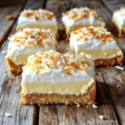 When making coconut cream pie bars, you need to gather some simple yet key ingredients. Each one plays a vital role in creating that perfect pie flavor and texture. Here's what you will need: - 1 ½ cups graham cracker crumbs - ½ cup unsweetened shredded coconut - ½ cup unsalted butter, melted - 1 cup granulated sugar - ¼ cup cornstarch - ¼ teaspoon sea salt - 4 large egg yolks - 2 cups canned coconut milk - 1 teaspoon pure vanilla extract - 1 cup heavy whipping cream - 2 tablespoons powdered sugar - ½ cup toasted coconut flakes (for garnishing) Each ingredient adds a layer of flavor and texture. The graham cracker crumbs form a sweet, crunchy base. Shredded coconut gives a rich coconut taste. Butter brings it all together. Sugar sweetens the filling, while cornstarch thickens it perfectly. The egg yolks lend creaminess, and coconut milk boosts the coconut flavor. Whipping cream tops off the bars, making them light and airy. Finally, toasted coconut flakes add a crunchy finish. This combination creates a delicious dessert that everyone will love. For the full recipe, check out the link! To start, gather your ingredients. In a mixing bowl, combine: - 1 ½ cups graham cracker crumbs - ½ cup unsweetened shredded coconut - ½ cup unsalted butter, melted Mix until everything is well combined and crumbly. Next, press this mixture firmly into the bottom of a lined 9x9-inch baking pan. Make sure it’s evenly spread. Bake in a preheated oven at 350°F (175°C) for 10 minutes. Once golden, remove from the oven and let it cool completely. Now, let’s create the creamy filling. In a medium saucepan over medium heat, whisk together: - 1 cup granulated sugar - ¼ cup cornstarch - ¼ teaspoon sea salt Mix well until everything is blended. Gradually whisk in 2 cups of canned coconut milk. Stir constantly to avoid lumps. Cook until the mixture thickens and bubbles, which takes about 5-7 minutes. Next, it’s time to temper the egg yolks. In a separate bowl, beat 4 large egg yolks until smooth and pale. Slowly whisk in about ½ cup of the hot coconut mixture. This step is crucial to prevent the eggs from cooking. Once combined, pour this mixture back into the saucepan. Cook for another 2-3 minutes until it thickens and bubbles. Remove from heat, then stir in 1 teaspoon of pure vanilla extract. Pour the luscious coconut cream filling over the cooled crust. Use a spatula to spread it evenly across the surface. Allow the bars to cool at room temperature for about 30 minutes. After that, place them in the refrigerator to chill and set for at least 2 hours. While the bars chill, let’s whip the cream topping. In a clean mixing bowl, beat 1 cup of heavy whipping cream with 2 tablespoons of powdered sugar. Beat until soft peaks form. This creates a light and airy topping that pairs perfectly with the rich filling. Once the filling is set, spread the whipped cream evenly over the chilled coconut filling. For a nice touch, sprinkle ½ cup of toasted coconut flakes generously on top. Now, it’s time to cut into bars and enjoy. The tropical flavor in every bite makes these bars a delightful treat! - Ensuring proper tempering of the eggs: This step is key. To temper the egg yolks, beat them until smooth. Then, slowly add hot coconut mixture. This slow addition helps prevent cooking the eggs. If you rush this, you may end up with scrambled egg bits in your filling. - Achieving the right consistency for the filling: The filling should be thick and creamy. Cook it until bubbles form and it coats the back of a spoon. If it’s too thin, it won’t set properly. If it’s too thick, it will be hard to spread. - Techniques for perfect whipped cream: Use cold heavy whipping cream for the best results. Beat it until soft peaks form. If you overbeat, it can turn into butter. Add powdered sugar for sweetness and stability. - Suggestions for garnishing and serving: For a lovely touch, drizzle extra coconut milk on each bar. Add a dollop of whipped cream on top. Finish with a sprinkle of toasted coconut flakes for crunch. - Ideal serving temperature: These bars are best served chilled. Let them sit in the fridge for at least 2 hours before serving. This helps the filling set and makes them easy to cut. Enjoy the cool, creamy goodness with every bite! {{image_4}} You can easily tweak the flavor of your coconut cream pie bars. Adding chocolate or fruit can create new tastes. For a chocolate twist, mix in some cocoa powder or melted chocolate into the filling. This gives a rich, dark flavor that pairs well with coconut. If you prefer fruit, try adding fresh bananas or strawberries. Layer the fruit on top of the filling before adding the whipped cream. This gives a nice color and flavor contrast, making your bars even more appealing. You can also play with the crust. Instead of using graham cracker crumbs, try crushed vanilla wafers or even a nut-based crust. This change can give your bars a unique flair. For those with dietary needs, there are simple swaps. You can make a gluten-free crust by using almond flour or gluten-free graham cracker crumbs. This way, everyone can enjoy the bars without worry. If you want to make vegan coconut cream pie bars, replace the egg yolks with cornstarch or silken tofu. For the dairy, use coconut cream instead of heavy whipping cream. This keeps the creamy texture while making it plant-based. These adjustments make your dessert more inclusive, allowing everyone to enjoy this delicious treat. For the full recipe, check out the details provided above. Store your coconut cream pie bars in the refrigerator. Use an airtight container to keep them fresh. If you have leftovers, cover them with plastic wrap if you don't have a container. This helps prevent drying out. The bars stay good for up to five days. For the best taste, keep the whipped cream separate if possible. Add it just before serving. This keeps it fluffy and light. You can freeze these bars for a longer shelf life. Cut them into individual pieces. Wrap each piece tightly in plastic wrap. Then place them in a freezer-safe bag. They can stay frozen for up to three months. To defrost, place them in the fridge overnight. If you’re in a hurry, you can leave them out at room temperature for about an hour. Enjoy your coconut cream pie bars at their best! For the full recipe, check the earlier section. Can these bars be made ahead of time? Yes, you can make these bars a day ahead. They taste even better after chilling overnight. Prepare the crust and filling the day before. Just add the whipped cream and toasted coconut before serving. How do you know when the filling is set? The filling sets when it is thick and bubbly. It will coat the back of a spoon. After cooling, it should be firm enough to slice easily. Are there any nut-free options for crust? Absolutely! Use graham cracker crumbs or vanilla wafer crumbs. Both options are tasty and nut-free. Just make sure to check the label to confirm. What can I substitute for coconut milk? You can use almond milk or oat milk if you want non-coconut options. For a richer flavor, try whole milk or cream. Keep in mind, the coconut flavor will change. How long do the bars last in the fridge? These bars last up to five days in the fridge. Store them in an airtight container to keep them fresh and tasty. Enjoy them chilled for the best flavor! These Coconut Cream Pie Bars combine a crunchy crust with a creamy filling. You learned to mix simple ingredients and follow easy steps to create a delicious treat. Remember to pay attention to the egg tempering and whip your cream right for the best taste. With tips for variations and storage, you can enjoy these bars your way. I hope you feel inspired to try this recipe and share it with friends! Enjoy your baking adventure.