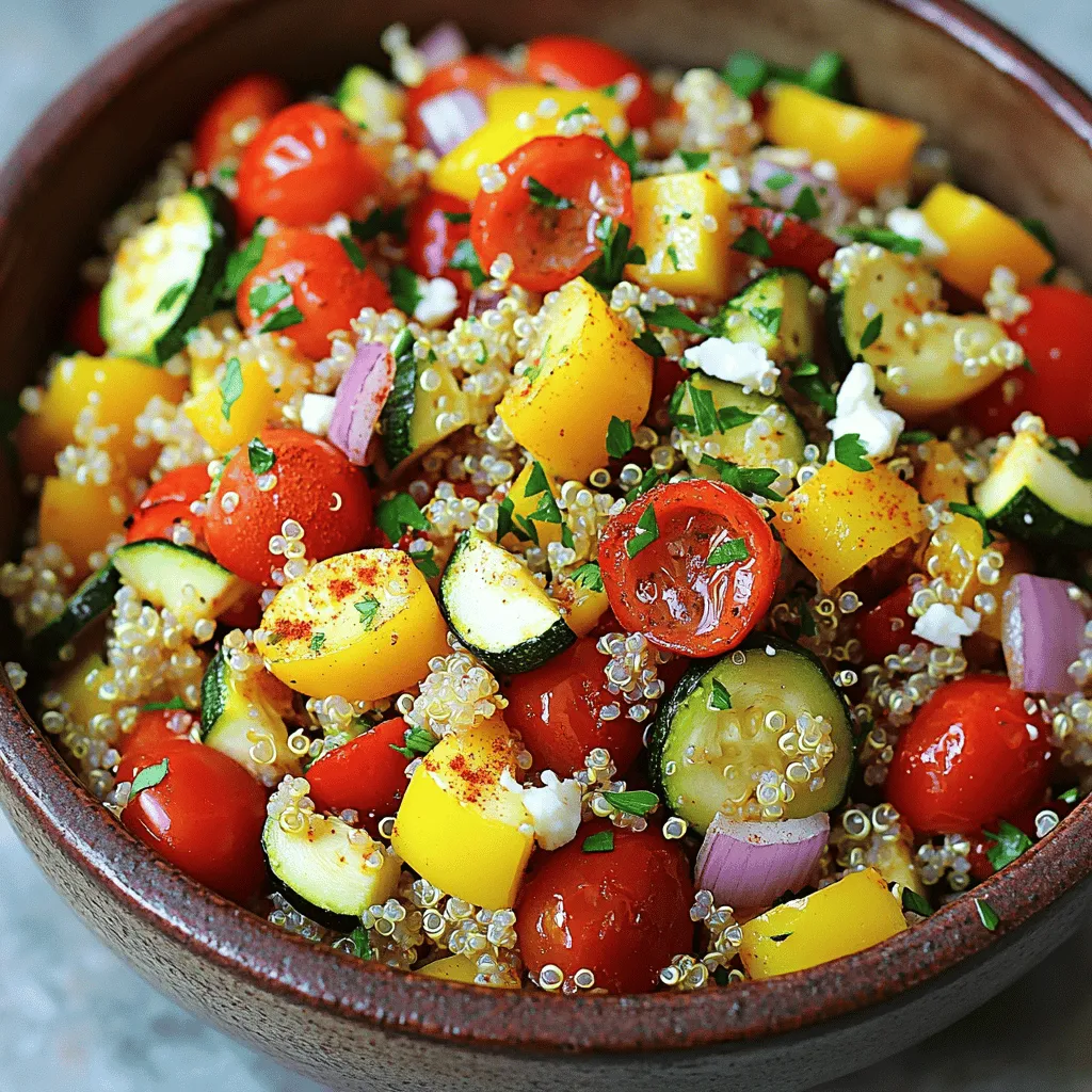 To make a delicious roasted vegetable quinoa salad, you will need the following ingredients: - 1 cup quinoa, thoroughly rinsed - 2 cups vegetable broth or water - 1 red bell pepper, diced into bite-sized pieces - 1 yellow zucchini, cut into small cubes - 1 cup cherry tomatoes, halved - 1 red onion, chopped into small pieces - 2 tablespoons extra virgin olive oil - 1 teaspoon garlic powder - 1/2 teaspoon smoked paprika - Salt and freshly cracked pepper to taste - 1/4 cup fresh parsley, finely chopped - 1/4 cup feta cheese, crumbled (optional) These ingredients blend well and provide a burst of fresh flavors. The quinoa serves as a great base. It is high in protein and gluten-free. The roasted vegetables add color and nutrients. You can adjust the vegetables based on what you have. Once you gather these items, you can move on to making your delightful salad. Check out the Full Recipe for detailed steps! Set your oven to 425°F (220°C). This high heat helps to roast the vegetables perfectly. In a medium pot, combine 1 cup of rinsed quinoa with 2 cups of vegetable broth or water. Bring this to a boil over medium-high heat. Once it boils, reduce the heat to low. Cover the pot and let it simmer for about 15 minutes. The quinoa will be fluffy when ready. Remove it from heat and set it aside. On a large baking sheet, spread out the diced red bell pepper, cubed zucchini, halved cherry tomatoes, and chopped red onion. Drizzle 2 tablespoons of extra virgin olive oil over the veggies. Sprinkle with 1 teaspoon of garlic powder, 1/2 teaspoon of smoked paprika, salt, and pepper. Toss everything well so the veggies are fully coated. Spread them out in a single layer for even roasting. Place the baking sheet in the preheated oven. Roast the vegetables for 20-25 minutes. They should be tender and slightly caramelized. Stir the vegetables halfway through to ensure they brown evenly. In a large bowl, mix the cooked quinoa with your roasted vegetables. Gently fold them together. Be careful not to mash the quinoa. You want everything to stay fluffy. Add 1/4 cup of finely chopped fresh parsley to the salad. If you like, sprinkle 1/4 cup of crumbled feta cheese on top. This adds a creamy, tangy flavor that makes the dish pop. You can enjoy this salad warm or at room temperature. It’s perfect as a main dish or a side. To get fluffy quinoa, rinse it well first. This removes the bitter coating. Use two parts liquid for every cup of quinoa. Bring it to a boil, then lower the heat. Cover and let it simmer. In about 15 minutes, it will soak up all the liquid. Fluff it with a fork to make it light and airy. Roasting veggies brings out their natural sweetness. Cut them into even sizes for even cooking. Spread them out on the baking sheet, so they don't crowd each other. This helps them caramelize nicely. Toss them in olive oil, salt, and spices. Stir halfway through roasting for a perfect golden color. Aim for about 20 to 25 minutes at 425°F (220°C) to achieve that delicious flavor. A simple lemon vinaigrette pairs well with this salad. Mix fresh lemon juice, olive oil, salt, and pepper. You can also try a balsamic glaze for a sweet touch. If you want something creamy, use a yogurt dressing. Each option adds a unique twist to your salad. {{image_4}} You can mix in many other vegetables to make your salad unique. Think of adding: - Carrots, sliced thinly - Broccoli florets, chopped small - Bell peppers in different colors - Sweet potatoes, diced - Spinach, added fresh after roasting Each vegetable brings its own flavor and color. Try roasting them with the same spices to keep the taste balanced. To make your salad more filling, you can add proteins. Options include: - Chickpeas, canned or cooked - Grilled chicken, cut into small pieces - Tofu, diced and sautéed - Black beans, rinsed and drained - Hard-boiled eggs, chopped These add-ons boost nutrients and make your meal heartier. You can mix them in before serving. This salad can fit many diets. Here are some easy swaps: - For gluten-free, use quinoa or other gluten-free grains. - To keep it vegan, skip feta cheese and add avocado for creaminess. - If you want low-carb, replace quinoa with cauliflower rice. These changes make it easy to enjoy this salad, no matter your diet. You can customize it to match your needs. To store your Roasted Vegetable Quinoa Salad, place it in an airtight container. This helps keep it fresh. It’s best to cool the salad to room temperature before sealing. Store it in the fridge for up to three days. If you notice any moisture, use a paper towel to absorb it. This keeps the salad crisp. You can freeze this salad, but the texture may change. To freeze, first, let it cool completely. Transfer the salad to a freezer-safe bag or container. Remove as much air as possible before sealing. It will last up to three months in the freezer. When you’re ready to eat, thaw it overnight in the fridge. For best results, reheat gently in a skillet or microwave. Enjoy your salad within three days for the best taste and texture. After that, the veggies may lose their crunch. If frozen, it’s best to eat it within a month for maximum flavor. Always check for any signs of spoilage before eating. Freshness makes a big difference in flavor. Yes, you can use other grains. Brown rice is a great choice. It has a nutty flavor and chewy texture. You can also try farro or barley. Both have a hearty feel. Cook each grain according to package instructions. This way, they will be just right for your salad. The salad stays fresh for about three to five days. Be sure to store it in an airtight container. This helps keep it from drying out. If you add feta cheese, it may last a bit less. Always check for any off smells or changes in texture before eating. This salad pairs well with grilled chicken or fish. You can also serve it with a slice of crusty bread. For a lighter meal, try it with a bowl of soup. It’s very versatile and can be a main dish or a side. To make Roasted Vegetable Quinoa Salad, start by preheating your oven. Prepare the quinoa and then roast the vegetables. Combine them and add fresh parsley. Optionally, sprinkle feta cheese on top. This simple process gives you a tasty and colorful salad. For detailed instructions, refer to the full recipe. You learned how to make a Roasted Vegetable Quinoa Salad from scratch. We covered the key ingredients, step-by-step instructions, and valuable tips. Adding other vegetables or proteins can make it your own. Remember to store leftovers properly to keep them fresh. This salad is healthy, tasty, and easy to enjoy at any meal. I hope you feel inspired to try it! It's a great dish for everyone.