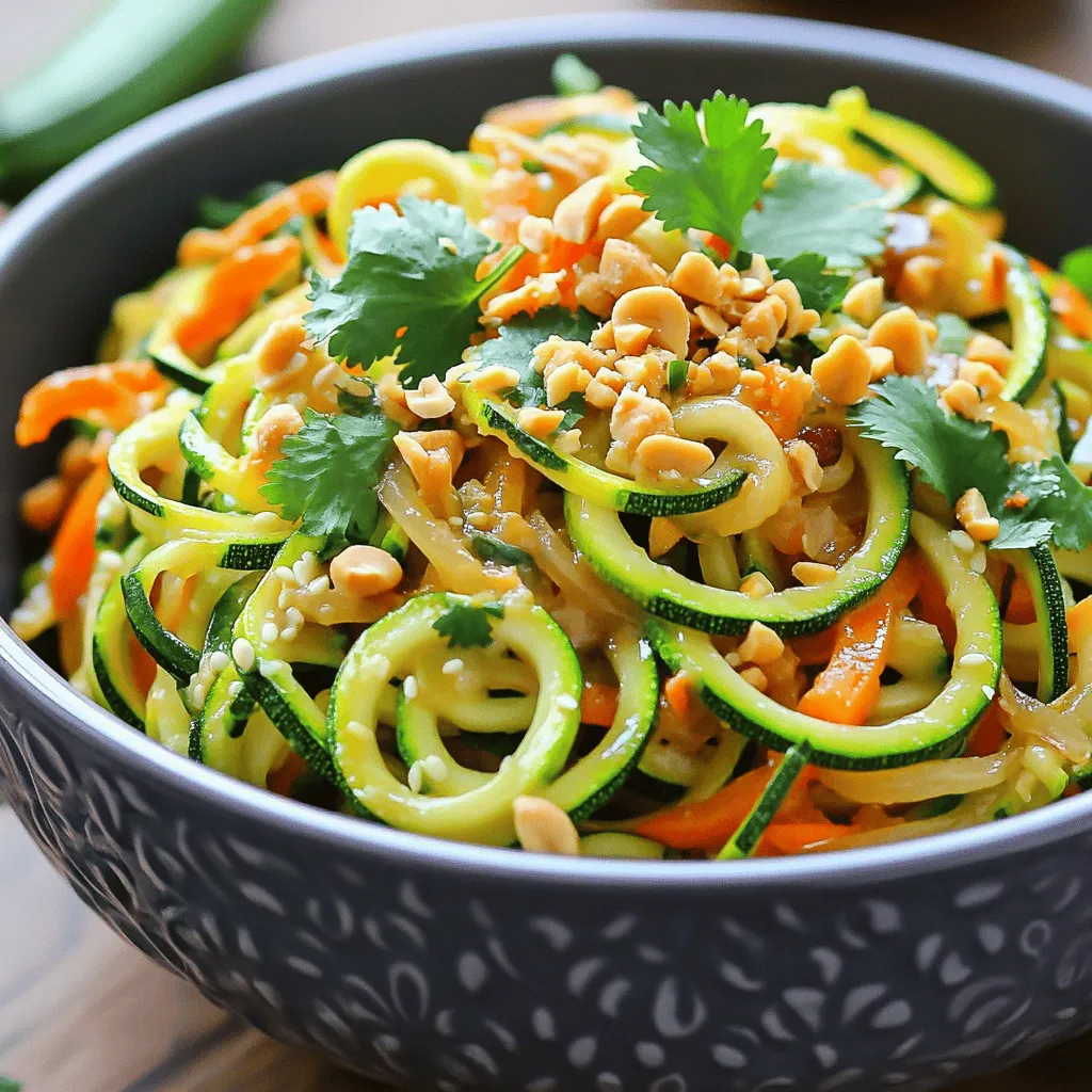 - 3 medium zucchinis, spiralized into noodles - 1 cup of fresh bean sprouts - 1 red bell pepper, thinly sliced - 1 large carrot, julienned - 3 green onions, chopped (whites and greens separated) - 1/4 cup roasted peanuts, roughly chopped - 2 tablespoons vegetable oil (or your preferred cooking oil) - 3 cloves garlic, minced - 2 large eggs, lightly beaten - 4 tablespoons soy sauce (or tamari for a gluten-free option) - 1 tablespoon fresh lime juice - 1 teaspoon brown sugar - 1/2 teaspoon red chili flakes (adjust according to your spice preference) - Fresh cilantro leaves for garnish If you want a gluten-free option, you can swap regular soy sauce for tamari. For a vegan version, skip the eggs and add more veggies or tofu instead. You can also use coconut aminos for a sweeter taste without soy. This recipe serves four people. Each serving contains about 250 calories. You get 10 grams of protein and 25 grams of carbs. The dish has around 10 grams of fat, making it a balanced choice that is both light and filling. Tools Needed - Spiralizer - Paper towels - Cutting board - Sharp knife To start, grab your spiralizer. This tool turns zucchinis into fun noodles. Cut the ends off each zucchini before spiralizing. This helps the noodles form better. Once you spiralize all three zucchinis, lay the noodles on paper towels. This step is key. It helps remove extra moisture. Too much water makes the dish watery. Tips to Avoid Watery Noodles - Use fresh zucchinis. Older zucchinis have more water. - Salt the noodles lightly. Let them sit for 10 minutes, then pat dry. Ingredients to Combine - 4 tablespoons soy sauce - 1 tablespoon lime juice - 1 teaspoon brown sugar - 1/2 teaspoon red chili flakes In a small mixing bowl, combine the soy sauce, lime juice, brown sugar, and chili flakes. Whisk these together until the sugar dissolves. This sauce adds great flavor to your dish, so don’t skip this step! Tips for Flavor Enhancement - Use fresh lime juice for a brighter taste. - Adjust chili flakes to fit your spice level. Stir-Fry Sequence and Timing - Heat 2 tablespoons of vegetable oil in a large skillet over medium heat. - Add 3 cloves of minced garlic and sauté for 30 seconds. Once the garlic is fragrant, add your red bell pepper and carrot. Stir-fry these for about 3-4 minutes. You want them tender but still crunchy. This gives the dish a great texture. Scrambling the Eggs - Push the cooked veggies to one side of the skillet. - Pour in 2 beaten eggs into the clear space. Scramble the eggs for about 1 minute. They should be just set. Once cooked, fold the eggs into the vegetable mix. This adds protein and richness to your dish. Now you are ready to combine everything. Add the zucchini noodles and sauce to the skillet. Toss well to coat. Cook for another 3-4 minutes, so the noodles soften a bit. Finish by stirring in the bean sprouts and green onions. Cook for one more minute to warm everything through. For the full recipe, don’t forget to check the complete details! To boost the flavor of your Zucchini Noodle Pad Thai, try adding some extras. You can use: - Sesame oil for a nutty taste. - Fish sauce for depth and umami. - Chili paste for a spicy kick. - Fresh herbs like basil for a fragrant finish. These additions can lift your dish from good to great! Stir-frying zucchini noodles takes practice. Here are some tips for the best texture: - Dry the noodles: After spiralizing, pat the noodles with a paper towel. This step helps avoid a soggy dish. - High heat: Use a hot skillet or wok. This helps the noodles cook quickly and stay crisp. - Don’t overcrowd: Cook in batches if needed to allow enough space for even cooking. These techniques keep your noodles crunchy and enjoyable. How you serve your Zucchini Noodle Pad Thai can make it more fun. Here are some ideas: - Use large bowls: This adds a nice touch and makes it easy to mix. - Layer ingredients: Create a colorful display with the noodles, veggies, and garnishes. - Add lime wedges: Placing lime wedges on the side allows guests to add extra zest. These serving tips can make your meal look as good as it tastes! {{image_4}} You can add different proteins to your Zucchini Noodle Pad Thai. Chicken, tofu, and shrimp are great options. For chicken, use boneless breasts or thighs. Dice them and cook until golden. Tofu is a fantastic choice for a meatless dish. Press and cube it, then fry until crispy. Shrimp cooks quickly and adds a nice touch. Just toss them in when the veggies are almost done. Feel free to customize your veggies. You can add snap peas, mushrooms, or broccoli. Each veggie gives a different taste and texture. Try adding bok choy or baby corn for crunch. Carrots add sweetness, while bell peppers bring color. Mix and match to suit your tastes. To enhance the Thai flavors, use fresh herbs. Thai basil or mint can brighten up the dish. You can add fish sauce for a salty kick. It gives depth to your Pad Thai. Another option is using tamarind paste. This adds a tangy flavor that is classic in Thai cuisine. Don’t forget to sprinkle some crushed peanuts on top for crunch! To keep your Zucchini Noodle Pad Thai fresh, store leftovers in an airtight container. Ensure the noodles are dry before storing. Excess moisture can make them soggy. Place the container in the fridge. Consume within three days for the best taste. To reheat, use a skillet over medium heat. Add a splash of oil to avoid sticking. Stir the noodles gently for about three to five minutes. This method keeps the texture and flavor intact. You can also use a microwave. Heat in short bursts. Stir between each burst to avoid hot spots. If you want to freeze Zucchini Noodle Pad Thai, first cool it completely. Then, place it in a freezer-safe bag or container. Remove as much air as possible. You can freeze for up to two months. When you're ready to eat, thaw it overnight in the fridge. Reheat in a skillet to restore its original texture. Using zucchini noodles offers many benefits. First, they are low in carbs. This makes them a great choice for those watching their carb intake. Zucchini is also rich in vitamins and minerals. It provides vitamin C, potassium, and antioxidants. These nutrients support overall health and wellness. Zucchini noodles have a light taste. They soak up flavors well from sauces and spices. This means you can enjoy your favorite dishes without the heaviness of traditional noodles. They are also very low in calories, which helps if you aim for a lighter meal. Plus, zucchini is high in water content, keeping you hydrated. Yes, you can prepare Zucchini Noodle Pad Thai in advance. Meal prep is easy with this dish. Just spiralize the zucchini and chop the veggies ahead of time. Keep them in airtight containers in the fridge. This way, they stay fresh for up to three days. When you are ready to cook, follow the recipe steps. You might want to cook the zucchini noodles just before serving. This keeps them crisp and flavorful. If you make the sauce ahead, store it separately. Mix it in just before serving for the best taste. To make Zucchini Noodle Pad Thai vegan, swap out the eggs. You can use tofu instead. Press and cube firm tofu before cooking. Add it to the stir-fry after the veggies. Cook until golden brown for a great texture. You should also check the soy sauce. Make sure it's vegan-friendly. Some brands may add fish sauce or other animal products. Finally, you can add a splash of coconut aminos for added flavor. This keeps the dish tasty and plant-based. In this blog post, we explored a delicious zucchini noodle Pad Thai recipe. I shared a complete list of ingredients, helpful tips for preparation, and nutritious options. We also discussed how to enhance flavors and presented various variations based on your taste. Lastly, I provided storage tips to keep leftovers fresh. Zucchini noodles offer a healthy, low-carb alternative that anyone can enjoy. By following these steps and suggestions, you can create a tasty dish that suits your preferences. Enjoy cooking and experimenting with these flavors!