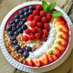 - 1 cup frozen mixed berries (strawberries, blueberries, raspberries) - 1 ripe banana, sliced - 1/2 cup Greek yogurt (or any dairy-free yogurt alternative) - 1/2 cup almond milk (or your preferred milk) These main ingredients create a tasty and smooth base for your smoothie bowl. Frozen mixed berries bring bright flavors and vibrant color. The ripe banana adds natural sweetness and creaminess. Greek yogurt boosts protein and makes it thick. Almond milk helps blend everything smoothly. - 2 tablespoons chia seeds - 1 tablespoon honey or maple syrup (optional for sweetness) - Toppings: a handful of fresh mixed berries, additional sliced banana, crunchy granola, toasted coconut flakes, and fresh mint leaves for garnish Optional ingredients let you personalize your bowl. Chia seeds add fiber and omega-3s. Honey or maple syrup can sweeten your bowl if you like it sweeter. Toppings make your smoothie bowl fun and pretty. Fresh berries, granola, and coconut flakes add crunch and flavor. Mint leaves give a nice pop of color and a fresh taste. For the full recipe, you can check the Berry Bliss Smoothie Bowl 🥥 section. To start, gather your ingredients. You need frozen mixed berries, banana, Greek yogurt, and almond milk. I use a mix of strawberries, blueberries, and raspberries for a sweet taste. Slice the ripe banana for easy blending. In a high-speed blender, add the frozen berries and banana. Then, scoop in the Greek yogurt. You can use any dairy-free yogurt if needed. Next, pour in the almond milk. This helps blend everything well. Blend the mixture on high until smooth. If it feels thick, add a splash more almond milk. This will help you achieve the right texture. I like my smoothie bowl thick and creamy. You may want to stop and check the texture as you blend. For extra creaminess, consider using full-fat yogurt. This choice adds richness and taste. Once blended, carefully pour the smoothie into a bowl. Spread it evenly for a nice base. It should look inviting and vibrant. Now comes the fun part: adding toppings! Scatter fresh berries and banana slices on top. A sprinkle of crunchy granola adds a nice texture. You can also add toasted coconut flakes for extra flavor. For a touch of freshness, add mint leaves. This adds color and a lovely aroma. Dive in and enjoy every bite of your berry smoothie bowl! Don't forget to check out the Full Recipe for more details. To make your berry smoothie bowl healthy, add protein and fiber. Greek yogurt packs protein, while chia seeds add fiber. Both help keep you full longer. A scoop of protein powder can boost nutrition even more. This makes it great for breakfast or a post-workout snack. Chia seeds are tiny but mighty. They swell up in liquid, giving your bowl a thicker texture. They are high in omega-3 fatty acids and antioxidants. These nutrients help keep your heart healthy. So, don’t skip these little gems when making your smoothie. A berry smoothie bowl should look as good as it tastes. Use various colored berries to create a rainbow effect. Strawberries, blueberries, and raspberries add bright colors. Layering your toppings adds a fun touch. Start with the smoothie base, then add toppings like sliced bananas and crunchy granola. This makes your bowl pop with color and texture. Try to mix and match berries based on their colors. For example, pair dark blueberries with bright strawberries. This creates a stunning visual that makes it even more enjoyable to eat. Berry smoothie bowls are best enjoyed fresh. They make a quick breakfast or a light snack. Serve them in the morning to kickstart your day. You can also enjoy them after a workout for a healthy boost. Pair your smoothie bowl with a side of whole-grain toast or a handful of nuts. This adds extra fiber and healthy fats. For a sweet treat, consider a small piece of dark chocolate. It balances the fruity flavors and makes your meal feel special. For the full recipe, check out the Berry Bliss Smoothie Bowl recipe above. {{image_4}} Using seasonal berries is a fun way to change your smoothie bowl. You can mix blackberries, raspberries, and strawberries for great taste. Each season brings unique flavors. In summer, try fresh blueberries. In fall, add some cranberries for a tart kick. You can create themed smoothie bowls by season. For a winter bowl, consider adding pomegranate seeds. They add color and crunch! If you want vegan and dairy-free options, swap Greek yogurt with coconut or almond yogurt. Use any plant milk you love! This keeps your bowl creamy and tasty. For a low-sugar option, skip honey or maple syrup. You can also use a ripe banana for natural sweetness. If you need more protein, add protein powder or Greek yogurt. This makes your bowl filling and nutritious. Adding spices can elevate your smoothie bowl. A pinch of cinnamon gives warmth and flavor. Vanilla extract adds a lovely aroma, too. If you love creaminess, incorporate nut butters like almond or peanut butter. This not only adds taste but also healthy fats. You can mix and match these enhancements to make your bowl your own. For more ideas, check out the Full Recipe. To keep leftover smoothie bowls fresh, first cover them tightly. I recommend using a glass container with a lid. This helps seal in flavor and keeps your smoothie bowl smooth. You can store it in the fridge for one to two days. For easy blending, prep mixed berry bags. Gather your berries and portion them into bags. You can freeze these bags to use later. When you want to blend, just grab a bag and blend it right from frozen. To thaw, place the bag in the fridge overnight. If you're in a hurry, you can use the microwave. Set it to defrost for a few minutes to keep the berries intact. Berries last about five to seven days in the fridge. Keep an eye out for mold or mushy spots, as these are signs of spoilage. Greek yogurt can last up to two weeks when stored properly. Look for any off smells or changes in texture to know if it’s gone bad. To learn how to make a delicious berry smoothie bowl, refer to the Full Recipe. You can easily customize your berry smoothie bowl. Swap out the mixed berries for your favorite fruits. Use mango or peaches for a tropical twist. You can also change the yogurt type. Non-dairy yogurt works great for a vegan option. Want more protein? Add a scoop of protein powder. If you like it sweeter, try adding a bit more honey or maple syrup. Yes, you can make your smoothie bowl ahead of time. Prepare the smoothie base and store it in the fridge. It will stay fresh for up to a day. Just remember, the longer it sits, the thicker it gets. You may need to stir in some almond milk before serving. Toppings can make your smoothie bowl special. Fresh berries add color and taste. Sliced bananas or kiwi give a nice touch. Granola adds crunch and fiber. Try toasted coconut flakes for a tropical flair. For a fresh burst, add mint leaves. Each topping brings fun flavors and nutrients. This recipe is great for meal prep. You can portion it out into jars. Each jar can hold one serving for easy grab-and-go meals. Store them in the fridge for up to three days. Just add your toppings fresh before eating. This keeps everything tasty and crunchy. This blog post covers how to create a delicious berry smoothie bowl. We discussed key ingredients like frozen berries, bananas, and yogurt. You learned to blend the base for smooth texture and how to layer toppings nicely. Tips for making it nutritious and visually appealing were shared too. In closing, smoothie bowls offer endless fun and healthy options. Get creative with flavors and enjoy a tasty treat any time!
