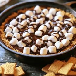 To make this tasty treat, you need a few simple ingredients. The sweet mix of chocolate, marshmallows, and graham crackers makes a perfect dip. - 1 cup semi-sweet chocolate chips - 1 cup mini marshmallows - ½ cup graham cracker crumbs - ¼ cup unsalted butter, melted - 1 teaspoon pure vanilla extract - Pinch of sea salt - Extra graham crackers for dipping - Optional: chocolate sauce for drizzling You can use dark chocolate if you like a richer taste. If you want a stronger flavor, add more vanilla extract. For a gluten-free option, try using gluten-free graham crackers. You can also swap the mini marshmallows for larger ones if that’s what you have. Just cut them into smaller pieces for even melting. Want to make it extra special? Drizzle some chocolate sauce on top before serving. Each ingredient plays a role in making this dip a delight. Start by preheating your oven to 450°F (230°C). This hot temperature helps the dip bake evenly. You want that warm, gooey goodness. Use an oven thermometer if needed to check the heat. This ensures your dip turns out perfect every time. In a medium bowl, mix graham cracker crumbs, melted butter, and a pinch of sea salt. Stir until it looks like wet sand. This mix forms a tasty crust. Press it firmly into the bottom of a 9-inch skillet or baking dish. Make sure it’s even so it holds the layers well. Sprinkle semi-sweet chocolate chips over the crust. Cover every inch for a rich chocolate taste. Next, add mini marshmallows on top of the chocolate. Spread them out evenly. This will create a fluffy layer that puffs up nicely. Now, place the dish in the preheated oven. Bake for 5-7 minutes. Watch for the marshmallows to turn golden brown. When done, let it cool a bit before serving. Drizzle chocolate sauce on top for extra flavor. Enjoy! For the full recipe, check the earlier section. To bake your s'mores dip, preheat your oven to 450°F (230°C). This high heat is key. It helps the marshmallows puff up and turn golden brown. Bake the dip for about 5 to 7 minutes. Watch closely as it cooks. The marshmallows will grow and get a nice color. The chocolate will melt, creating a gooey layer beneath. Make sure you don't leave it in too long, or it might burn. After baking, take the dish out of the oven. Let it cool for about two minutes. This step is important. It helps the dip set just enough to make it easier to scoop. Serve the dip straight from the skillet or baking dish. This gives it a warm, cozy feel. For a pop of color, add a sprig of fresh mint on top. It looks great and adds a hint of freshness. When serving, place extra graham crackers around the dip. This makes it easy for everyone to enjoy. You can also offer chocolate sauce for drizzling. It adds a rich touch that everyone will love. Encourage guests to dig in while it’s warm. The melted marshmallows and chocolate create the best experience. This s'mores dip is perfect for sharing at parties or cozy nights in. Check out the Full Recipe for more details. {{image_4}} To get the best dip, the chocolate should melt just right. Use semi-sweet chocolate chips for a rich taste. Spread them evenly over the crust. When you add marshmallows, make sure to cover the chocolate fully. This way, they puff up and create a nice top. The goal is a gooey inside with a golden crust. Keep an eye on the oven; you want that beautiful brown look without burning. Extra graham crackers are a must for dipping. They add a nice crunch to the soft dip. You can also use fruit like strawberries or banana slices. These fruity bites offer a fresh twist. For a fun change, try pretzels. The saltiness pairs well with the sweet dip. You can even use cookies for a unique flavor. The options are endless! Add a splash of vanilla extract to brighten the dip's taste. For a twist, mix in some peanut butter with the chocolate. This creates a creamy texture and adds depth. A pinch of sea salt enhances sweetness, balancing the flavors. For extra fun, drizzle chocolate sauce on top after baking. This makes it look fancy and adds more chocolate goodness. Consider using flavored marshmallows for a surprise element too. For the full recipe, check the earlier section! You can change up the flavor of your S'mores dip. Adding peanut butter makes it creamy and rich. Simply mix ½ cup of smooth peanut butter into the chocolate layer. You can also try different chocolate types. Dark chocolate or milk chocolate both work well. For a fun twist, add some caramel sauce for a sweet surprise. Toppings can add crunch and flavor. Try using chopped nuts like almonds or walnuts. They give a nice texture and nutty taste. You can also sprinkle crushed candy bars on top. M&M's or Reese's Pieces add a pop of color. For a fruity touch, add sliced strawberries or bananas. They pair perfectly with chocolate and marshmallows. The crust is key to a great dip. Instead of graham crackers, you can use crushed Oreos for a chocolatey base. For a gluten-free option, try almond flour. Mix it with melted butter to form a crust. You can even use cookie dough as a crust. Just bake it first, then add the chocolate and marshmallows on top. Explore these variations to make your S'mores dip unique and tasty. For the complete recipe, check the full recipe section. Bake your S'mores Dip for about 5 to 7 minutes. I recommend watching closely. The marshmallows should puff up and turn golden brown. This shows they are ready. You want the chocolate to melt nicely beneath. A little time in the oven makes a big difference! You can prepare the dip ahead of time. Just assemble it in your baking dish and cover it. Store it in the fridge until you are ready to bake. When you are ready, take it out and let it sit for a few minutes. Then, pop it in the oven to bake. This makes it easy for parties or family nights. If you want to switch it up, try other options. You might use digestive biscuits, vanilla wafers, or even chocolate cookies. Each will add a different flavor, so feel free to experiment. Just keep the same crumb texture for the base. This way, your dip stays delicious! This post covered how to make a tasty S’mores Dip. You learned about the ingredients, including swaps if needed. I shared simple steps for making the dip, from the base to baking. Helpful tips helped ensure your dip turns out great. Finally, I explored fun variations for flavor and toppings. In conclusion, making your own S’mores Dip is fun and easy. Experiment with flavors and toppings to make it yours. Enjoy sharing this sweet treat with friends and family!