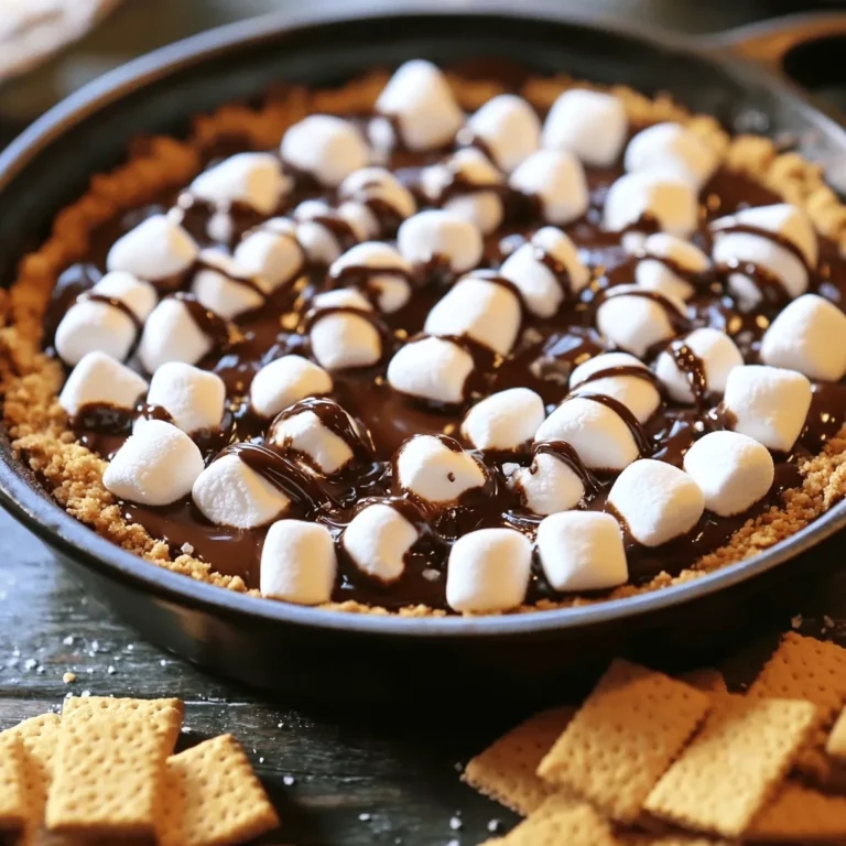 To make this tasty treat, you need a few simple ingredients. The sweet mix of chocolate, marshmallows, and graham crackers makes a perfect dip. - 1 cup semi-sweet chocolate chips - 1 cup mini marshmallows - ½ cup graham cracker crumbs - ¼ cup unsalted butter, melted - 1 teaspoon pure vanilla extract - Pinch of sea salt - Extra graham crackers for dipping - Optional: chocolate sauce for drizzling You can use dark chocolate if you like a richer taste. If you want a stronger flavor, add more vanilla extract. For a gluten-free option, try using gluten-free graham crackers. You can also swap the mini marshmallows for larger ones if that’s what you have. Just cut them into smaller pieces for even melting. Want to make it extra special? Drizzle some chocolate sauce on top before serving. Each ingredient plays a role in making this dip a delight. Start by preheating your oven to 450°F (230°C). This hot temperature helps the dip bake evenly. You want that warm, gooey goodness. Use an oven thermometer if needed to check the heat. This ensures your dip turns out perfect every time. In a medium bowl, mix graham cracker crumbs, melted butter, and a pinch of sea salt. Stir until it looks like wet sand. This mix forms a tasty crust. Press it firmly into the bottom of a 9-inch skillet or baking dish. Make sure it’s even so it holds the layers well. Sprinkle semi-sweet chocolate chips over the crust. Cover every inch for a rich chocolate taste. Next, add mini marshmallows on top of the chocolate. Spread them out evenly. This will create a fluffy layer that puffs up nicely. Now, place the dish in the preheated oven. Bake for 5-7 minutes. Watch for the marshmallows to turn golden brown. When done, let it cool a bit before serving. Drizzle chocolate sauce on top for extra flavor. Enjoy! For the full recipe, check the earlier section. To bake your s'mores dip, preheat your oven to 450°F (230°C). This high heat is key. It helps the marshmallows puff up and turn golden brown. Bake the dip for about 5 to 7 minutes. Watch closely as it cooks. The marshmallows will grow and get a nice color. The chocolate will melt, creating a gooey layer beneath. Make sure you don't leave it in too long, or it might burn. After baking, take the dish out of the oven. Let it cool for about two minutes. This step is important. It helps the dip set just enough to make it easier to scoop. Serve the dip straight from the skillet or baking dish. This gives it a warm, cozy feel. For a pop of color, add a sprig of fresh mint on top. It looks great and adds a hint of freshness. When serving, place extra graham crackers around the dip. This makes it easy for everyone to enjoy. You can also offer chocolate sauce for drizzling. It adds a rich touch that everyone will love. Encourage guests to dig in while it’s warm. The melted marshmallows and chocolate create the best experience. This s'mores dip is perfect for sharing at parties or cozy nights in. Check out the Full Recipe for more details. {{image_4}} To get the best dip, the chocolate should melt just right. Use semi-sweet chocolate chips for a rich taste. Spread them evenly over the crust. When you add marshmallows, make sure to cover the chocolate fully. This way, they puff up and create a nice top. The goal is a gooey inside with a golden crust. Keep an eye on the oven; you want that beautiful brown look without burning. Extra graham crackers are a must for dipping. They add a nice crunch to the soft dip. You can also use fruit like strawberries or banana slices. These fruity bites offer a fresh twist. For a fun change, try pretzels. The saltiness pairs well with the sweet dip. You can even use cookies for a unique flavor. The options are endless! Add a splash of vanilla extract to brighten the dip's taste. For a twist, mix in some peanut butter with the chocolate. This creates a creamy texture and adds depth. A pinch of sea salt enhances sweetness, balancing the flavors. For extra fun, drizzle chocolate sauce on top after baking. This makes it look fancy and adds more chocolate goodness. Consider using flavored marshmallows for a surprise element too. For the full recipe, check the earlier section! You can change up the flavor of your S'mores dip. Adding peanut butter makes it creamy and rich. Simply mix ½ cup of smooth peanut butter into the chocolate layer. You can also try different chocolate types. Dark chocolate or milk chocolate both work well. For a fun twist, add some caramel sauce for a sweet surprise. Toppings can add crunch and flavor. Try using chopped nuts like almonds or walnuts. They give a nice texture and nutty taste. You can also sprinkle crushed candy bars on top. M&M's or Reese's Pieces add a pop of color. For a fruity touch, add sliced strawberries or bananas. They pair perfectly with chocolate and marshmallows. The crust is key to a great dip. Instead of graham crackers, you can use crushed Oreos for a chocolatey base. For a gluten-free option, try almond flour. Mix it with melted butter to form a crust. You can even use cookie dough as a crust. Just bake it first, then add the chocolate and marshmallows on top. Explore these variations to make your S'mores dip unique and tasty. For the complete recipe, check the full recipe section. Bake your S'mores Dip for about 5 to 7 minutes. I recommend watching closely. The marshmallows should puff up and turn golden brown. This shows they are ready. You want the chocolate to melt nicely beneath. A little time in the oven makes a big difference! You can prepare the dip ahead of time. Just assemble it in your baking dish and cover it. Store it in the fridge until you are ready to bake. When you are ready, take it out and let it sit for a few minutes. Then, pop it in the oven to bake. This makes it easy for parties or family nights. If you want to switch it up, try other options. You might use digestive biscuits, vanilla wafers, or even chocolate cookies. Each will add a different flavor, so feel free to experiment. Just keep the same crumb texture for the base. This way, your dip stays delicious! This post covered how to make a tasty S’mores Dip. You learned about the ingredients, including swaps if needed. I shared simple steps for making the dip, from the base to baking. Helpful tips helped ensure your dip turns out great. Finally, I explored fun variations for flavor and toppings. In conclusion, making your own S’mores Dip is fun and easy. Experiment with flavors and toppings to make it yours. Enjoy sharing this sweet treat with friends and family!