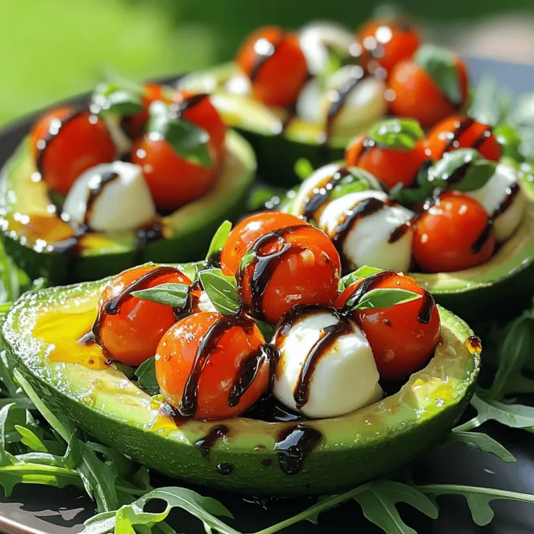 - 2 ripe avocados - 1 cup cherry tomatoes, halved - 1 cup fresh mozzarella balls (bocconcini), halved - 1/4 cup fresh basil leaves, finely chopped - 2 tablespoons balsamic glaze - 1 tablespoon extra virgin olive oil To make Caprese stuffed avocados, you need fresh and ripe ingredients. Choose avocados that yield slightly when pressed. This ensures a creamy texture. The cherry tomatoes add a sweet burst of flavor. Use small, fresh mozzarella balls for a delightful chew. Basil leaves bring a fragrant touch. Balsamic glaze and olive oil enhance the dish with rich flavors. - Sea salt - Freshly ground black pepper - Additional herbs or spices Seasoning is key to enhancing your dish. A sprinkle of sea salt brings out the flavors. Freshly ground black pepper adds a subtle kick. You might also consider adding herbs like oregano or thyme for extra depth. Adjust the seasoning to suit your taste, creating a personal touch to your Caprese stuffed avocados. For the full recipe, refer to the Caprese Stuffed Avocados Delight entry above. To start, slice each avocado in half lengthwise. Make sure to use a sharp knife. Twist the two halves apart gently. Next, carefully remove the pit using a spoon or knife. Be cautious to avoid cutting yourself. Now, scoop out a bit of the flesh from each half. This creates a cavity for the filling. You want enough room for the tasty mix but not too deep to ruin the avocado’s shape. Grab a medium mixing bowl. Combine the halved cherry tomatoes and mozzarella balls in it. Make sure to mix them well. Then, add the finely chopped basil leaves. This ingredient brings bright flavor and fresh color. Next, drizzle in the extra virgin olive oil and half of the balsamic glaze. Season with sea salt and freshly ground black pepper. Toss everything gently, coating the ingredients evenly. The mix should look colorful and appetizing. Now, it’s time to fill the avocado halves. Use a spoon to generously scoop the Caprese mixture into each hollow. Don’t worry if it overflows a little; it will look inviting. Finally, drizzle the remaining balsamic glaze over the stuffed avocados. This adds a nice shine and tangy kick. For the full recipe, you can refer to the earlier section. Enjoy your Caprese stuffed avocados right away or let them chill in the fridge for a bit. This allows the flavors to blend beautifully. Selecting ripe avocados is key. Look for avocados that yield slightly to gentle pressure. A perfect avocado should feel soft but not mushy. This ensures a creamy texture that pairs well with the filling. Avoid any avocados with dark spots or blemishes. Balancing flavors with seasoning is also important. When mixing your tomatoes and mozzarella, add salt and pepper to taste. Seasoning enhances the natural flavors of the ingredients. A drizzle of olive oil adds richness while the balsamic glaze gives a sweet-tangy kick. For a stunning presentation, serve the stuffed avocados on a bright plate. A bed of peppery arugula makes a great base. It adds color and a fresh taste. You can also garnish with whole basil leaves for extra flair. Pair your Caprese stuffed avocados with light sides. A simple green salad or crusty bread complements the dish well. You could also serve a glass of chilled white wine. It enhances the meal without overpowering the flavors. Enjoy this fresh and vibrant dish with friends or family. For the full recipe, check out Caprese Stuffed Avocados Delight. {{image_4}} You can easily change the flavors of your Caprese stuffed avocados. Try using different cheeses like feta or goat cheese instead of mozzarella. These cheeses add a unique taste. Feta gives a salty zing, while goat cheese offers a creamy texture. You can also add protein to your dish. Grilled chicken or shrimp works well here. Simply chop the protein into small pieces and mix it with the tomatoes and cheese. This change makes the dish more filling and boosts its protein content. If you want a vegan version, simply skip the mozzarella. You can substitute it with avocado or a vegan cheese. This keeps the dish creamy and delicious without dairy. For those following a low-carb diet, this recipe is already a great choice. Just be mindful of the balsamic glaze, as it contains sugar. Consider using a sugar-free version or making your own. This way, you can enjoy the flavors without the carbs. For the full recipe, check out the detailed instructions above. To keep your Caprese stuffed avocados fresh, store them in the fridge. Place leftovers in an airtight container. This helps prevent moisture loss and keeps flavors intact. If you have extra filling, store it separately. This way, you can enjoy the dish without soggy avocados. Try to consume within a day for the best taste and texture. The freshness of your ingredients matters. Ripe avocados can last up to two days in the fridge once cut. Cherry tomatoes and mozzarella can stay fresh for about three days. Basil wilts quickly, so use it within a day or two after cutting. Balsamic glaze lasts longer, around a month in the fridge. Remember, using fresh ingredients ensures the best flavor in your Caprese stuffed avocados. Enjoy the full recipe for more tips and insights! To keep avocados fresh, use lemon juice or lime juice. The acid slows browning. You can also cover the cut avocado tightly with plastic wrap. This limits air exposure and helps keep the green color. Store leftover halves in an airtight container to help maintain freshness. Remember, use the ripe avocados quickly for the best flavor. Yes, but store them carefully. Make the filling a few hours ahead. Keep it in the fridge until you’re ready to serve. Cut the avocados right before serving to keep them fresh. If you want to prep earlier, assemble them but leave out the balsamic glaze. Drizzle it on just before serving for a tasty touch. Caprese stuffed avocados pair well with many sides. Try serving them with a simple green salad. A light pasta dish also complements the flavors. For drinks, a crisp white wine or sparkling water works great. You can even add some crusty bread to soak up the glaze. Enjoy these combinations for a complete meal! Caprese stuffed avocados are a fresh and tasty dish. We covered the main ingredients like ripe avocados, cherry tomatoes, and mozzarella. I provided step-by-step instructions and helpful tips to make your dish shine. You can customize your recipe with different cheeses or proteins. Remember to store any leftovers properly. With these ideas, you can make a delicious meal that impresses. Enjoy creating this simple yet tasty dish that fits any occasion!