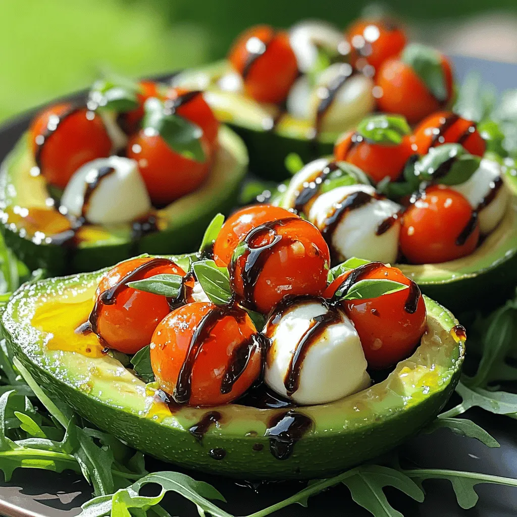 - 2 ripe avocados - 1 cup cherry tomatoes, halved - 1 cup fresh mozzarella balls (bocconcini), halved - 1/4 cup fresh basil leaves, finely chopped - 2 tablespoons balsamic glaze - 1 tablespoon extra virgin olive oil To make Caprese stuffed avocados, you need fresh and ripe ingredients. Choose avocados that yield slightly when pressed. This ensures a creamy texture. The cherry tomatoes add a sweet burst of flavor. Use small, fresh mozzarella balls for a delightful chew. Basil leaves bring a fragrant touch. Balsamic glaze and olive oil enhance the dish with rich flavors. - Sea salt - Freshly ground black pepper - Additional herbs or spices Seasoning is key to enhancing your dish. A sprinkle of sea salt brings out the flavors. Freshly ground black pepper adds a subtle kick. You might also consider adding herbs like oregano or thyme for extra depth. Adjust the seasoning to suit your taste, creating a personal touch to your Caprese stuffed avocados. For the full recipe, refer to the Caprese Stuffed Avocados Delight entry above. To start, slice each avocado in half lengthwise. Make sure to use a sharp knife. Twist the two halves apart gently. Next, carefully remove the pit using a spoon or knife. Be cautious to avoid cutting yourself. Now, scoop out a bit of the flesh from each half. This creates a cavity for the filling. You want enough room for the tasty mix but not too deep to ruin the avocado’s shape. Grab a medium mixing bowl. Combine the halved cherry tomatoes and mozzarella balls in it. Make sure to mix them well. Then, add the finely chopped basil leaves. This ingredient brings bright flavor and fresh color. Next, drizzle in the extra virgin olive oil and half of the balsamic glaze. Season with sea salt and freshly ground black pepper. Toss everything gently, coating the ingredients evenly. The mix should look colorful and appetizing. Now, it’s time to fill the avocado halves. Use a spoon to generously scoop the Caprese mixture into each hollow. Don’t worry if it overflows a little; it will look inviting. Finally, drizzle the remaining balsamic glaze over the stuffed avocados. This adds a nice shine and tangy kick. For the full recipe, you can refer to the earlier section. Enjoy your Caprese stuffed avocados right away or let them chill in the fridge for a bit. This allows the flavors to blend beautifully. Selecting ripe avocados is key. Look for avocados that yield slightly to gentle pressure. A perfect avocado should feel soft but not mushy. This ensures a creamy texture that pairs well with the filling. Avoid any avocados with dark spots or blemishes. Balancing flavors with seasoning is also important. When mixing your tomatoes and mozzarella, add salt and pepper to taste. Seasoning enhances the natural flavors of the ingredients. A drizzle of olive oil adds richness while the balsamic glaze gives a sweet-tangy kick. For a stunning presentation, serve the stuffed avocados on a bright plate. A bed of peppery arugula makes a great base. It adds color and a fresh taste. You can also garnish with whole basil leaves for extra flair. Pair your Caprese stuffed avocados with light sides. A simple green salad or crusty bread complements the dish well. You could also serve a glass of chilled white wine. It enhances the meal without overpowering the flavors. Enjoy this fresh and vibrant dish with friends or family. For the full recipe, check out Caprese Stuffed Avocados Delight. {{image_4}} You can easily change the flavors of your Caprese stuffed avocados. Try using different cheeses like feta or goat cheese instead of mozzarella. These cheeses add a unique taste. Feta gives a salty zing, while goat cheese offers a creamy texture. You can also add protein to your dish. Grilled chicken or shrimp works well here. Simply chop the protein into small pieces and mix it with the tomatoes and cheese. This change makes the dish more filling and boosts its protein content. If you want a vegan version, simply skip the mozzarella. You can substitute it with avocado or a vegan cheese. This keeps the dish creamy and delicious without dairy. For those following a low-carb diet, this recipe is already a great choice. Just be mindful of the balsamic glaze, as it contains sugar. Consider using a sugar-free version or making your own. This way, you can enjoy the flavors without the carbs. For the full recipe, check out the detailed instructions above. To keep your Caprese stuffed avocados fresh, store them in the fridge. Place leftovers in an airtight container. This helps prevent moisture loss and keeps flavors intact. If you have extra filling, store it separately. This way, you can enjoy the dish without soggy avocados. Try to consume within a day for the best taste and texture. The freshness of your ingredients matters. Ripe avocados can last up to two days in the fridge once cut. Cherry tomatoes and mozzarella can stay fresh for about three days. Basil wilts quickly, so use it within a day or two after cutting. Balsamic glaze lasts longer, around a month in the fridge. Remember, using fresh ingredients ensures the best flavor in your Caprese stuffed avocados. Enjoy the full recipe for more tips and insights! To keep avocados fresh, use lemon juice or lime juice. The acid slows browning. You can also cover the cut avocado tightly with plastic wrap. This limits air exposure and helps keep the green color. Store leftover halves in an airtight container to help maintain freshness. Remember, use the ripe avocados quickly for the best flavor. Yes, but store them carefully. Make the filling a few hours ahead. Keep it in the fridge until you’re ready to serve. Cut the avocados right before serving to keep them fresh. If you want to prep earlier, assemble them but leave out the balsamic glaze. Drizzle it on just before serving for a tasty touch. Caprese stuffed avocados pair well with many sides. Try serving them with a simple green salad. A light pasta dish also complements the flavors. For drinks, a crisp white wine or sparkling water works great. You can even add some crusty bread to soak up the glaze. Enjoy these combinations for a complete meal! Caprese stuffed avocados are a fresh and tasty dish. We covered the main ingredients like ripe avocados, cherry tomatoes, and mozzarella. I provided step-by-step instructions and helpful tips to make your dish shine. You can customize your recipe with different cheeses or proteins. Remember to store any leftovers properly. With these ideas, you can make a delicious meal that impresses. Enjoy creating this simple yet tasty dish that fits any occasion!