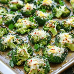 - 1 lb fresh broccoli florets - 4 tablespoons extra virgin olive oil - 4 garlic cloves, finely minced - ½ cup freshly grated Parmesan cheese These ingredients make this dish shine. Fresh broccoli gives a nice crunch. Olive oil helps it roast well. Garlic adds bold flavor. Parmesan cheese brings a rich taste that makes the dish special. - 1 teaspoon red pepper flakes (optional, for a spicy kick) - Juice of 1 fresh lemon - Zest of 1 lemon - Fresh parsley, finely chopped (for garnish) Adding red pepper flakes can give your broccoli a kick. Lemon juice and zest brighten the dish with freshness. Garnishing with parsley adds color and a fresh taste. For the full recipe, check out the details above. Set your oven to 425°F (220°C). This heat will give the broccoli a nice, crispy edge. In a large bowl, toss the fresh broccoli florets with 4 tablespoons of olive oil. Add 4 minced garlic cloves, salt, and pepper. If you like heat, sprinkle in red pepper flakes. Toss well to coat every piece. Spread the broccoli in a single layer on a lined baking sheet. This helps it roast evenly. Place the tray in the hot oven. Roast for 15-20 minutes. Look for crispy edges and bright green color. Take out the baking sheet and sprinkle ½ cup of grated Parmesan cheese over the hot broccoli. Return it to the oven for another 3-5 minutes. The cheese will melt and turn golden. Once the cheese melts, drizzle the juice of one fresh lemon over the broccoli. Add lemon zest for extra flavor. Toss gently to mix. Transfer to a serving plate and garnish with finely chopped parsley. Enjoy your flavorful side dish! For the full recipe, see the details above. To make great garlic Parmesan roasted broccoli, start with fresh broccoli florets. Look for bright green color and firm stems. Avoid any yellow spots or wilting. Fresh broccoli tastes better, and it holds its shape when roasted. You can find it at farmers' markets or grocery stores. One common mistake is overcrowding the baking sheet. If you place too many florets close together, they will steam instead of roast. This means they won't get crispy. Always spread the broccoli in a single layer. Use two baking sheets if needed. This helps each piece get nice and golden. Experimenting with seasoning can take your dish to the next level. Besides garlic and Parmesan, try adding lemon zest or crushed red pepper for a kick. You can also mix in different herbs like thyme or oregano. This adds depth and personal flair. For the full recipe, check out the details above! {{image_4}} You can make Garlic Parmesan Roasted Broccoli a full meal by adding protein. Grilled chicken or shrimp works great. Simply season your protein with salt and pepper before cooking. Grill or pan-sear until cooked through. Then, serve it alongside your roasted broccoli. This adds flavor and makes the dish heartier. If you want to switch things up, try using feta or goat cheese. Both cheeses provide a tangy flavor that pairs well with broccoli. Crumble the cheese over the hot broccoli after roasting. This gives a new twist to your dish while keeping it delicious. Get creative with your seasonings! Balsamic vinegar can enhance the flavor. Drizzle it over the broccoli before roasting. You can also add fresh herbs like thyme or oregano. This gives your dish a fresh and vibrant taste. Feel free to explore different spices to find your favorite flavor profile. For the full recipe, check out the link. To keep your garlic Parmesan roasted broccoli fresh, store it in an airtight container. Place it in the fridge within two hours after cooking. This helps to keep it safe and tasty. It can last about 3 to 4 days in the refrigerator. For best results, avoid storing it with moisture to prevent sogginess. When reheating, the goal is to keep the texture crispy. You can use the oven or a skillet. For the oven, preheat to 350°F (175°C). Spread the broccoli on a baking sheet and heat for about 10 minutes. If using a skillet, warm it on medium heat for about 5 minutes. This keeps the cheese melty and the broccoli tender. Freezing is a great option if you want to save leftovers. First, let the broccoli cool completely. Then, place it in a freezer-safe bag. Remove as much air as possible before sealing it. It can stay in the freezer for up to 3 months. When you're ready to eat it, thaw it in the fridge overnight. Reheat it in the oven for best results. Enjoy every bite of this delicious dish later! For the full recipe, check out the detailed instructions above. You will know broccoli is done roasting when it has bright green color and crispy edges. The florets should feel tender when you pierce them with a fork. The garlic will be fragrant, and the Parmesan cheese should be melted and slightly golden. These signs tell you that the broccoli is ready to enjoy! You can use frozen broccoli, but it may change the taste and feel. Frozen broccoli has more water, making it softer after cooking. This can lead to a mushy texture. For the best results, I recommend using fresh broccoli. It gives you that perfect crunch and flavor. Garlic Parmesan roasted broccoli pairs well with many dishes. It’s great with grilled chicken or fish. You can also serve it with pasta or rice. This dish adds color and flavor to any meal. It is a versatile side that everyone will love. For more ideas, check out the Full Recipe for inspiration! Garlic Parmesan roasted broccoli is a simple, tasty dish you can make easily. This recipe uses fresh broccoli, olive oil, and garlic, topped with delicious Parmesan. Remember to preheat the oven and toss your broccoli well. Avoid overcrowding the baking sheet for the best roast. You can mix in proteins and different cheeses for variety. Store leftovers properly and reheat with care. Now, you can enjoy a healthy treat that pairs well with many meals. Make this dish your own and share it with others!
