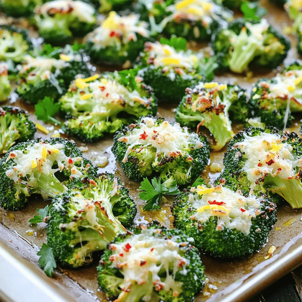 - 1 lb fresh broccoli florets - 4 tablespoons extra virgin olive oil - 4 garlic cloves, finely minced - ½ cup freshly grated Parmesan cheese These ingredients make this dish shine. Fresh broccoli gives a nice crunch. Olive oil helps it roast well. Garlic adds bold flavor. Parmesan cheese brings a rich taste that makes the dish special. - 1 teaspoon red pepper flakes (optional, for a spicy kick) - Juice of 1 fresh lemon - Zest of 1 lemon - Fresh parsley, finely chopped (for garnish) Adding red pepper flakes can give your broccoli a kick. Lemon juice and zest brighten the dish with freshness. Garnishing with parsley adds color and a fresh taste. For the full recipe, check out the details above. Set your oven to 425°F (220°C). This heat will give the broccoli a nice, crispy edge. In a large bowl, toss the fresh broccoli florets with 4 tablespoons of olive oil. Add 4 minced garlic cloves, salt, and pepper. If you like heat, sprinkle in red pepper flakes. Toss well to coat every piece. Spread the broccoli in a single layer on a lined baking sheet. This helps it roast evenly. Place the tray in the hot oven. Roast for 15-20 minutes. Look for crispy edges and bright green color. Take out the baking sheet and sprinkle ½ cup of grated Parmesan cheese over the hot broccoli. Return it to the oven for another 3-5 minutes. The cheese will melt and turn golden. Once the cheese melts, drizzle the juice of one fresh lemon over the broccoli. Add lemon zest for extra flavor. Toss gently to mix. Transfer to a serving plate and garnish with finely chopped parsley. Enjoy your flavorful side dish! For the full recipe, see the details above. To make great garlic Parmesan roasted broccoli, start with fresh broccoli florets. Look for bright green color and firm stems. Avoid any yellow spots or wilting. Fresh broccoli tastes better, and it holds its shape when roasted. You can find it at farmers' markets or grocery stores. One common mistake is overcrowding the baking sheet. If you place too many florets close together, they will steam instead of roast. This means they won't get crispy. Always spread the broccoli in a single layer. Use two baking sheets if needed. This helps each piece get nice and golden. Experimenting with seasoning can take your dish to the next level. Besides garlic and Parmesan, try adding lemon zest or crushed red pepper for a kick. You can also mix in different herbs like thyme or oregano. This adds depth and personal flair. For the full recipe, check out the details above! {{image_4}} You can make Garlic Parmesan Roasted Broccoli a full meal by adding protein. Grilled chicken or shrimp works great. Simply season your protein with salt and pepper before cooking. Grill or pan-sear until cooked through. Then, serve it alongside your roasted broccoli. This adds flavor and makes the dish heartier. If you want to switch things up, try using feta or goat cheese. Both cheeses provide a tangy flavor that pairs well with broccoli. Crumble the cheese over the hot broccoli after roasting. This gives a new twist to your dish while keeping it delicious. Get creative with your seasonings! Balsamic vinegar can enhance the flavor. Drizzle it over the broccoli before roasting. You can also add fresh herbs like thyme or oregano. This gives your dish a fresh and vibrant taste. Feel free to explore different spices to find your favorite flavor profile. For the full recipe, check out the link. To keep your garlic Parmesan roasted broccoli fresh, store it in an airtight container. Place it in the fridge within two hours after cooking. This helps to keep it safe and tasty. It can last about 3 to 4 days in the refrigerator. For best results, avoid storing it with moisture to prevent sogginess. When reheating, the goal is to keep the texture crispy. You can use the oven or a skillet. For the oven, preheat to 350°F (175°C). Spread the broccoli on a baking sheet and heat for about 10 minutes. If using a skillet, warm it on medium heat for about 5 minutes. This keeps the cheese melty and the broccoli tender. Freezing is a great option if you want to save leftovers. First, let the broccoli cool completely. Then, place it in a freezer-safe bag. Remove as much air as possible before sealing it. It can stay in the freezer for up to 3 months. When you're ready to eat it, thaw it in the fridge overnight. Reheat it in the oven for best results. Enjoy every bite of this delicious dish later! For the full recipe, check out the detailed instructions above. You will know broccoli is done roasting when it has bright green color and crispy edges. The florets should feel tender when you pierce them with a fork. The garlic will be fragrant, and the Parmesan cheese should be melted and slightly golden. These signs tell you that the broccoli is ready to enjoy! You can use frozen broccoli, but it may change the taste and feel. Frozen broccoli has more water, making it softer after cooking. This can lead to a mushy texture. For the best results, I recommend using fresh broccoli. It gives you that perfect crunch and flavor. Garlic Parmesan roasted broccoli pairs well with many dishes. It’s great with grilled chicken or fish. You can also serve it with pasta or rice. This dish adds color and flavor to any meal. It is a versatile side that everyone will love. For more ideas, check out the Full Recipe for inspiration! Garlic Parmesan roasted broccoli is a simple, tasty dish you can make easily. This recipe uses fresh broccoli, olive oil, and garlic, topped with delicious Parmesan. Remember to preheat the oven and toss your broccoli well. Avoid overcrowding the baking sheet for the best roast. You can mix in proteins and different cheeses for variety. Store leftovers properly and reheat with care. Now, you can enjoy a healthy treat that pairs well with many meals. Make this dish your own and share it with others!