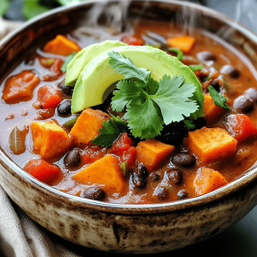 - 2 medium sweet potatoes, peeled and diced into 1-inch cubes - 1 can (15 oz) black beans, thoroughly drained and rinsed - 1 can (14.5 oz) diced tomatoes, including juices - 1 medium onion, finely diced - 2 cloves garlic, minced - 1 red bell pepper, diced - 1 green bell pepper, diced - 2 tablespoons extra virgin olive oil - 2 teaspoons ground cumin - 1 teaspoon smoked paprika - 1 teaspoon chili powder - ½ teaspoon cayenne pepper (adjust to desired heat level) - 2 cups vegetable broth - Salt and freshly ground black pepper to taste - Fresh cilantro, chopped (for garnish) - Slices of avocado (for topping, optional) To start, gather all your ingredients. This makes cooking easy. Chop your sweet potatoes into 1-inch cubes. This size cooks well and adds nice texture. Dice the onion and peppers. Mince the garlic, too. All these flavors mix together in this dish. Use a large pot for cooking. Heat the olive oil on medium heat. Add the onion first. Sauté it until soft, about three to four minutes. You want it to be clear. Next, add the minced garlic. It will smell great in just one minute. Then, add the red and green bell peppers. Cook these for about five minutes until they soften. Now, it’s time for the sweet potatoes. Stir them in with the other veggies. Sprinkle the spices: cumin, smoked paprika, chili powder, and cayenne. Mix it all well. This makes each bite flavorful. Pour in the diced tomatoes and vegetable broth. Bring this mixture to a gentle boil. Once boiling, lower the heat. Cover the pot and let it simmer for 25 to 30 minutes. Stir it now and then. Check that the sweet potatoes are tender when you poke them with a fork. In the last few minutes, add the black beans. Stir them in until warmed through. This takes about three to five minutes. Let the chili sit for a few minutes before serving. This helps all the flavors blend well. This chili is not only tasty but also healthy. Sweet potatoes are rich in vitamins A and C. Black beans give you protein and fiber. A serving can provide about: - Calories: 300-350 - Protein: 12-15 grams - Carbohydrates: 50 grams - Fiber: 10-12 grams - Healthy fats: 5-7 grams This meal is filling and nutritious. Enjoy it with a sprinkle of fresh cilantro and some avocado slices on top. For the full recipe, check out the details. Making sweet potato black bean chili is simple and fun. You will create a hearty meal that satisfies. This dish is perfect for all ages. With every step, the aroma fills your kitchen. You will love how easy it is to make this chili. 1. Heat the oil: In a large pot, heat the extra virgin olive oil over medium heat. 2. Sauté the onion: Add the diced onion and cook for 3-4 minutes until soft. 3. Add garlic: Mix in the minced garlic for one minute. It should smell great! 4. Incorporate peppers: Add the diced red and green bell peppers. Cook for 5 minutes, stirring often. 5. Mix in sweet potatoes: Stir in the diced sweet potatoes with the other veggies. 6. Add spices: Sprinkle in cumin, smoked paprika, chili powder, cayenne, salt, and pepper. Stir well. 7. Pour in tomatoes and broth: Add the diced tomatoes with juices and vegetable broth. Bring to a boil. 8. Simmer: Reduce the heat, cover, and let it simmer for 25-30 minutes. Stir often. 9. Add black beans: In the last few minutes, stir in the rinsed black beans until warm. 10. Rest before serving: Remove from heat and let it sit for a few minutes. - Taste as you go: Adjust the spices to your liking during cooking. - Use fresh herbs: Fresh cilantro adds flavor and color. - Serve with toppings: Avocado slices and crusty bread enhance the dish. This chili is not only tasty but also healthy. Enjoy the full recipe for further details! To make your chili just right, adjust the spices. If you want more heat, add cayenne pepper. Start with a little. Taste as you go. If you like it milder, reduce the amount of chili powder. You can also add fresh jalapeños for a different kick. For a smoky flavor, increase the smoked paprika. Each spice brings out the sweet potato's natural sweetness. I’ve learned a few common mistakes to avoid. First, don’t skip the sauté step. This builds flavor. Second, make sure to drain and rinse the black beans. This helps remove excess sodium. Lastly, don’t rush the simmering time. Letting the chili cook longer helps the flavors blend. Taste before serving so you can adjust seasoning. You can swap ingredients to fit your taste. If you don’t have sweet potatoes, use butternut squash. Do you want a different bean? Try kidney beans or pinto beans. If you have no vegetable broth, water works too, but broth adds depth. For a richer flavor, add a splash of lime juice at the end. You can find the full recipe [here](#). {{image_4}} You can boost the taste of your sweet potato black bean chili with fun add-ins. Here are some ideas to inspire you: - Corn: Add a cup of frozen or fresh corn. It brings sweetness and texture. - Zucchini: Chop one medium zucchini and add it to the pot. It cooks well and adds nutrients. - Spinach: Stir in a couple of cups of fresh spinach toward the end of cooking. It wilts quickly and adds color. - Lime Juice: A squeeze of fresh lime juice brightens the flavors. It makes your chili taste fresh. - Hot Sauce: For heat lovers, add a few dashes of your favorite hot sauce. It can really spice things up! While black beans are great, don’t hesitate to switch things up with other beans. Here are some alternatives: - Pinto Beans: These beans are creamy and add a nice texture to your chili. - Kidney Beans: Their firm texture holds well in chili. They also add a hearty flavor. - Chickpeas: Use chickpeas for a different protein and a nutty taste. They work well with sweet potatoes. You can easily adapt this recipe to fit vegan or vegetarian diets. Here are some key points: - Vegan: This chili is already vegan! Just ensure you use vegetable broth. - Vegetarian: It’s also vegetarian-friendly as it contains no meat. You can add cheese on top if you want. - Cheese Topping: For a vegetarian option, sprinkle shredded cheese on top before serving. It melts nicely and adds richness. Feel free to follow the Full Recipe for specific details and measurements! To keep your chili fresh, let it cool down first. Then, scoop it into an airtight container. Store it in the fridge for up to five days. This helps preserve the flavor and texture. You can also portion it into smaller containers for easy meals later. If you want to save some for later, freezing is a great option. Place the cooled chili in freezer-safe bags or containers. Make sure to leave some space at the top, as the chili will expand when it freezes. You can freeze it for up to three months. When you are ready to eat, move it to the fridge to defrost overnight. To reheat, you have a couple of choices. You can use the stove or microwave. If using the stove, pour the chili into a pot over medium heat. Stir often until it is hot. If using a microwave, place it in a bowl and cover it loosely. Heat it in short bursts, stirring in between. This helps it heat evenly. Add a splash of broth if it seems too thick. Enjoy your chili just as good as when you first made it! To make the chili spicy, add more cayenne pepper. Start with ½ teaspoon and taste. If you like it hotter, add more until it meets your heat level. You can also add diced jalapeños or a splash of hot sauce for extra kick. These ingredients boost the flavor and heat of the chili, making it exciting! Yes, you can make this chili in a slow cooker! Sauté the onion and garlic first, then add all the ingredients to the slow cooker. Set it on low for 6-8 hours or high for 3-4 hours. This method allows the flavors to blend well. The slow cooker keeps your chili warm and ready to serve when you need it. I love serving this chili with crusty bread or tortilla chips. They add a nice crunch and balance the chili's warmth. You can also add toppings like avocado slices or fresh cilantro for extra flavor. A dollop of sour cream or yogurt also works well. These sides make your meal heartier and more satisfying! For the full recipe, check out the details above. This blog covers all you need to know about Sweet Potato Black Bean Chili. We explored essential ingredients, precise measurements, and their nutritional value. I shared step-by-step cooking instructions, along with tips to perfect your dish. Further, we discussed common mistakes and useful substitutions to enhance flavor. You learned about different variations and how to store leftovers properly. My final thought: this chili is flexible and fun to make. Enjoy experimenting with flavors to find what you love best!