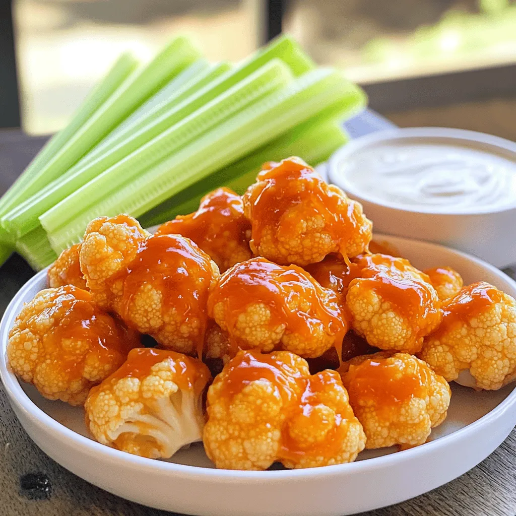 - Cauliflower florets - All-purpose flour (or gluten-free option) - Spices and seasonings The star of this dish is the cauliflower florets. You will need one large head, cut into bite-sized pieces. The flour acts as a base for the batter. You can use all-purpose flour or choose a gluten-free option. For the spice mix, garlic powder, onion powder, smoked paprika, salt, and black pepper create a wonderful flavor. - Vegan butter for richness - Homemade buffalo sauce ingredients If you want a richer taste, add melted vegan butter. It gives the bites a nice depth. For the buffalo sauce, you can use store-bought or make your own. A homemade sauce can add a personal touch. It usually includes hot sauce, vinegar, and butter. These ingredients will help you create tasty Buffalo Cauliflower Bites. Check the Full Recipe for detailed steps to make this easy and fun snack! To make your Buffalo Cauliflower Bites easy and tasty, follow these steps closely. 1. Preheat the Oven and Prepare Baking Sheet - Set your oven to 450°F (232°C). - Line a baking sheet with parchment paper. This makes cleanup easy and prevents sticking. 2. Mix Batter - In a bowl, combine the dry ingredients: flour, garlic powder, onion powder, smoked paprika, salt, and black pepper. - Gradually add water or non-dairy milk while mixing. Stir until the batter is smooth. It should coat the florets well. 3. Coat and Bake Cauliflower - Dip each cauliflower floret in the batter. Make sure it's well-coated. - Place the florets on the prepared baking sheet. - Bake for 20-25 minutes. Look for a golden brown color and a crispy texture. - While they bake, mix buffalo sauce and melted vegan butter in a bowl. - Once the cauliflower is ready, toss it in the buffalo sauce. Ensure every piece gets coated. - Return them to the baking sheet and bake again for 10-15 minutes. This step adds extra crispiness. Follow these steps, and you will create savory Buffalo Cauliflower Bites that are perfect for snacking or sharing. Check out the Full Recipe for all the details! To make your Buffalo Cauliflower Bites crispy, you need to adjust your oven settings. If your oven has a convection feature, use it! This helps circulate the hot air, cooking the bites evenly. Start by setting your oven to 450°F (232°C) for the best results. If you want extra crunch, bake them longer. Keep an eye on them to avoid burning. You can also flip the florets halfway through baking to ensure both sides get crispy. To make these bites even tastier, try adding more spices to your batter. Garlic powder and smoked paprika work well. You can also mix in cayenne pepper for a spicy kick. Don't stop at buffalo sauce! Feel free to experiment with different sauces or marinades. Barbecue sauce, teriyaki, or even a spicy ranch can add new flavors. Just remember, the key is to coat the cauliflower well before the final bake. This makes the bites burst with flavor. For more details on the recipe, check the Full Recipe. {{image_4}} To make your Buffalo Cauliflower Bites even spicier, add more buffalo sauce. You can also mix in hot sauce. This will give your bites a good kick. For extra heat, try using spicy seasoning blends. You can use cayenne pepper, chili powder, or even a dash of habanero spice. These additions bring a new level of flavor to the dish. Remember, balance is key. You want heat, but you also want taste. You can enjoy Buffalo Cauliflower Bites in different ways. Frying gives them a crispy texture but adds extra fat. If you prefer a lighter option, baking works well too. Bake them until golden brown for a healthy crunch. For an air fryer, preheat it to 375°F (190°C). Place the coated florets in a single layer in the basket. Cook for about 12-15 minutes, shaking halfway through. This method makes the bites very crispy. It’s a quick and easy way to get great results. For the full recipe, check out the detailed steps. To keep your Buffalo Cauliflower Bites fresh, store them in an airtight container. Make sure they cool down completely before sealing. This step helps avoid sogginess. When stored this way, they last about 3 to 5 days in the fridge. If you want to enjoy them later, just remember to check for any signs of spoilage before eating. When it comes to reheating, the oven is your best friend. Preheat the oven to 350°F (175°C). Place the cauliflower bites on a baking sheet lined with parchment paper. Bake them for about 10 minutes. This method keeps them crispy. You can also use a microwave, but be careful! The bites may become soft. If you choose this method, heat them in short bursts of 30 seconds. Check after each burst to keep them from getting too mushy. For the best flavor and texture, stick to the oven when possible. For the complete recipe, check the Full Recipe. Yes, you can make Buffalo Cauliflower Bites ahead of time. Prepare them as directed, then cool completely. Store the bites in an airtight container in the fridge for up to three days. When you are ready to eat, just reheat them in the oven at 350°F (175°C) for about 10-15 minutes. They will regain their crispiness and taste fresh. Absolutely! To freeze Buffalo Cauliflower Bites, let them cool after baking. Place the cooled bites in a single layer on a baking sheet and freeze for about an hour. Once frozen, transfer them to a freezer-safe bag. They can last in the freezer for about three months. When ready to enjoy, bake them directly from frozen at 425°F (218°C) for about 20-25 minutes. Buffalo Cauliflower Bites pair well with many side dishes. Here are some great options: - Celery sticks for crunch - Baby carrots for sweetness - Hummus for a creamy dip - Ranch dressing or a vegan alternative - Pickles for tanginess - Salad for freshness These sides balance the heat of the bites and enhance your snack experience. Enjoy! In this blog post, we explored how to make delicious Buffalo Cauliflower Bites. We covered the key ingredients, from the main cauliflower florets to optional vegan butter for richness. I shared step-by-step instructions for mixing batter and baking your bites to crisp perfection. Remember, you can easily adjust flavors and even store leftovers for later. Buffalo Cauliflower Bites offer a tasty twist on a classic snack, perfect for any meal. Enjoy your cooking and the delicious results!