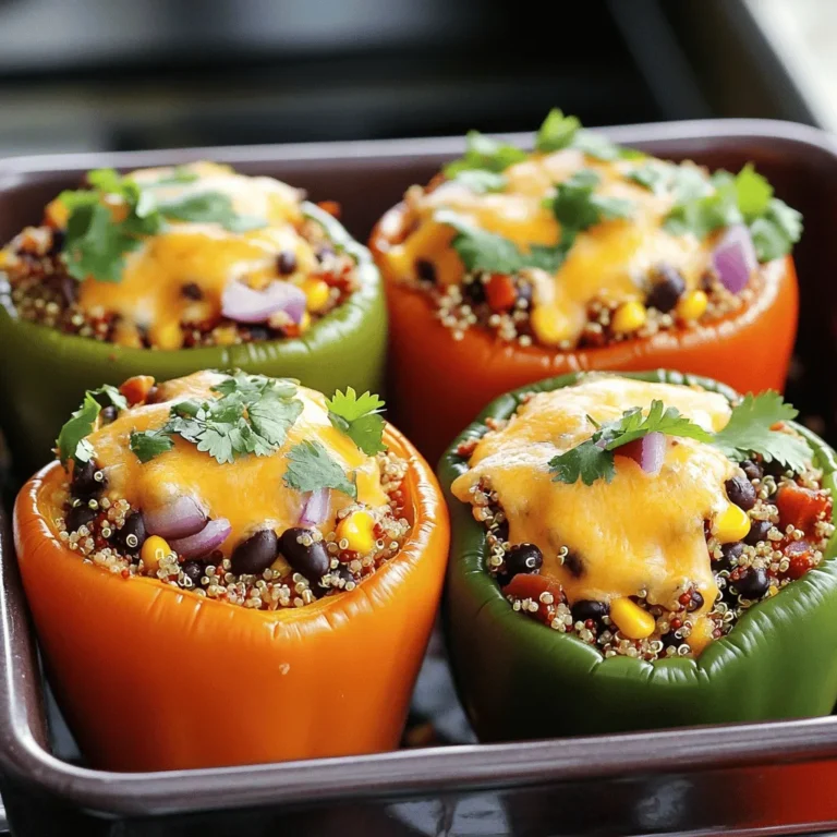 - 4 medium bell peppers - 1 cup quinoa (thoroughly rinsed) - 2 cups vegetable broth - 1 cup canned black beans - 1 cup corn kernels - 1 small red onion - 2 cloves garlic - 1 teaspoon ground cumin - 1 teaspoon smoked paprika - ½ teaspoon chili powder - Salt and black pepper to taste - ½ cup shredded cheese - Fresh cilantro or parsley for garnish Stuffed bell peppers with quinoa make a tasty and filling meal. The main ingredients are colorful bell peppers, and quinoa adds a healthy boost. Quinoa is easy to cook and absorbs the flavors well. The flavor enhancers, like black beans and corn, give it a nice texture and taste. Spices like cumin and smoked paprika add warmth and depth. They make the dish exciting and flavorful. Lastly, topping with cheese gives a creamy finish that melts beautifully. Fresh herbs like cilantro or parsley bring a pop of color and freshness. I love making this dish because it is simple and satisfying. You can find the full recipe in the link above, which guides you through each step! - Preheat the oven to 375°F (190°C). - Slice the tops off the bell peppers. Remove the seeds and membranes. Place the peppers upright in a baking dish. - In a medium saucepan, bring 2 cups of vegetable broth to a boil. - Add 1 cup of rinsed quinoa. Reduce heat and let it simmer. - Heat a drizzle of olive oil in a skillet. - Sauté 1 small chopped onion and 2 minced garlic cloves until the onion turns clear. - Add 1 cup of black beans, 1 cup of corn, and spices to the skillet. - Stir in the cooked quinoa and mix well. Season with salt and pepper. - Gently fold in half a cup of shredded cheese. - Carefully stuff each bell pepper with the quinoa mixture. - Top each pepper with the remaining cheese. Cover the dish with foil. - Bake for 25 minutes. Remove the foil and bake for another 10-15 minutes. - Once baked, let the peppers cool for a few minutes. - Garnish with fresh cilantro or parsley to make them pop. - Serve your stuffed peppers on a colorful platter for a great look! You can find the full recipe for more details and specific measurements. - Rinse the quinoa before cooking. This step removes the bitter coating, called saponin. It makes the quinoa taste better. - Avoid overcooking bell peppers. You want them tender but still crisp. Bake them just until soft to keep that nice bite. - Consider adding fresh herbs like cilantro or parsley. They will brighten up the dish. - Adjust the spice level to fit your taste. You can add more chili powder or some diced jalapeños for heat. - Use a glass or ceramic baking dish. It holds heat well and helps cook the peppers evenly. - A non-stick skillet is great for sautéing. It makes cooking the onions and garlic easier, with less sticking. These tips will help you create stuffed bell peppers that are not only delicious but also visually appealing. If you want more details, check the Full Recipe. {{image_4}} For a tasty twist, you can swap black beans with lentils. Lentils cook fast and add a nice texture. You can also try using couscous instead of quinoa. Couscous cooks quickly and absorbs flavors well. Both options are rich in protein and fiber. If you love meat, ground turkey or beef works great in the filling. Brown the meat in the skillet before adding the onions and garlic. Cook it for about 5-7 minutes until it’s no longer pink. This adds a hearty flavor and makes the dish more filling. To change things up, try a Mediterranean version. Add feta cheese and olives to the filling for a salty kick. You can also mix in different types of cheese like mozzarella or gouda. Each cheese brings a unique flavor, making your peppers even more exciting. Stuffed peppers stay fresh in the fridge for about 3-5 days. To store leftovers, place them in an airtight container. This keeps them from drying out and helps preserve flavors. I recommend letting them cool first before sealing them up. Freezing stuffed peppers is easy. Follow these steps: - Cool the Peppers: Allow the cooked peppers to cool completely. - Wrap Well: Wrap each pepper in plastic wrap or foil. - Store in a Bag: Place the wrapped peppers in a freezer-safe bag. This helps prevent freezer burn. When you want to enjoy them, thaw the peppers overnight in the fridge. Reheat in the oven at 350°F until heated through. This usually takes about 20-25 minutes. Pair stuffed peppers with a side salad for a fresh touch. A simple mixed greens salad works well. You can also serve them with rice or quinoa for a hearty meal. To create a complete meal, add a light soup, like tomato or vegetable. This makes for a nice balance of flavors and textures. Bake stuffed bell peppers for about 35 to 40 minutes. Cover them with foil for the first 25 minutes. Remove the foil to let the cheese brown. Yes, you can prepare stuffed peppers ahead of time. Stuff them and store them in the fridge for up to 24 hours. Just bake them right before you serve. If you don’t have quinoa, use rice or couscous instead. Both options work well and still taste great. Just adjust the cooking times based on what you choose. Stuffed peppers are healthy! They are full of veggies, protein, and fiber. Using quinoa adds more nutrients, making them a balanced meal. Peppers are done when they are tender. You should be able to easily pierce them with a fork. The cheese should also be bubbly and slightly golden. Yes, you can use frozen bell peppers. Just thaw and drain them before stuffing. They may cook faster, so keep an eye on them while baking. Stuffed bell peppers with quinoa are fun and healthy. Here’s what you need: - 4 medium bell peppers (any color of your choice) - 1 cup quinoa, thoroughly rinsed - 2 cups vegetable broth - 1 cup canned black beans, drained and rinsed - 1 cup corn kernels (fresh or frozen) - 1 small red onion, finely chopped - 2 cloves garlic, minced - 1 teaspoon ground cumin - 1 teaspoon smoked paprika - ½ teaspoon chili powder - Salt and black pepper to taste - ½ cup shredded cheese (choose between cheddar or pepper jack) - Fresh cilantro or parsley for garnish This recipe is simple! You start by preheating your oven. Then, you slice the bell peppers and remove the seeds. Next, you cook the quinoa in vegetable broth while sautéing the onion and garlic. Combine all the filling ingredients and stuff the peppers. Top with cheese and bake. For a detailed guide, check out the full recipe here: Quinoa-Packed Bell Peppers Surprise . Stuffed bell peppers are a fantastic dish packed with flavor and nutrition. We covered the main ingredients, flavor enhancers, and spices to make these peppers shine. I shared step-by-step instructions, useful tips, and variations to suit any taste. In the end, these peppers are not just easy to make; they also offer endless possibilities. Enjoy experimenting with the recipe to find your perfect flavor!