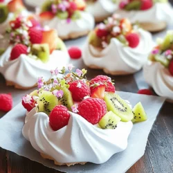 - 4 large egg whites - 1 cup superfine sugar - 1/4 teaspoon cream of tartar - 1 teaspoon vanilla extract - 1/4 teaspoon almond extract - 1 cup mixed fresh fruits (such as strawberries, raspberries, and kiwi), finely chopped - A pinch of salt - Optional: Edible flowers for a decorative garnish I use superfine sugar for meringues. It dissolves better than regular sugar. This helps create a smooth texture. The cream of tartar stabilizes the egg whites. It ensures they hold their shape. Vanilla and almond extracts add a rich flavor. Together, they make each bite delightful. For the fruit, I love using strawberries, raspberries, and kiwi. They add color and flavor. You can also try blueberries or chopped peaches. Mix and match for your own twist. Make sure to chop the fruit finely. This helps them sit on the meringues without sliding off. Enjoy the balance of sweet and tart flavors with each bite. Start by preheating your oven to 200°F (90°C). Line two baking sheets with parchment paper. This setup helps the meringues bake evenly. Next, take your clean mixing bowl and add 4 large egg whites and a pinch of salt. Beat the egg whites on medium speed until they form soft peaks. This step usually takes about 2-3 minutes. Now, it’s time to add the sugar. Gradually mix in 1 cup of superfine sugar, one tablespoon at a time. Make sure each spoonful dissolves fully before adding the next. Increase your mixer speed to high. Beat for about 5-7 minutes until the meringue looks glossy and forms stiff peaks. Add 1/4 teaspoon of cream of tartar, 1 teaspoon of vanilla extract, and 1/4 teaspoon of almond extract. Mix until the meringue stays firm when you lift the beater. Transfer the meringue into a piping bag fitted with a round tip. If you don’t have a piping bag, you can use a spoon. Pipe or spoon the meringue onto the parchment paper in small mounds or swirls. Make sure to leave space between each one, as they will grow a bit while baking. Carefully place the baking sheets in the preheated oven. Bake for about 1.5 to 2 hours. The meringues are done when they feel dry and lift off the parchment easily. Once baked, turn off the oven. Leave the meringues inside to cool with the oven door slightly ajar. This helps prevent cracking. Once your meringues cool, it’s time to get creative! Take your cup of mixed fresh fruits, like strawberries, raspberries, and kiwi, and chop them finely. Use a spoon to place a small amount of the fruit on top of each meringue. The bright colors of the fruit will make your treat look beautiful. For an extra touch, sprinkle some edible flowers on top just before serving. This will make your cookies look fancy and inviting. You can find the full recipe and more tips on making these lovely meringue cookies. To make great meringue cookies, you need the right texture. Start with clean, dry bowls and beaters. This keeps the egg whites from collapsing. Whisk the egg whites on medium speed until soft peaks form. Then add sugar slowly. This helps the sugar dissolve well. Beat until you see stiff peaks, meaning the meringue holds its shape. The mix should look glossy and smooth. If you see any graininess, keep beating until it disappears. Many home cooks face issues while making meringue. One common mistake is using old eggs. Fresh eggs whip better and give more volume. Another mistake is rushing the sugar. Always add it a bit at a time. If you add it too fast, the meringue can turn runny. Avoid mixing on high speed right from the start; this can lead to over-whipping. Finally, don’t open the oven door too soon while baking. This can cause cracks in your meringues. Presentation matters with meringue cookies. Serve them on a nice platter to show off their beauty. Top each meringue with fresh fruit just before serving. This keeps them looking fresh and vibrant. For a special touch, sprinkle edible flowers on top. They add color and elegance. Arrange the meringues in groups or in a circle. This draws the eye and makes your dessert table shine. For the full recipe, check out the details above. {{image_4}} You can mix and match fruits for your meringue cookies. Try strawberries, blueberries, or kiwi. Each fruit adds its own flavor and color. You can also use bananas, peaches, or mangoes. Fresh fruit makes each bite pop. For a tangy twist, add some citrus fruits like orange or lemon. They balance sweetness and give a burst of flavor. Want to elevate your meringues? Add flavor infusions! Try adding lemon zest or grated lime to the mix. You can also stir in cocoa powder for a chocolate twist. Another great idea is to mix in finely chopped nuts, like pistachios or almonds. These add crunch and depth. If you love spices, a pinch of cinnamon can warm up the taste. Not a fan of regular sugar? You can use other sweeteners. Try coconut sugar for a hint of caramel. Honey can also work, but it may change the texture slightly. Agave syrup is another option that keeps things sweet. Just remember, different sweeteners can change the final result, so experiment to find your favorite! For more details on making these delightful treats, check the Full Recipe. To keep your meringue cookies fresh, store them in an airtight container. This helps to keep moisture out. Place a piece of parchment paper between layers of cookies to prevent them from sticking together. Make sure the container is in a cool, dry place. Avoid storing them in the fridge, as the moisture can ruin their crispness. Meringue cookies can last up to two weeks when stored properly. If you want to keep them longer, freezing is a great option. Place the cookies in a single layer on a baking sheet and freeze them for about 2 hours. Once frozen, transfer them to an airtight bag. They can last up to three months in the freezer. Just remember to thaw them at room temperature before serving. If your meringues become soft or chewy, you can re-crisp them. Preheat your oven to 200°F (90°C) and place the cookies on a baking sheet. Bake them for about 10-15 minutes. Keep an eye on them to avoid browning. This will help restore their crunchy texture without losing their flavor. You can tell meringue cookies are done when they feel dry to the touch. They should lift off the parchment paper easily. The outside will be crisp, and the inside will remain soft. If you tap them gently, they should not stick. Yes, meringue cookies can be made in advance. They store well in an airtight container. Keep them at room temperature to maintain their crisp texture. Avoid refrigerating them, as humidity can make them soft. The best fruits for meringue cookies are fresh and colorful. I love using strawberries, raspberries, and kiwi. You can also try blueberries or peaches for variety. Choose fruits that are not too watery to keep the meringues crisp. For a fun touch, add some edible flowers for color and style. Get creative with your fruit choices! For the full recipe, check out the Cloud-Kissed Meringue Cookies with Fruit. Meringue cookies are simple and fun to make. We covered key ingredients and the right sweeteners. I shared tips for perfect meringue and ways to serve them. You can play with fruit choices and storage methods. Meringue cookies allow for creativity and can satisfy any sweet tooth. Now, it's your turn to try! Enjoy making your meringue cookies and discover your favorite combinations.