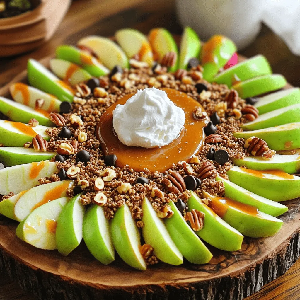 Here are the ingredients you need for this fun treat: - Apples: 3 medium (suggest using Granny Smith or Honeycrisp) - Granola: 1 cup (choose your favorite flavor) - Caramel Sauce: 1/2 cup (store-bought or homemade) - Mini Chocolate Chips: 1/4 cup (semi-sweet or dark) - Chopped Nuts: 1/4 cup (pecans, walnuts, or almonds) - Ground Cinnamon: 1/2 teaspoon - Whipped Cream: optional - Extra Caramel Sauce: for garnishing When picking apples, I recommend using Granny Smith for a tangy bite or Honeycrisp for sweetness. You can mix and match granola flavors to suit your taste. Whether you buy caramel sauce or make your own, it will add that essential gooey goodness. Don't forget the mini chocolate chips and nuts for crunch! The ground cinnamon adds warmth, while whipped cream can elevate your nachos even more. You can find the full recipe to guide you through the steps. - Step 1: Wash and slice the apples. Start by rinsing the apples under cold running water. This step ensures your apples are clean and ready to eat. Next, cut the apples into thin wedges. Make sure to remove the core. You want just the juicy flesh for this treat. - Step 2: Arrange apple slices on a serving platter. Take your beautifully sliced apples and lay them out on a large platter. A wooden board also works great. Aim for a single layer, so every slice is visible and ready to shine. - Step 3: Sprinkle cinnamon over apples. Lightly dust the apple slices with ground cinnamon. This spice adds a warm flavor that pairs well with the apples. It's a simple touch that makes a big difference. - Step 4: Add granola over the apples. Grab your favorite granola and sprinkle it evenly over the apple slices. This adds crunch and a lovely texture that contrasts with the soft apples. - Step 5: Drizzle caramel sauce. Generously drizzle caramel sauce over the apples and granola. You want the gooey sweetness to cover as much as possible. This is the star of your nachos! - Step 6: Scatter chocolate chips and nuts. Toss mini chocolate chips and chopped nuts over the top. This adds rich flavor and a delightful crunch. Choose nuts like pecans or almonds for the best results. - Step 7: Top with whipped cream (optional). If you want an extra touch, add a dollop of whipped cream right in the center. This creamy layer makes the nachos even more indulgent. - Step 8: Drizzle additional caramel sauce. Finish by drizzling more caramel sauce over the top. This not only enhances the flavor but also makes your dish look stunning. Enjoy your Caramel Apple Nachos right away! Each bite will be a wonderful mix of flavors and textures. For the full recipe, check back to ensure you don’t miss any details. - Use a wooden board for a rustic look. - Arrange apple slices in an attractive pattern. For a stunning display, I like to use a wooden board. It gives a warm, welcoming feel to your caramel apple nachos. Make sure to slice the apples thinly. This makes them easier to grab and eat. When you lay them out, try to create a fan shape or a spiral. This draws the eyes and makes the dish look more inviting. - Experiment with different nuts or granola flavors. - Substitute apples with pears for variety. You can easily switch up flavors in this recipe. Try using different nuts like walnuts or almonds. Each nut brings its own taste and crunch. If you want to change the fruit, pears work great too. Their sweetness pairs well with the caramel sauce. You can even mix and match granola flavors. This adds layers of taste and makes each bite unique. - Serve with vanilla ice cream or yogurt. - Pair with a light dessert wine. Caramel apple nachos shine even brighter when served with a side. A scoop of vanilla ice cream balances the sweetness of the nachos. Yogurt adds a nice tang, which cuts through the rich flavors. If you enjoy wine, a light dessert wine matches perfectly. It enhances the flavors without overpowering them. {{image_4}} Caramel apple nachos are great to customize. You can change them for the season, diet, or taste. Here are some fun ideas for making your nachos even better. - Fall: Add pumpkin spice for a seasonal twist. It gives a warm flavor that fits perfectly with the apples. - Summer: Incorporate berries for a fresh touch. Strawberries or blueberries add color and sweetness. - Gluten-Free: Use gluten-free granola. This keeps the crunch while making it safe for those with gluten issues. - Vegan: Opt for dairy-free caramel sauce. This way, everyone can enjoy the treat, no matter their diet. - Swap chocolate chips for dried fruits. Raisins or cranberries add a chewy texture. - Add coconut flakes or crushed Oreos. This brings a new taste and makes it more fun to eat. Feel free to mix and match these ideas from the Full Recipe. Enjoy creating your perfect caramel apple nachos! Store leftover nachos in the fridge. Place them in an airtight container. This keeps them fresh for up to two days. The cool air will slow down spoilage. If you have extra toppings, keep those separate. To keep toppings fresh, store granola, nuts, and fruits apart. Granola can get soggy if left on the apples. Nuts lose crunch when exposed to moisture. Keep chopped fruits sealed tight to avoid browning. Use small containers for easy access. When ready to serve again, refresh nachos in the oven. Preheat to 350°F (about 175°C). Place nachos on a baking sheet for about five minutes. This warms them up and keeps the apples crisp. Drizzle fresh caramel sauce on top for a treat! Yes, you can make the base of your nachos ahead of time. Slice the apples and sprinkle them with lemon juice to stop browning. Store the apples in an airtight container in the fridge. You can prepare the granola, nuts, and chocolate chips too. Just add the toppings right before serving. This keeps everything fresh and crunchy. For this recipe, tart apples like Granny Smith work well. They balance the sweet caramel. Sweet apples like Honeycrisp can also be used for a different taste. Tart apples give a nice crunch and contrast to the caramel flavor. Sweet apples make the dish even sweeter and softer. Making homemade caramel sauce is easy! You need just a few ingredients. Here’s a simple way: - Ingredients: - 1 cup granulated sugar - 6 tablespoons unsalted butter - 1/2 cup heavy cream - A pinch of salt Instructions: 1. In a medium saucepan, heat the sugar over medium heat. Stir it until it melts and turns golden brown. 2. Add the butter and stir until melted. 3. Slowly pour in the heavy cream while stirring. The mixture will bubble, so be careful! 4. Stir until smooth and add salt. Remove from heat and let it cool before using. This simple caramel sauce is perfect for drizzling on your Caramel Apple Nachos. Enjoy your delightful fall treat! For the complete recipe, check out the Full Recipe above. Caramel apple nachos are a fun and tasty treat. You saw the needed ingredients, step-by-step guide, and helpful tips. This dessert is easy to prepare and can be customized for any season or diet. Don't forget to try different toppings and pair it with ice cream or yogurt. With these ideas, you can make your nachos unique and fun. Enjoy creating your version of this sweet treat.