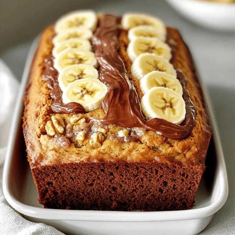 To make your Nutella-Stuffed Banana Bread, gather these key items: - 3 ripe bananas, thoroughly mashed - 1/3 cup unsalted butter, melted - 1/2 cup granulated sugar - 1 large egg, beaten until frothy - 1 teaspoon pure vanilla extract - 1 teaspoon baking soda - A pinch of salt - 1 1/2 cups all-purpose flour - 1/2 cup Nutella (or any chocolate hazelnut spread) You can customize your banana bread with these add-ins: - 1/4 cup chopped walnuts for crunch - Additional banana for topping, for a decorative finish These tools will help make your baking easier: - 9x5-inch loaf pan - Mixing bowls - Fork or whisk - Spatula - Toothpick for testing doneness - Wire rack for cooling This list makes it easy to gather everything you need for a tasty bake. Happy cooking! First, set your oven to 350°F (175°C). While it heats, prepare a 9x5-inch loaf pan. You can grease it lightly or use parchment paper. This helps the bread release easily after baking. In a medium bowl, mash 3 ripe bananas until smooth. Add 1/3 cup of melted unsalted butter. Mix these two well with a fork. Then, stir in 1/2 cup of granulated sugar, 1 beaten egg, and 1 teaspoon of pure vanilla extract. Make sure everything is combined and looks smooth. Next, sprinkle in 1 teaspoon of baking soda and a pinch of salt. Gently mix to spread these ingredients evenly. Gradually add 1 1/2 cups of all-purpose flour, mixing until just combined. A few lumps are fine; they help keep your bread tender. If you want extra crunch, fold in 1/4 cup of chopped walnuts. Pour half of the batter into your loaf pan. Spread it evenly. Make a well in the center and add 1/2 cup of Nutella. Spread it gently but evenly. Then, pour the rest of the batter on top, smoothing it out. For a pretty touch, slice another banana and lay the pieces on top of the batter. Now, it’s time to bake! Place the pan in the oven and bake for 50-60 minutes. The bread is done when a toothpick inserted in the center comes out clean. Let it cool in the pan for 10-15 minutes. Then, transfer it to a wire rack to cool completely. Enjoy this delicious Nutella-stuffed banana bread! For the full recipe, check out the complete details. To get soft and fluffy banana bread, use ripe bananas. They should be dark and spotty. The batter needs to be mixed gently. Over-mixing can lead to a dense loaf. When adding flour, mix until just combined. A few lumps are okay. This keeps the bread tender. Bake your bread at the right temperature. An oven that is too hot can burn the outside before the inside is done. One common mistake is using unripe bananas. They don’t give enough sweetness or flavor. Another mistake is skipping the resting time. Let your bread cool in the pan first. This helps it set and makes slicing easier. Avoid adding too much Nutella; it can make the batter too wet. Lastly, check for doneness with a toothpick. If it comes out clean, your bread is ready! Serve your Nutella-stuffed banana bread warm. This brings out the rich flavors. Top each slice with a swirl of Nutella. Add fresh banana slices for a nice touch. You can also sprinkle chopped walnuts on top for crunch. Pair it with coffee or tea for a cozy treat. For a fun twist, serve it with a scoop of vanilla ice cream. Enjoy your delicious creation! {{image_4}} If you want a nut-free version of Nutella-stuffed banana bread, try using sunflower seed butter. It has a smooth texture and a mild taste. You can also use soy nut butter or coconut butter. Each option gives a yummy twist while keeping the recipe nut-free. You can boost the flavor of your banana bread with simple add-ins. Consider adding spices like cinnamon or nutmeg. These spices add warmth and depth. You can also mix in chocolate chips for extra sweetness. A splash of espresso powder enhances the chocolate flavor too. For a healthier take, swap out white sugar for honey or maple syrup. You can use whole wheat flour instead of all-purpose flour. This adds fiber and nutrients. If you want to cut calories, try using less Nutella or making a homemade chocolate spread with cocoa powder and a sweetener. You can find the full recipe for Nutella-stuffed banana bread to start your tasty journey. Once your Nutella-stuffed banana bread cools, store it in an airtight container. This keeps it fresh and moist. You can also wrap it tightly in plastic wrap. If you plan to eat it within a few days, store it at room temperature. For longer storage, place it in the fridge. To freeze your banana bread, first let it cool completely. Wrap the loaf in plastic wrap or aluminum foil. Then, place it in a freezer bag to prevent freezer burn. This method keeps the bread fresh for up to three months. When you're ready to enjoy it, thaw it overnight in the fridge or on the counter for a few hours. To reheat banana bread, preheat your oven to 350°F (175°C). Place slices on a baking sheet. Heat them for about 5-10 minutes until warm. You can also microwave a slice for about 15-20 seconds. If you want extra gooeyness, add a bit more Nutella on top before heating. Enjoy your warm and tasty treat! Yes, you can use frozen bananas. Just thaw them first. Frozen bananas work well because they become very soft when thawed. This softness makes it easy to mash them. They also add natural sweetness and moisture to your banana bread. To make banana bread moist, use very ripe bananas. The riper the bananas, the more moisture they add. You can also add a bit more butter or an extra egg for richness. Another tip is to avoid over-mixing the batter. Over-mixing can lead to a dry texture. If you need a substitute for Nutella, try almond butter or peanut butter. You can also use chocolate spread without hazelnuts. For a healthier option, consider a cocoa spread made with less sugar. You can mix in chocolate chips for added flavor. - Full Recipe We explored the key ingredients, tools, and steps for making banana bread. I shared tips for perfect texture and common mistakes to avoid. Optional add-ins and variations can make your bread unique and tasty. Plus, I covered how to store and reheat leftovers. Remember, the right ingredients and careful steps lead to great results. Enjoy experimenting and sharing your banana bread!
