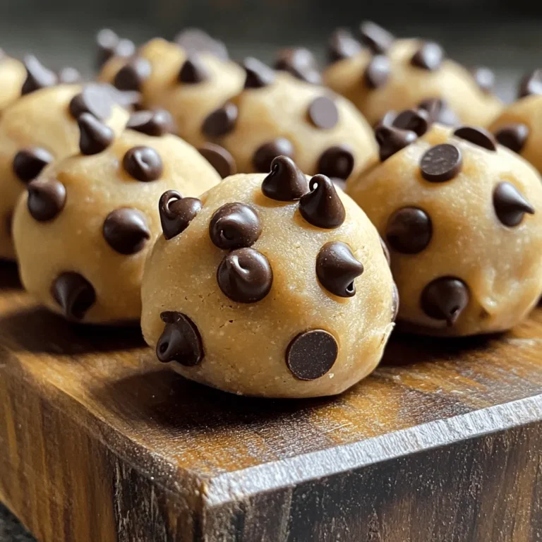To make these tasty chocolate chip cookie dough bites, gather these items: - 1 cup all-purpose flour (heat-treated for safety) - 1/2 cup packed brown sugar - 1/4 cup granulated sugar - 1/2 cup unsalted butter, softened to room temperature - 1 teaspoon pure vanilla extract - 2 tablespoons milk (or dairy-free alternative, like almond or oat milk) - 1/2 cup semi-sweet chocolate chips - 1/4 teaspoon fine sea salt - 1/4 cup mini chocolate chips (for coating) If you want to make some changes, here are a few ideas: - For gluten-free bites, use almond flour or gluten-free flour blends. - For a vegan option, swap the butter for coconut oil and use dairy-free chocolate chips. - Use maple syrup instead of granulated sugar for a different flavor. Heat-treating flour makes it safe to eat raw. Raw flour can carry germs like E. coli. To heat-treat, spread flour on a baking sheet and bake it for 5-7 minutes at 350°F (175°C). Let it cool before using it in your recipe. This step ensures that your cookie dough bites are safe and delicious! To start, we need to heat-treat the flour. Preheat your oven to 350°F (175°C). Line a baking sheet with parchment paper. Spread the all-purpose flour evenly on the sheet. Bake it for about 5-7 minutes. This step helps kill any harmful bacteria. Once done, let the flour cool completely. Next, mix the base. In a large bowl, cream the softened butter with both sugars using an electric mixer or a sturdy spatula. Beat until light and fluffy, which takes about 2-3 minutes. This step is key for a smooth texture. Now, pour in the vanilla extract and milk. Mix until just combined. You want everything well blended but don’t overdo it. Slowly add the cooled flour and fine sea salt. Stir gently until a thick, sticky dough forms. When adding the flour, do it slowly. This helps prevent clumps. Use a spatula to fold in the semi-sweet chocolate chips. This way, they spread evenly throughout the dough. If you mix too much, the dough can become tough, so be careful. Once you have your dough ready, it’s time to form the bites. Use a cookie scoop or your hands to make small balls, around 1 inch in diameter. Place them on a clean surface. Next, roll each ball in mini chocolate chips for a fun coating. Now, chill the bites. Arrange them on a parchment-lined baking sheet and refrigerate for about 30 minutes. This step helps them firm up. When you serve them, try using a pretty plate. Add a sprinkle of sea salt or a drizzle of melted chocolate for a nice touch. Enjoy your tasty treat! You can find the full recipe at the start of the article. One common mistake is using raw flour. Always heat-treat your flour first. This step keeps you safe from germs. Another mistake is overmixing the dough. Mix until just combined to keep the bites tender. Lastly, don’t skip the chilling step. Chilling helps the bites hold their shape and taste better. To get that nice, soft texture, use room-temperature butter. This makes it easier to blend with the sugars. Make sure your dough is thick but still slightly sticky. This helps keep the bites chewy. If the dough feels too dry, add a bit more milk. You can change up the flavors easily. Try adding a pinch of cinnamon for warmth. Want a nutty taste? Mix in some chopped walnuts or pecans. For a fun twist, use dark chocolate chips or even white chocolate. You can also roll the bites in crushed nuts instead of mini chocolate chips. Each variation brings a new flavor adventure to your cookie dough bites! For the full recipe, check out the details above! {{image_4}} To keep your chocolate chip cookie dough bites fresh, use an airtight container. This helps prevent them from drying out or absorbing other odors in your fridge. If you prefer, you can also wrap each bite in plastic wrap for extra protection. Make sure to keep them cool and away from heat sources. In the fridge, your cookie dough bites last about one week. They stay tasty and safe to eat. If you want to save them longer, freeze them! In the freezer, they can last for up to three months. Just remember, always label your containers with the date to track freshness. To thaw frozen cookie dough bites, simply move them to the fridge for a few hours. This way, they soften slowly and keep their texture. If you’re in a hurry, you can let them sit at room temperature for about 30 minutes. Once thawed, enjoy them as is or give them a quick chill before serving for that perfect bite! You can easily make vegan chocolate chip cookie dough bites. Simply swap the butter for coconut oil or a plant-based butter. Use a non-dairy milk, like almond or oat milk. For sweetness, agave syrup or maple syrup works well in place of brown sugar. Follow the same steps from the Full Recipe, and enjoy a delicious vegan treat! For a gluten-free version, use gluten-free all-purpose flour. Many brands offer blends that work well in recipes. Ensure your chocolate chips are gluten-free too. This way, you can still enjoy the same flavor and texture. Just remember to heat-treat the flour as mentioned earlier for safety. Get creative with flavors! Try adding peanut butter for a nutty twist. Just mix in half a cup of creamy peanut butter with your butter and sugar. For a minty kick, add a few drops of mint extract to the dough. You can also fold in crushed cookies or sprinkles for extra fun! Each variation brings a new taste to your cookie dough bites. Yes, you can eat raw cookie dough if it is made safely. Use heat-treated flour to kill harmful bacteria. This way, you can enjoy the dough without worry. It tastes great and satisfies your sweet tooth. Always check the ingredients to ensure safety. Chocolate chip cookie dough bites last about a week in the fridge. Store them in an airtight container. For longer storage, you can freeze them. Frozen bites can last for up to three months. Just thaw them in the fridge before enjoying. You can find pre-made chocolate chip cookie dough bites at many grocery stores. Look in the freezer section or the snack aisle. Some brands offer ready-to-eat options. You can also check local bakeries or specialty food shops for fresh bites. This blog post covered key aspects of making chocolate chip cookie dough bites. You learned about ingredients, substitutions, and the need for heat-treated flour. Step-by-step instructions guided you through preparation and serving tips. I shared common mistakes and ways to enhance flavors too. We discussed how to store these bites and explored variations like vegan and gluten-free options. Now’s the time to make your own delicious cookie dough bites! Experiment with flavors and enjoy your tasty creations.