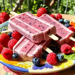 - 1 cup strawberries, hulled and halved - 1 cup blueberries - 1 cup raspberries - 1 ripe banana, sliced - 1 cup Greek yogurt - 1/4 cup honey - 1 tablespoon freshly squeezed lemon juice When you need to convert measurements, use simple math. For example, 1 cup equals 8 ounces. You can easily adjust the recipe for your needs. If you have dietary restrictions, you can make swaps. Use coconut yogurt instead of Greek yogurt for a dairy-free option. Maple syrup can replace honey for a vegan choice. Want to enhance the flavor? Add a splash of vanilla extract or a dash of cinnamon. These small changes can make a big difference. If you want to add greens, try a handful of spinach. It blends well and adds nutrients without a strong taste. This recipe is flexible. You can mix and match your favorite fruits too. Use mango or peaches for a twist. Enjoy the process of making these popsicles, and feel free to experiment! Remember to check the Full Recipe for more details. To make your berry smoothie mixture, start with fresh fruit. Use 1 cup of hulled strawberries, 1 cup of blueberries, and 1 cup of raspberries. Add 1 ripe banana, sliced. These fruits give a sweet and tangy flavor. Next, pour in 1 cup of Greek yogurt. You can choose either vanilla or plain. For sweetness, add 1/4 cup of honey. Adjust this to your taste. Finally, add 1 tablespoon of freshly squeezed lemon juice. This will brighten the flavors. When using a blender, make sure to blend on high. Stop to scrape down the sides if needed. This helps blend everything well. Taste the mixture. If you want it sweeter, add more honey and blend again. Carefully pour the smoothie mixture into popsicle molds. Fill each one about three-quarters full. This allows space for the popsicles to expand as they freeze. When inserting popsicle sticks, place them in the center. This helps them stay balanced. Place the filled molds in the freezer. Let them freeze for at least 4 to 6 hours. The popsicles need to be completely solid. To check if they are ready, gently wiggle a mold. If the popsicle moves easily, it is ready. If not, let them freeze longer. Enjoy your berry smoothie popsicles! For the full recipe, click here. To get a creamy texture in your popsicles, use ripe bananas. They add natural creaminess. Greek yogurt also helps to create that smooth feel. Blend your ingredients well. Stop to scrape down the sides of the blender. This ensures all ingredients mix together well. Common mistakes include over-blending or under-blending. If you blend too long, the mixture may become too thin. If you don’t blend enough, lumps may remain. Adjusting sweetness is simple. Start with the honey amount in the recipe. After blending, taste the mixture. If you want it sweeter, add more honey slowly. Blend briefly after each addition. For natural sweeteners, try maple syrup or agave nectar. These can replace honey and offer different flavors. Remember, the sweetness can change based on the fruit's ripeness. For a stunning display, use colorful molds. Once frozen, arrange popsicles on a bright platter. Scatter fresh berries around them for a fun look. You can also add mint leaves for a pop of green. This not only looks great, but it also adds freshness. Serve them with small cups to catch drips. This way, everyone can enjoy them mess-free. {{image_4}} You can mix different berries for fun flavors. Try using blackberries or cranberries. Each berry brings a unique taste. You can also add greens like spinach or kale. They blend well and add nutrients without changing the taste much. Just a handful will do! You don’t have to stick with Greek yogurt. Coconut yogurt works great, too. It adds a tropical twist. If you want vegan popsicles, use almond milk or oat milk. These options still give you that creamy texture you love. Add granola or chia seeds for a nice crunch. They make your popsicles even more fun to eat. You can also try mixing in other fruits. Peaches or mangoes can add sweetness and flavor. Just chop them small before blending! To keep your berry smoothie popsicles fresh, store them in airtight containers. Use silicone molds or freezer-safe bags to prevent freezer burn. If using molds, cover them with plastic wrap before freezing. This adds an extra layer of protection. Make sure to label the containers with the date. This helps you track freshness. Berry smoothie popsicles can last up to three months in the freezer. After this time, they may lose flavor and texture. Check for signs of freezer burn, which appears as white or gray spots. If you see these, it's best to discard the popsicles. Spoiled popsicles may also have an off smell or taste. Thawing should be done slowly to maintain texture. Place the popsicle in the fridge for about 15 minutes. This method prevents quick melting. If you're in a hurry, run warm water over the outside of the mold. Avoid using a microwave, as this can melt them unevenly. Enjoy your delicious treat without any melting mishaps! Berries are small but mighty! They are packed with vitamins and antioxidants. Here are some key benefits: - Strawberries: High in vitamin C, they help boost your immune system. They also support heart health and improve skin quality. - Blueberries: These fruits are known for their brain-boosting properties. They may improve memory and cognitive function. - Raspberries: Rich in fiber, they aid digestion and help keep you full longer. They also have anti-inflammatory effects. These tiny fruits can make your popsicles not just tasty, but good for you too! Yes, you can! Here are some natural ways to sweeten your popsicles: - Banana: The ripe banana in the recipe adds sweetness without extra sugar. - Honey: You can use less honey or skip it altogether if you prefer. - Maple syrup: This is a great alternative for a different flavor. - Agave nectar: It has a mild taste and mixes well with the other ingredients. Feel free to adjust sweetness to your liking! Absolutely! These berry smoothie popsicles are kid-friendly. Here’s why: - Healthy ingredients: Kids get vitamins and nutrients with every bite. - Fun to eat: The bright colors and fruity flavors attract kids. - Easy to make: Kids can help with blending and pouring into molds. These popsicles are a great way to cool off while enjoying a healthy treat. Check out the Full Recipe if you want to make them at home! These berry smoothie popsicles are simple and fun to make at home. We covered ingredients, measurements, and step-by-step instructions. You learned how to achieve great texture and get creative with flavors. Storage tips help keep them fresh for longer. In the end, these popsicles are a tasty, healthy treat. Enjoy making them with your favorite berries!