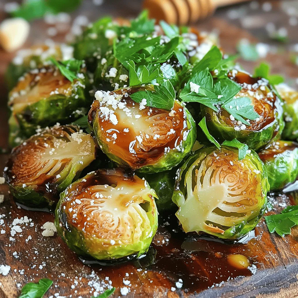 - 1 pound Brussels sprouts - 3 tablespoons balsamic vinegar - 2 tablespoons honey - 2 tablespoons extra virgin olive oil - 1 teaspoon garlic powder - Sea salt and freshly ground black pepper to taste - Fresh parsley, finely chopped - 1/4 cup freshly grated Parmesan cheese (optional) For this dish, I focus on fresh, high-quality ingredients. Choosing Brussels sprouts that are firm and bright green is key. Balsamic vinegar gives the dish a sweet and tangy depth of flavor. Honey balances the acidity, creating a rich glaze that clings to the sprouts. Extra virgin olive oil adds healthy fats and enhances the roasting process. Seasoning is just as crucial. Garlic powder gives a warm, savory note, while sea salt and black pepper bring out the natural sweetness of the sprouts. For garnish, fresh parsley adds color and a burst of freshness. If you enjoy cheese, Parmesan adds a creamy and salty finish, enriching this dish. This combination of ingredients makes Balsamic Glazed Brussels Sprouts a delightful and flavorful roasted dish. For the complete details on how to prepare it, refer to the Full Recipe. First, trim the ends of the Brussels sprouts. Remove any yellow or damaged leaves. Next, cut each sprout in half. This step helps them roast evenly. Now, preheat your oven to 400°F (200°C). A hot oven will give you that crispy texture we love. In a large bowl, toss the halved Brussels sprouts with olive oil. Add garlic powder, salt, and black pepper. Mix well to coat each sprout. This helps to enhance the flavor. Line a baking sheet with parchment paper. Spread the sprouts in a single layer to allow even roasting. Roast them for 20-25 minutes. Remember to stir halfway through for even cooking. You want them golden brown and tender. While the Brussels sprouts roast, prepare the balsamic glaze. In a small saucepan, combine balsamic vinegar and honey. Heat it over medium heat until it simmers. Stir it gently to mix. Cook for about 5-7 minutes. You want the glaze to thicken and become syrupy. This sweet and tangy sauce will coat your Brussels sprouts beautifully. For the full recipe, check the section above. For the best Brussels sprouts, roast them at 400°F (200°C). This high heat helps them get crispy. Roast them for 20-25 minutes. Stir them halfway through. This step ensures even cooking and adds to the crunch. Want to boost the flavor? Add spices like paprika or chili powder. Fresh herbs like thyme or rosemary also work well. If you like heat, sprinkle some red pepper flakes for a spicy kick. To make your dish shine, serve Brussels sprouts in a large bowl. Drizzle some extra balsamic glaze on top for a glossy finish. A sprinkle of Parmesan cheese adds a gourmet touch. Fresh parsley adds color and freshness, making your dish look even better. For the full recipe, check out the Balsamic Glazed Brussels Sprouts section above! {{image_4}} You can easily change the flavor of balsamic glazed Brussels sprouts. Adding fruit or nuts gives a nice crunch. Try adding sliced apples or pears for sweetness. Chopped walnuts or pecans can add a great texture. You can also explore different vinegars or sweeteners. Apple cider vinegar or red wine vinegar can give a new twist. Instead of honey, use maple syrup for a different flavor profile. If you want a vegan-friendly dish, skip the Parmesan cheese. The glaze itself is already plant-based. For gluten-free diets, this recipe is safe to enjoy. Just ensure your balsamic vinegar is gluten-free. You can easily make these adjustments to fit your needs. These variations keep the dish exciting and versatile. Check out the Full Recipe for more ideas! Store leftover balsamic glazed Brussels sprouts in an airtight container. This helps keep them fresh. Make sure to let them cool before sealing. You can store them in the fridge for up to three days. If you want to keep them longer, consider freezing them. Frozen Brussels sprouts can last for about two months. To reheat, I recommend using an oven. Preheat it to 350°F (175°C). Spread the sprouts on a baking sheet and heat for about 10-15 minutes. This method helps them stay crispy. You can also use a microwave if you’re short on time. Just heat them on a microwave-safe plate for about one to two minutes. To keep the flavor and texture, sprinkle a little olive oil before reheating. Enjoy your delicious leftovers! Yes, you can prep Brussels sprouts ahead of time. Trim and halve them, then store them in the fridge. Use an airtight container to keep them fresh. They will stay good for about 2 days. Just remember to toss them in olive oil and seasonings before roasting. Balsamic glazed Brussels sprouts pair well with many dishes. Here are some ideas: - Grilled chicken for a healthy protein. - Roasted salmon for a rich flavor. - Quinoa salad for a light meal. - Mashed potatoes for a comforting side. These sides balance the sweetness of the glaze nicely. Watch for a few signs to know when Brussels sprouts are done. - They should be golden brown and crispy on the outside. - A fork should easily pierce them. - The texture should be tender but not mushy. Roast them for 20-25 minutes for perfect results. For more tips, check the Full Recipe. Balsamic glazed Brussels sprouts are easy and delicious. We covered essential ingredients, seasoning, and the best roasting methods. Tips for taste and presentation will elevate your dish. You can also try fun flavor twists or make it diet-friendly. Store leftovers well and reheat to keep them tasty. With these steps, you can impress anyone at your next meal. Enjoy creating this tasty side dish!