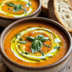 To make a delicious homemade tomato basil soup, you need these simple ingredients: - 2 tablespoons extra-virgin olive oil - 1 medium yellow onion, finely chopped - 3 cloves garlic, minced - 1 teaspoon sea salt - 1/2 teaspoon freshly cracked black pepper - 1 teaspoon dried oregano - 1 (28-ounce) can of quality crushed tomatoes - 2 cups vegetable broth (unsalted) - 1/4 cup fresh basil leaves, roughly chopped - 1 tablespoon balsamic vinegar - 1 teaspoon granulated sugar (optional) - 1/2 cup heavy cream or coconut cream Each ingredient plays a key role in creating the rich flavor of the soup. The olive oil gives a nice base, while the onion and garlic add depth. The crushed tomatoes bring that classic taste, and the fresh basil provides a burst of brightness. Balsamic vinegar adds a hint of sweetness, balancing the acidity of tomatoes. You can adjust the sugar to your taste. If you want a creamier texture, choose heavy cream or coconut cream. Remember, this recipe is all about simple, fresh ingredients that work well together. For a full recipe, check the complete instructions on how to bring these ingredients to life in your kitchen! How to sauté onion and garlic To start, heat 2 tablespoons of extra-virgin olive oil in a large pot over medium heat. When the oil shimmers, add 1 medium yellow onion, finely chopped. Sauté for about 5 minutes. You want the onion to be soft and translucent. Then, add 3 cloves of minced garlic, 1 teaspoon of sea salt, 1/2 teaspoon of black pepper, and 1 teaspoon of dried oregano. Stir these for 1-2 minutes. This brings out the garlic's great smell without burning it. How to combine soup ingredients Next, pour in 1 (28-ounce) can of quality crushed tomatoes and 2 cups of vegetable broth. Stir well to mix everything together. Turn up the heat until it starts to simmer gently. This means little bubbles form. Once it simmers, reduce the heat to low and let the soup cook uncovered for 15-20 minutes. This step helps the flavors blend nicely. Simmering the soup for flavor After simmering, add 1/4 cup of roughly chopped fresh basil, 1 tablespoon of balsamic vinegar, and 1 teaspoon of granulated sugar if you need to balance the tomato's acidity. Let it simmer for another 5 minutes. This brings an extra depth to the flavor. Using an immersion blender vs. traditional blender You can use an immersion blender to puree the soup right in the pot. This is easy and less messy. If you don’t have one, carefully pour the soup into a traditional blender in batches. Blend until it’s smooth or leave some texture if you like it that way. How to achieve the desired consistency After blending, return the soup to the pot. Stir in 1/2 cup of heavy cream or coconut cream if you prefer a vegan option. Heat the soup on low for 3-4 minutes to warm it through. Avoid boiling it, as this can change the cream's texture. Adding heavy cream and adjusting seasoning Once heated, taste the soup. Adjust the seasoning as needed. You can add more salt or pepper to suit your taste. If the soup feels too thick, add a bit more broth to thin it out. Best practices for keeping the soup warm To keep your tomato basil soup warm, set it on low heat. Cover the pot to trap the warmth and flavors. You can serve it in warm bowls. Drizzle some extra olive oil on top and garnish with fresh basil for a nice touch. Enjoy with a slice of crusty bread for a full meal experience. For the complete recipe, check out the [Full Recipe]. To enhance flavor with herbs, use fresh basil. Add it near the end of cooking. Fresh herbs brighten the soup. You can also mix in a bit of dried oregano early. It will add depth to the base. For subtle seasoning adjustments, always taste your soup. You might want more salt or pepper. A small touch of balsamic vinegar adds sweetness and balance. You can also add sugar to cut acidity if needed. For the best garnishes, serve in warm bowls. Drizzle a little olive oil on top. Add fresh basil leaves for color. A sprinkle of black pepper can look nice too. Pair your soup with crusty bread or a fresh salad. A simple green salad can refresh your palate. This makes a complete meal that feels cozy and satisfying. Avoid overcooked garlic. It can become bitter and ruin your soup. Sauté it just until fragrant. When using canned tomatoes, choose high-quality brands. If using fresh tomatoes, peel and seed them first. Both can work, but the taste varies. Fresh tomatoes need more cooking time. {{image_4}} To make this soup vegan, use coconut cream instead of heavy cream. Coconut cream adds a rich texture and a hint of sweetness. This option is perfect for those who avoid dairy. You can also add different vegetables for added texture. Try carrots, bell peppers, or zucchini. These veggies not only boost nutrition but also add color and flavor. For those who enjoy bold flavors, you can add spices or hot peppers. A pinch of red pepper flakes brings heat, while smoked paprika adds depth. You can also incorporate different herbs like thyme or rosemary. These herbs pair well with tomato and basil, giving your soup a unique twist. You can transform this soup into a sauce for pasta. Simply thicken it by simmering longer. This makes a quick and easy dinner. Creative garnishes can elevate your soup. Add croutons, a drizzle of olive oil, or fresh basil on top. These touches make your dish look and taste gourmet. For the full recipe, check out the delicious details! After making your soup, let it cool. Use clean, airtight containers for storage. Glass jars or plastic containers work well. For long-term storage, freeze the soup. Use freezer-safe containers to avoid leaks. Refrigeration keeps it fresh for about 3 to 5 days. Freezing can extend its life to 3 months or more. To reheat your soup, use the stove or microwave. When using the stove, heat it slowly over low heat. Stir often to keep it smooth. If you use a microwave, heat in short bursts. Avoid overcooking. If you added cream to your soup, be careful. Heat it gently to avoid curdling. Stir in the cream after reheating for the best texture. How long does homemade tomato basil soup last? In the fridge, it lasts about 3 to 5 days. If frozen, it can last 3 months or longer. Always check for signs of spoilage. If you see mold or notice an off smell, dispose of the soup. Trust your senses; they are your best guide. Yes, you can use fresh tomatoes! Here’s how to prepare them: 1. Start with about 2 pounds of ripe tomatoes. 2. Boil a pot of water and add tomatoes for about 30 seconds. 3. Remove them and place them in ice water to cool. 4. Peel the skin off and chop the tomatoes. 5. Add the chopped tomatoes to your soup in place of the canned ones. Using fresh tomatoes gives your soup a bright flavor that shines through. To add heat, try these tips: - Add a pinch of red pepper flakes when you sauté the garlic and onion. - Or, toss in a diced jalapeño with the onions for a fresh kick. - You can also drizzle some hot sauce into the soup just before serving. These methods add warmth without losing the soup's rich flavor. Tomato basil soup is packed with nutrients: - Tomatoes are high in vitamins C and K, which boost your health. - Basil adds antioxidants and has anti-inflammatory properties. - The olive oil provides healthy fats that support heart health. This soup is not just tasty; it’s good for you too! Yes! Here’s how to adjust the recipe for a slow cooker: 1. Sauté the onion and garlic as usual, then add them to the slow cooker. 2. Combine all the other ingredients, except for the cream and basil. 3. Cook on low for 6-8 hours or high for 3-4 hours. 4. Stir in the basil and cream at the end, then blend as desired. This method allows flavors to develop slowly, making every bite delicious. Yes, this recipe is gluten-free! - Just be sure to check the labels on your vegetable broth and crushed tomatoes. - Some brands may add gluten, so look for certified gluten-free options. With the right ingredients, everyone can enjoy this flavorful soup! This blog post walks you through making a tasty tomato basil soup. We covered ingredients, step-by-step instructions, tips, variations, and storage info. Each step helps you create a warm and flavorful dish. Remember, using fresh herbs and adjusting seasonings can boost the soup’s taste. Whether you enjoy it as is or add your twist, this soup can warm your soul. Cooking should be fun. Dive in, experiment, and share your delicious results!