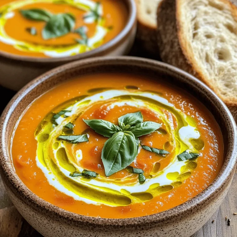 To make a delicious homemade tomato basil soup, you need these simple ingredients: - 2 tablespoons extra-virgin olive oil - 1 medium yellow onion, finely chopped - 3 cloves garlic, minced - 1 teaspoon sea salt - 1/2 teaspoon freshly cracked black pepper - 1 teaspoon dried oregano - 1 (28-ounce) can of quality crushed tomatoes - 2 cups vegetable broth (unsalted) - 1/4 cup fresh basil leaves, roughly chopped - 1 tablespoon balsamic vinegar - 1 teaspoon granulated sugar (optional) - 1/2 cup heavy cream or coconut cream Each ingredient plays a key role in creating the rich flavor of the soup. The olive oil gives a nice base, while the onion and garlic add depth. The crushed tomatoes bring that classic taste, and the fresh basil provides a burst of brightness. Balsamic vinegar adds a hint of sweetness, balancing the acidity of tomatoes. You can adjust the sugar to your taste. If you want a creamier texture, choose heavy cream or coconut cream. Remember, this recipe is all about simple, fresh ingredients that work well together. For a full recipe, check the complete instructions on how to bring these ingredients to life in your kitchen! How to sauté onion and garlic To start, heat 2 tablespoons of extra-virgin olive oil in a large pot over medium heat. When the oil shimmers, add 1 medium yellow onion, finely chopped. Sauté for about 5 minutes. You want the onion to be soft and translucent. Then, add 3 cloves of minced garlic, 1 teaspoon of sea salt, 1/2 teaspoon of black pepper, and 1 teaspoon of dried oregano. Stir these for 1-2 minutes. This brings out the garlic's great smell without burning it. How to combine soup ingredients Next, pour in 1 (28-ounce) can of quality crushed tomatoes and 2 cups of vegetable broth. Stir well to mix everything together. Turn up the heat until it starts to simmer gently. This means little bubbles form. Once it simmers, reduce the heat to low and let the soup cook uncovered for 15-20 minutes. This step helps the flavors blend nicely. Simmering the soup for flavor After simmering, add 1/4 cup of roughly chopped fresh basil, 1 tablespoon of balsamic vinegar, and 1 teaspoon of granulated sugar if you need to balance the tomato's acidity. Let it simmer for another 5 minutes. This brings an extra depth to the flavor. Using an immersion blender vs. traditional blender You can use an immersion blender to puree the soup right in the pot. This is easy and less messy. If you don’t have one, carefully pour the soup into a traditional blender in batches. Blend until it’s smooth or leave some texture if you like it that way. How to achieve the desired consistency After blending, return the soup to the pot. Stir in 1/2 cup of heavy cream or coconut cream if you prefer a vegan option. Heat the soup on low for 3-4 minutes to warm it through. Avoid boiling it, as this can change the cream's texture. Adding heavy cream and adjusting seasoning Once heated, taste the soup. Adjust the seasoning as needed. You can add more salt or pepper to suit your taste. If the soup feels too thick, add a bit more broth to thin it out. Best practices for keeping the soup warm To keep your tomato basil soup warm, set it on low heat. Cover the pot to trap the warmth and flavors. You can serve it in warm bowls. Drizzle some extra olive oil on top and garnish with fresh basil for a nice touch. Enjoy with a slice of crusty bread for a full meal experience. For the complete recipe, check out the [Full Recipe]. To enhance flavor with herbs, use fresh basil. Add it near the end of cooking. Fresh herbs brighten the soup. You can also mix in a bit of dried oregano early. It will add depth to the base. For subtle seasoning adjustments, always taste your soup. You might want more salt or pepper. A small touch of balsamic vinegar adds sweetness and balance. You can also add sugar to cut acidity if needed. For the best garnishes, serve in warm bowls. Drizzle a little olive oil on top. Add fresh basil leaves for color. A sprinkle of black pepper can look nice too. Pair your soup with crusty bread or a fresh salad. A simple green salad can refresh your palate. This makes a complete meal that feels cozy and satisfying. Avoid overcooked garlic. It can become bitter and ruin your soup. Sauté it just until fragrant. When using canned tomatoes, choose high-quality brands. If using fresh tomatoes, peel and seed them first. Both can work, but the taste varies. Fresh tomatoes need more cooking time. {{image_4}} To make this soup vegan, use coconut cream instead of heavy cream. Coconut cream adds a rich texture and a hint of sweetness. This option is perfect for those who avoid dairy. You can also add different vegetables for added texture. Try carrots, bell peppers, or zucchini. These veggies not only boost nutrition but also add color and flavor. For those who enjoy bold flavors, you can add spices or hot peppers. A pinch of red pepper flakes brings heat, while smoked paprika adds depth. You can also incorporate different herbs like thyme or rosemary. These herbs pair well with tomato and basil, giving your soup a unique twist. You can transform this soup into a sauce for pasta. Simply thicken it by simmering longer. This makes a quick and easy dinner. Creative garnishes can elevate your soup. Add croutons, a drizzle of olive oil, or fresh basil on top. These touches make your dish look and taste gourmet. For the full recipe, check out the delicious details! After making your soup, let it cool. Use clean, airtight containers for storage. Glass jars or plastic containers work well. For long-term storage, freeze the soup. Use freezer-safe containers to avoid leaks. Refrigeration keeps it fresh for about 3 to 5 days. Freezing can extend its life to 3 months or more. To reheat your soup, use the stove or microwave. When using the stove, heat it slowly over low heat. Stir often to keep it smooth. If you use a microwave, heat in short bursts. Avoid overcooking. If you added cream to your soup, be careful. Heat it gently to avoid curdling. Stir in the cream after reheating for the best texture. How long does homemade tomato basil soup last? In the fridge, it lasts about 3 to 5 days. If frozen, it can last 3 months or longer. Always check for signs of spoilage. If you see mold or notice an off smell, dispose of the soup. Trust your senses; they are your best guide. Yes, you can use fresh tomatoes! Here’s how to prepare them: 1. Start with about 2 pounds of ripe tomatoes. 2. Boil a pot of water and add tomatoes for about 30 seconds. 3. Remove them and place them in ice water to cool. 4. Peel the skin off and chop the tomatoes. 5. Add the chopped tomatoes to your soup in place of the canned ones. Using fresh tomatoes gives your soup a bright flavor that shines through. To add heat, try these tips: - Add a pinch of red pepper flakes when you sauté the garlic and onion. - Or, toss in a diced jalapeño with the onions for a fresh kick. - You can also drizzle some hot sauce into the soup just before serving. These methods add warmth without losing the soup's rich flavor. Tomato basil soup is packed with nutrients: - Tomatoes are high in vitamins C and K, which boost your health. - Basil adds antioxidants and has anti-inflammatory properties. - The olive oil provides healthy fats that support heart health. This soup is not just tasty; it’s good for you too! Yes! Here’s how to adjust the recipe for a slow cooker: 1. Sauté the onion and garlic as usual, then add them to the slow cooker. 2. Combine all the other ingredients, except for the cream and basil. 3. Cook on low for 6-8 hours or high for 3-4 hours. 4. Stir in the basil and cream at the end, then blend as desired. This method allows flavors to develop slowly, making every bite delicious. Yes, this recipe is gluten-free! - Just be sure to check the labels on your vegetable broth and crushed tomatoes. - Some brands may add gluten, so look for certified gluten-free options. With the right ingredients, everyone can enjoy this flavorful soup! This blog post walks you through making a tasty tomato basil soup. We covered ingredients, step-by-step instructions, tips, variations, and storage info. Each step helps you create a warm and flavorful dish. Remember, using fresh herbs and adjusting seasonings can boost the soup’s taste. Whether you enjoy it as is or add your twist, this soup can warm your soul. Cooking should be fun. Dive in, experiment, and share your delicious results!