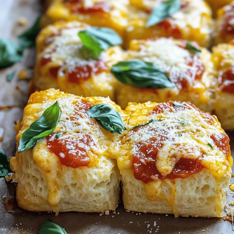 To make Cheese Pizza Monkey Bread, you need key ingredients that bring flavor and fun. Here’s what you’ll need: - 3 cans of refrigerated biscuit dough - 2 cups shredded mozzarella cheese - 1 cup pizza sauce - 1 cup pepperoni slices - 1 teaspoon Italian seasoning - 1/2 teaspoon garlic powder - 1/4 cup melted butter - 1/4 cup grated Parmesan cheese - Fresh basil leaves for garnish (optional) Using quality ingredients makes a big difference. Fresh mozzarella melts beautifully. Good pizza sauce adds rich flavor. Always choose the best ingredients you can find. Want to spice it up? Here are some ideas for extra flavors or textures: - Add sliced bell peppers for sweetness. - Sprinkle in some olives for a briny bite. - Use a blend of cheeses like cheddar or provolone. - Experiment with spices like red pepper flakes for heat. You can also adjust seasonings. If you love garlic, add more garlic powder. For a milder taste, reduce the Italian seasoning. Enjoy making it your own! First, you need to cut the biscuit dough. Open three cans of refrigerated biscuit dough. Use kitchen scissors or a knife to cut each biscuit into four pieces. This makes it easy to toss them later. Next, mix the butter and seasonings. In a medium bowl, combine 1/4 cup of melted butter with 1/2 teaspoon of garlic powder and 1 teaspoon of Italian seasoning. Stir well. Now, take the biscuit pieces and toss them in the butter mixture. Make sure every piece is coated well. This adds great flavor and keeps the dough moist. For the first layer, start by adding half of the coated biscuit pieces in the bundt pan. Spread them evenly across the bottom. This helps them cook well. Now, sprinkle half of the shredded mozzarella cheese over the biscuit layer. Then, add half of the pepperoni slices. Make sure to cover every part of the dough. After that, drizzle half of the pizza sauce over the cheese and pepperoni. Ensure it reaches all sides for a tasty finish. Repeat these steps with the remaining biscuit pieces, cheese, and pepperoni. Finish with another drizzle of pizza sauce. Finally, sprinkle 1/4 cup of grated Parmesan cheese on top. This adds an extra cheesy touch, making it even more delicious. Preheat your oven to 350°F (175°C). This is the perfect temperature for baking monkey bread. Once your pan is full, place it in the oven. Bake for 30-35 minutes. Keep an eye on your monkey bread. It should turn golden brown and smell amazing. You’ll know it’s done when a toothpick inserted in the center comes out clean. Let it rest for about 5 minutes after baking. This helps set the layers. Now, gently invert the bundt pan onto a plate to release the monkey bread. It should come out easily, revealing all those tasty layers. Serve it warm with extra pizza sauce for dipping. Enjoy every cheesy bite! For the complete recipe, check the Full Recipe section. To make perfect Cheese Pizza Monkey Bread, avoid some common mistakes: - Using cold dough: Cold dough can lead to uneven baking. Always use room temperature biscuit dough for best results. - Overstuffing layers: Adding too many toppings can cause the dough to cook unevenly. Stick to the recipe's amounts for a balanced bake. For even cooking, watch the baking time closely. Check for a golden brown color on top. If the middle is still doughy, give it a few extra minutes. A toothpick test can help too. Insert it in the center; if it comes out clean, your monkey bread is done! The best dips to pair with Cheese Pizza Monkey Bread are: - Warm pizza sauce, for that classic taste. - Ranch dressing, which adds a cool, creamy touch. - Marinara sauce, perfect for dipping. For creative presentation ideas, consider: - Using a large wooden board as a serving platter. Place the monkey bread in the center and surround it with dips. - Garnishing with fresh basil leaves for a pop of color and flavor. This adds a nice touch to the dish. Try these tips to elevate your Cheese Pizza Monkey Bread experience! You can check the Full Recipe for more details. {{image_4}} You can change up your Cheese Pizza Monkey Bread with different cheeses. Try using provolone, cheddar, or even feta. Each cheese brings its own flavor. Mixing cheeses can make the dish extra tasty. You can also add other toppings. Veggies like bell peppers, onions, or mushrooms work well. For meats, consider sausage or bacon. Just chop them small so they cook well. These additions can give your monkey bread new depths of flavor and texture. If you need gluten-free options, look for gluten-free biscuit dough. Many brands offer this choice now. It works just like regular dough but fits your diet. For a vegan version, swap out the cheese for vegan cheese. Many brands offer great flavors. You can also use plant-based butter instead of regular butter. These changes keep the recipe tasty while fitting your diet needs. To keep your Cheese Pizza Monkey Bread fresh, follow these steps: - Refrigeration: Place the leftovers in an airtight container. This helps keep moisture in and prevents drying out. You can store it in the fridge for up to three days. - Freezing tips: If you want to save it longer, wrap the monkey bread tightly in plastic wrap. Then, place it in a freezer-safe bag or container. It can stay fresh for about two months in the freezer. Make sure to label the container with the date. For the best texture and flavor when reheating, try these methods: - Oven method: Preheat your oven to 350°F (175°C). Place the monkey bread on a baking sheet. Cover it loosely with foil to prevent burning. Heat for about 15-20 minutes. - Microwave method: For a quick option, place a piece on a microwave-safe plate. Heat for 30 seconds to 1 minute. Add a splash of water under the cover to keep it moist. Using these tips, you can enjoy your Cheese Pizza Monkey Bread again while keeping it tasty and fun! Yes, you can use homemade dough. Homemade dough can taste fresher and have better texture. However, it takes more time to prepare. Refrigerated dough is quick and easy. You save time but might lose some flavor. If you love baking, homemade is a great choice. If you want speed, stick with refrigerated. You can prep the Cheese Pizza Monkey Bread a day before. Start by cutting the biscuits and mixing them with the butter and seasonings. Then layer them in the bundt pan as usual. Cover the pan with plastic wrap and store it in the fridge. When you are ready to bake, just remove the wrap. Preheat the oven and bake for 30 to 35 minutes. This saves time and keeps it fresh. This monkey bread pairs well with several side dishes. Here are some great options: - A fresh garden salad - Garlic bread for extra flavor - Vegetable sticks with ranch dip - Extra pizza sauce for dipping - A classic Caesar salad These sides add variety and make your meal more fun. Enjoy! Cheese Pizza Monkey Bread offers fun and flavor in every bite. We explored key ingredients and why quality matters. Optional extras can boost flavor, making this dish your own. Following the step-by-step guide helps you prepare and bake successfully. We discussed tips to avoid common mistakes and shared serving ideas too. Experiment with variations to suit your taste or dietary needs. Store leftovers properly to enjoy later. With these insights, you can craft a delicious treat that delights everyone. Enjoy baking and sharing your creation!