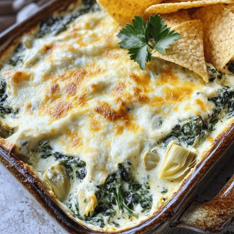 - 2 cups fresh spinach, finely chopped - 1 can (14 oz) artichoke hearts, thoroughly drained and chopped - 1 cup cream cheese, softened to room temperature - 1 cup sour cream - 1 cup shredded mozzarella cheese - 1/2 cup grated Parmesan cheese - 2 cloves garlic, finely minced - 1 teaspoon onion powder - 1/2 teaspoon red pepper flakes (optional) - Salt and freshly ground black pepper, to taste - Tortilla chips or sliced baguette, for serving I love using fresh spinach and artichokes in this dip. They bring vibrant flavors and colors. The cream cheese and sour cream make the dip creamy and rich. I always choose full-fat versions for the best texture. The mozzarella and Parmesan add depth to the flavor. I prefer shredding my mozzarella for a better melt. Fresh garlic gives it a wonderful aroma. Onion powder adds a nice kick, and red pepper flakes can give it heat. If you like spice, add more! I often serve this dip with crispy tortilla chips or warm baguette slices. They make great vehicles for scooping. You can find the full recipe above for easy reference. Enjoy experimenting with your own twists! - Preheat oven to 350°F (175°C). - Mix cream cheese and sour cream until smooth. - Fold in chopped spinach and artichokes. First, you want to preheat your oven. This step ensures your dip cooks evenly. Next, take your bowl and mix the cream cheese with the sour cream. Use a spatula or a whisk. You want it creamy and smooth, no lumps allowed! After that, fold in the spinach and chopped artichokes. Make sure they are well combined with the cream. - Add mozzarella and Parmesan cheese. - Incorporate garlic, onion powder, and spices. - Spoon mixture into a baking dish. Now it's time to add the cheeses. Sprinkle in the shredded mozzarella and grated Parmesan. Stir until everything is mixed well. Then, add the minced garlic, onion powder, and any spices you like. I often add a pinch of salt and pepper. Finally, spoon the mixture into a baking dish. Spread it out evenly. - Bake for 25-30 minutes until bubbly and golden. - Cool slightly before serving. Place your dish in the oven. Bake for about 25 to 30 minutes. You want it bubbly and golden on top. When it's done, take it out and let it cool for a few minutes. This waiting time helps the flavors settle. Now, you are ready to enjoy your creamy spinach and artichoke dip! For the complete recipe, check out the Full Recipe section. Serve this dip warm for the best taste. Use crispy tortilla chips or slices of baguette for dipping. Both options add great texture and flavor. For extra flair, garnish with fresh parsley. It adds a pop of color and freshness. If you're looking for lower-fat options, consider using Greek yogurt instead of cream cheese. It keeps the dip creamy while cutting calories. For a vegan version, try using cashew cheese or a plant-based cream cheese. Both options work well and keep the flavor strong. To get the perfect texture, bake for 25 to 30 minutes at 350°F (175°C). If you want a thicker dip, add more cream cheese. For a creamier dip, mix in extra sour cream. Adjust these to find your ideal balance. {{image_4}} You can turn up the heat with this spicy twist. Adding jalapeños gives a nice kick. You can also sprinkle in more red pepper flakes for extra spice. For a creamy heat, try incorporating pepper jack cheese. This will add a delicious depth to your dip. This version brings in fresh Mediterranean flavors. You can include sun-dried tomatoes or olives for a tangy touch. If you want a different flavor, substitute feta cheese for the Parmesan. This change adds a tasty, briny note that pairs well with the artichokes. Want a healthier option? Use Greek yogurt instead of sour cream. This keeps the dip creamy while cutting carbs. For dipping, serve with veggie sticks instead of chips. Crunchy carrots or bell peppers work great and add nutrition. For the full recipe, check out the ingredients and instructions provided above. How long does the dip last in the fridge? Creamy spinach and artichoke dip lasts up to four days in the fridge. Store it in an airtight container to keep it fresh. This will help prevent it from drying out. What are the best practices for storing leftovers? Always let the dip cool before storing. Cover it tightly with plastic wrap or a lid. Reheating it will be easy if you store it well. How do I freeze the dip? You can freeze creamy spinach and artichoke dip for up to three months. Place it in a freezer-safe container. Be sure to leave some space for expansion. What are the thawing and reheating tips? To thaw, move the dip to the fridge overnight. When ready to reheat, bake it at 350°F (175°C) until hot. Stir it well to regain its creamy texture. What are the best methods to warm up leftovers? The oven is the best for reheating. Bake at 350°F (175°C) for about 15 to 20 minutes. This keeps the dip warm and bubbling. How can I maintain the dip's creamy texture? Stir in a bit of cream or sour cream if it looks thick. This will help bring back its smoothness and flavor. Yes, you can prepare this dip in advance. Mix all the ingredients and place them in a baking dish. Cover it tightly with plastic wrap and store it in the fridge. When you’re ready to enjoy it, bake it for 25-30 minutes at 350°F (175°C). This way, you save time and still serve a hot, tasty dip. You have many options for pairing with this dip. Here are some ideas: - Tortilla chips - Sliced baguette - Fresh vegetable sticks like carrots and celery - Pita chips - Crackers These options add crunch and flavor, making your dip experience even better. To boost the nutrition of this dip, consider adding more veggies. You can mix in chopped bell peppers, mushrooms, or zucchini. You can also opt for low-fat dairy products, like low-fat cream cheese or yogurt. This keeps the creamy texture while cutting down on calories. Yes, this dip is vegetarian-friendly. All the ingredients, like spinach, artichokes, and dairy, do not contain meat. This makes it a great choice for anyone following a vegetarian diet. To reheat this dip, place it in the oven at 350°F (175°C). Bake for about 15-20 minutes until it’s warm and bubbly. You can also use the microwave, but be cautious. Heat it in short bursts to avoid drying it out. This keeps the dip creamy and enjoyable. This blog post covered the key steps to make creamy spinach and artichoke dip. We looked at ingredients, preparation, baking instructions, and serving ideas. With tips for variations and storage, you now have everything you need to enjoy this dish. Whether you keep it classic or mix it up, this dip is sure to please. Get ready to impress your guests with your new skills! Enjoy every cheesy, flavorful bite.