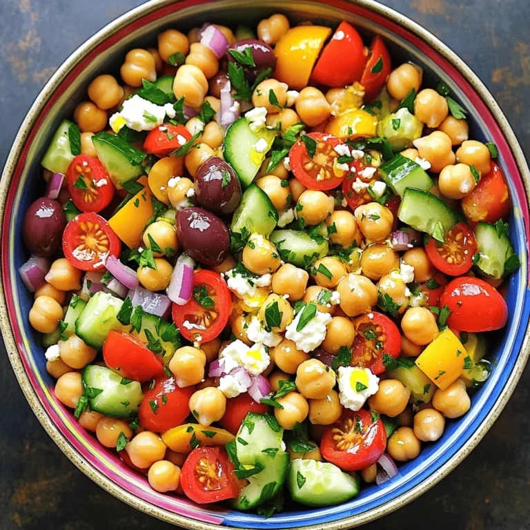 To make a tasty Mediterranean chickpea salad, gather these ingredients: - 1 can (15 oz) chickpeas, thoroughly rinsed and drained - 1 cup cherry tomatoes, halved for sweetness - 1 medium cucumber, diced for crunch - ½ small red onion, finely chopped for a mild bite - 1 bell pepper (any vibrant color), diced for color and flavor - ½ cup kalamata olives, pitted and sliced for a briny touch - ¼ cup feta cheese, crumbled to add creaminess - ¼ cup fresh parsley, finely chopped for freshness - 3 tablespoons extra virgin olive oil for a rich dressing - 2 tablespoons freshly squeezed lemon juice for brightness - 1 teaspoon dried oregano for herbal notes - Salt and black pepper, to taste I often use canned chickpeas for their convenience. They save time and are easy to find. Just remember to rinse them well. Fresh chickpeas, if you can find them, offer a firmer texture. You can cook them from dried, but it takes longer. Choose based on your time and taste. Feel free to personalize your salad! Here are some fun ideas: - Add diced avocado for creaminess. - Toss in some arugula for a peppery kick. - Include diced artichokes for a tangy flavor. - Try roasted red peppers for a smoky taste. These add-ins can make your salad even more exciting. Mix and match to find your favorite twist! For the full recipe, check out the detailed instructions. Start by rinsing and draining the chickpeas. Use a can of chickpeas for ease. Next, cut the cherry tomatoes in half. Dice the cucumber into small pieces. Finely chop the red onion. Dice the bell pepper into bite-sized chunks. Lastly, slice the kalamata olives. This mix of fresh veggies will create a colorful salad. In a large mixing bowl, combine the chickpeas, cherry tomatoes, cucumber, red onion, bell pepper, and olives. This step brings together a variety of flavors and textures. Next, sprinkle in the crumbled feta cheese and chopped parsley. This adds a creamy touch and fresh taste to the mix. In a separate small bowl, whisk together three tablespoons of extra virgin olive oil and two tablespoons of freshly squeezed lemon juice. Add one teaspoon of dried oregano, salt, and black pepper. Whisk until the dressing is smooth. This dressing will bring all the salad flavors together. Drizzle the dressing over the chickpea mixture. Use a large spoon or spatula to gently toss everything together. Make sure every ingredient is coated with the dressing. This ensures each bite is full of flavor. Taste the salad and adjust the flavors to your liking. You may want more salt, black pepper, or lemon juice. Feel free to tweak it until it’s perfect for you. Let the salad sit for at least 15 minutes. This resting time helps the flavors meld. Enjoy your Mediterranean Chickpea Salad! For the full recipe, check the details above. Let your Mediterranean chickpea salad rest. I suggest 15 minutes at room temperature. This simple step allows the flavors to mix well. You will notice a big difference in taste. Seasoning can transform your salad. Use salt and black pepper to bring out the flavors. A squeeze of fresh lemon juice adds brightness. You can also try herbs like dill or basil for a twist. Experiment with different spices to find your favorite mix. Make your salad look as good as it tastes. Serve it in a large, colorful bowl to show off the vibrant ingredients. Sprinkle extra feta cheese on top for a creamy touch. Fresh parsley leaves add a pop of green. For a complete meal, pair the salad with warm pita bread or crunchy pita chips. This adds more texture and flavor to your dining experience. For the full recipe, check out the Mediterranean Chickpea Salad details. {{image_4}} You can easily make this salad vegan. Just skip the feta cheese. Use avocado instead for creaminess. If you need a gluten-free option, this salad is already gluten-free! All the ingredients are safe to enjoy. You can swap out ingredients based on what you have. For example, use sunflower seeds instead of feta for a nutty taste. Seasonal veggies add freshness to your salad. In spring, try adding asparagus or snap peas for crunch. In summer, use ripe heirloom tomatoes for sweetness. In fall, roasted butternut squash brings warmth. In winter, kale can add a hearty texture. Using seasonal ingredients makes the salad taste even better. Want to boost protein? Add cooked chicken or tuna for a hearty meal. These options keep the salad filling and flavorful. You can also add more beans, like black beans or kidney beans, for a plant-based boost. Mixing in protein keeps your meal balanced and satisfying. Enjoy the full recipe to explore these delicious options! To keep your Mediterranean chickpea salad fresh, store it in an airtight container. Make sure to remove as much air as possible. This helps prevent spoilage and keeps the flavors intact. If you notice any moisture in the container, use a paper towel to absorb it. Always label the container with the date you made the salad. Your salad will last about 3 to 5 days in the fridge. After three days, check for any changes in smell or appearance. If it looks or smells off, it's best to toss it out. Enjoy the salad within this time frame for the best taste and texture. Freezing the Mediterranean chickpea salad is not recommended. The fresh vegetables can lose their crispness and flavor when thawed. However, you can freeze individual ingredients, like chickpeas or feta cheese. This way, you can easily make a fresh salad later. If you want to enjoy the salad again, it's best to make a new batch instead of freezing it. You can serve this salad with warm pita bread. Pita chips also make a great side. If you want a heartier meal, pair it with grilled chicken or fish. This adds protein and makes your meal more filling. Yes, you can make this salad ahead of time. It tastes even better when the flavors meld. Just keep it in the fridge for up to two days. If you want, add the dressing just before serving to keep it fresh. Absolutely! Mediterranean Chickpea Salad is naturally gluten-free. The main ingredients like chickpeas and veggies do not contain gluten. It is a safe option for anyone avoiding gluten in their diet. To add spice, try adding diced jalapeños or chili flakes. You can also use a spicy olive oil for the dressing. These small changes will give your salad a nice kick without overpowering it. This salad is rich in protein and fiber from the chickpeas. It also has healthy fats from the olive oil and olives. Each serving contains about 200 calories, 8 grams of protein, and 10 grams of healthy fats. For a full recipe, check out the Mediterranean Chickpea Salad section. This Mediterranean Chickpea Salad is healthy, tasty, and easy to make. We covered the key ingredients, like fresh or canned chickpeas, and discussed fun add-ins. I shared step-by-step instructions for making the salad and tips for serving it well. Explore variations to fit your tastes and learn best practices for storage. Whether it's a side dish or main meal, you can enjoy this salad any time. Dive in and create your own delicious version today!
